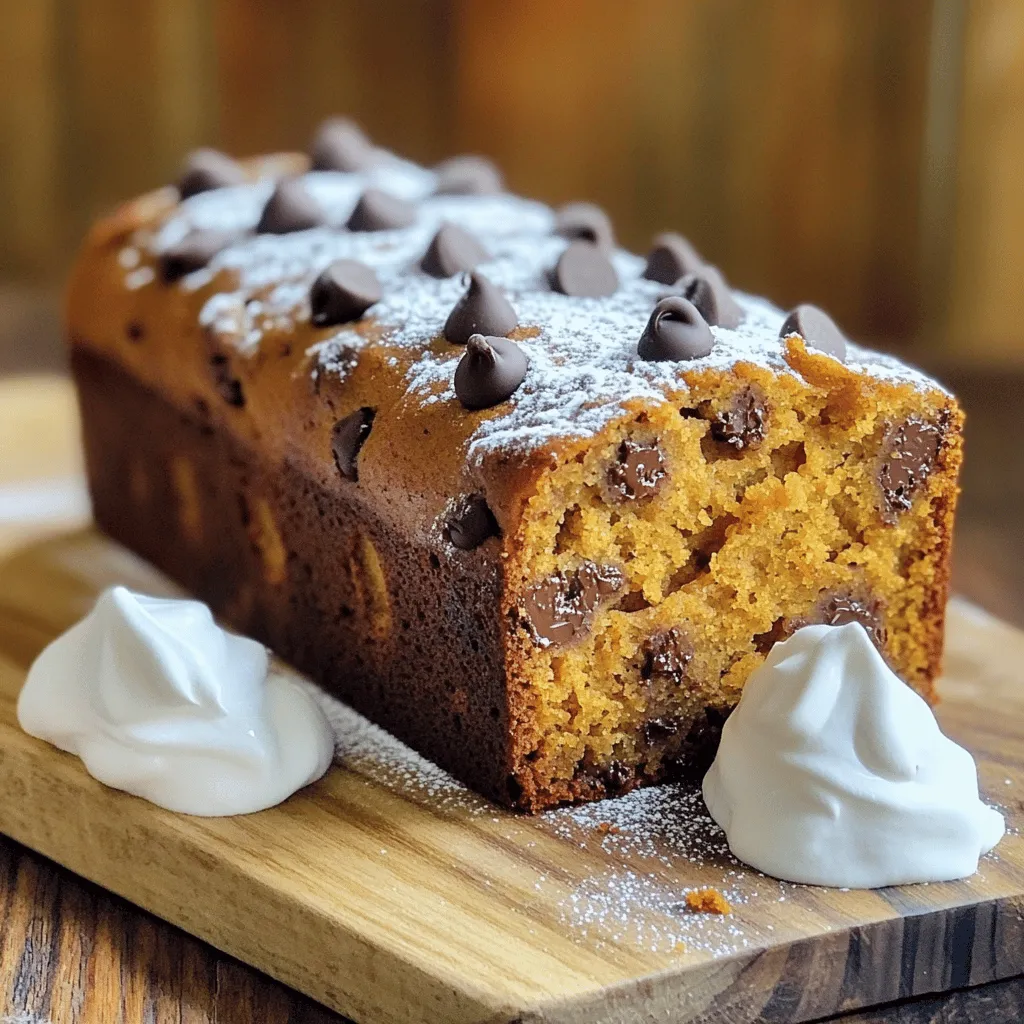 Here’s what you need to make this tasty bread: - 1 cup all-purpose flour - 1 cup whole wheat flour - 1 teaspoon baking powder - 1 teaspoon baking soda - 1 teaspoon ground cinnamon - 1/2 teaspoon ground nutmeg - 1/2 teaspoon salt - 1 cup canned pumpkin puree - 1/2 cup brown sugar, packed - 1/4 cup granulated sugar - 1/2 cup vegetable oil - 1/4 cup applesauce - 2 large eggs - 1 teaspoon vanilla extract - 1 cup semi-sweet chocolate chips - 1/2 cup chopped walnuts (optional) Using fresh pumpkin puree is a great choice. Fresh puree gives your bread a rich taste. It also adds a vibrant color. Canned pumpkin works too, but fresh makes a difference. You can add nuts or spices for extra flavor. Chopped walnuts add crunch and a nutty taste. You can also try adding ginger or cloves for warmth. This gives your bread a unique twist. First, we need to preheat the oven to 350°F (175°C). This step is crucial. A hot oven helps the bread rise well. While it heats up, let's prepare our loaf pan. You can grease a 9x5 inch loaf pan or line it with parchment paper. This makes sure the bread doesn’t stick later. Next, we move on to the dry ingredients. In a large mixing bowl, whisk together: - 1 cup all-purpose flour - 1 cup whole wheat flour - 1 teaspoon baking powder - 1 teaspoon baking soda - 1 teaspoon ground cinnamon - 1/2 teaspoon ground nutmeg - 1/2 teaspoon salt Mix these well. This helps spread the flavors evenly. Now, let's combine the wet ingredients. In another bowl, mix together: - 1 cup canned pumpkin puree - 1/2 cup brown sugar, packed - 1/4 cup granulated sugar - 1/2 cup vegetable oil - 1/4 cup applesauce - 2 large eggs - 1 teaspoon vanilla extract Whisk until smooth and well blended. This mixture brings moisture and flavor to our bread. Now, it's time to combine the wet and dry ingredients. Gradually pour the wet ingredients into the dry mix. Stir gently until just combined. Be careful not to overmix. This keeps the bread light and fluffy. If you like, fold in 1 cup of semi-sweet chocolate chips and 1/2 cup of chopped walnuts. Next, pour the batter into your prepared loaf pan. Spread it evenly. This ensures even baking. Bake in your preheated oven for 55-65 minutes. You’ll know it’s done when a toothpick inserted into the center comes out clean. The top should be golden brown. Let the bread cool in the pan for about 10 minutes. After that, transfer it to a wire rack to cool completely. Now you can slice it and enjoy your delicious chocolate chip pumpkin bread! To make the best chocolate chip pumpkin bread, avoid overmixing. When you mix the wet and dry ingredients, stir just until combined. Overmixing can make the bread dense and tough. Keep it light for a fluffy texture. Check for doneness around the 55-minute mark. Insert a toothpick into the center. If it comes out clean, the bread is done. If it has batter on it, bake for a few more minutes. Don't rush this step; it ensures a perfect loaf. Using room temperature ingredients helps with better mixing. When your eggs and pumpkin puree are warm, they blend easily. This creates a smooth batter and helps the bread rise well. For a delightful treat, pair your chocolate chip pumpkin bread with toppings. A dollop of whipped cream or a scoop of vanilla ice cream works wonders. The creaminess complements the sweet bread perfectly. Presentation matters, too. Serve the bread warm and dust it with powdered sugar. This simple touch adds charm and makes it look extra tasty. You can slice it neatly and arrange it on a colorful plate for a beautiful display. {{image_2}} You can change the taste of your chocolate chip pumpkin bread easily. Adding spices brings warmth. Try adding a teaspoon of ground ginger or cloves. These spices add a nice kick and depth of flavor. Each bite will burst with new tastes. For chocolate lovers, switch up the chocolate types. You can use dark chocolate chips or even white chocolate. Dark chocolate gives a rich, bold flavor. White chocolate adds a sweet, creamy touch. Mix and match to find your favorite combo. If you need a gluten-free option, use different flours. Almond flour or oat flour works great. These flours keep the bread moist and tasty. You won’t miss the gluten at all! Want to make it vegan? You can swap eggs and dairy easily. Use flaxseed meal mixed with water as an egg substitute. For a dairy-free option, replace milk with almond or coconut milk. This way, everyone can enjoy this yummy treat! Check out the Full Recipe for more details and tips. To keep your chocolate chip pumpkin bread fresh, store it at room temperature. Wrap the bread tightly in plastic wrap or foil. This helps prevent it from drying out. You can also place it in an airtight container. Keep it in a cool, dry place, away from heat. If you want to save it for later, freezing is a great option. Slice the bread first for easy thawing. Wrap each slice in plastic wrap. Then, place them in a freezer bag. This way, you can take out just what you need. When stored properly, chocolate chip pumpkin bread lasts about 3 to 4 days at room temperature. In the fridge, it can stay fresh for up to a week. Look for signs of spoilage. If you see mold or notice an off smell, it’s time to discard it. If the bread feels dry or hard, it may not taste good anymore. Always trust your senses when deciding to eat or toss food. Can I use fresh pumpkin instead of canned? Yes, you can use fresh pumpkin. Just cook it, mash it, and drain excess water. Canned pumpkin is convenient, but fresh offers great flavor. Both will work well in this recipe. How can I make my pumpkin bread more moist? To add moisture, try these tips: - Use a mix of applesauce and oil. - Add an extra egg. - Include yogurt or sour cream. These options keep your bread soft and tasty. Can I double the recipe for a larger batch? Yes, you can double it easily. Just mix more ingredients in a larger bowl. Use two loaf pans or one big pan. Adjust the baking time if needed. Each slice of this chocolate chip pumpkin bread has about 200 calories. It includes: - 3 grams of protein - 10 grams of fat - 25 grams of carbs To make it healthier, reduce sugar or use whole wheat flour. You can also add nuts for extra protein and healthy fats. Check out the [Full Recipe](#) for Chocolate Chip Pumpkin Bread. To bake this bread, you will need: - A mixing bowl - A whisk - A loaf pan (9x5 inch) - A spatula Using the right tools helps you bake the best bread! In this article, we covered how to make chocolate chip pumpkin bread, focusing on key ingredients, preparation steps, and baking tips. Using fresh pumpkin puree enhances flavor, while optional spices and nuts add variety. Remember, avoid overmixing to keep your bread light and fluffy. After baking, enjoy it warm with toppings for extra taste. Wrap your bread properly to maintain freshness, and freeze any leftovers for later. This recipe offers many tasty variations to explore, so have fun experimenting in your kitchen!