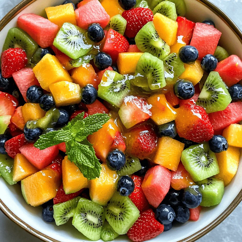 - 2 cups watermelon, cubed - 1 cup strawberries, sliced - 1 cup blueberries - 2 ripe kiwis, peeled and sliced - 1 cup cantaloupe, cubed Using fresh fruits makes this salad bright and tasty. Each fruit adds its own flavor and texture. - Watermelon: Sweet and juicy, it keeps the salad refreshing. - Strawberries: Their sweetness brings a nice balance to the mix. - Blueberries: These tiny berries add a burst of flavor. - Kiwis: Their tangy taste pairs well with the sweeter fruits. - Cantaloupe: This fruit adds a soft texture and mild sweetness. - 1 tablespoon honey - 2 tablespoons fresh lime juice - Zest of 1 lime - Fresh mint leaves for garnish (optional) The dressing is what makes this fruit salad pop. - Honey: It adds a natural sweetness that ties all the flavors together. - Fresh lime juice: This brings a bright, zesty kick to the salad. - Lime zest: The zest gives an extra burst of lime flavor. - Fresh mint leaves (optional): These add a refreshing touch and a splash of color. For the full recipe, check out the instructions. Start by washing all your fruits well. Use fresh, ripe fruits for the best taste. For cubing the watermelon and cantaloupe, cut them in half. Then, slice into wedges. Cut those wedges into small cubes. For strawberries, remove the green leaves first. Then, slice them into thin rounds. Kiwis should be peeled and sliced into half-moons. Finally, wash the blueberries and leave them whole. Now, combine all the fruits in a large mixing bowl. You want a colorful mix, so use each fruit. This mix will be the base of your salad. In a small bowl, add one tablespoon of honey. Then, squeeze in two tablespoons of fresh lime juice. Grate the zest of one lime and add that too. Next, take a whisk and mix these ingredients well. You want the honey to blend with the lime juice. This dressing gives your fruit a sweet and tangy flavor. Now, it’s time to drizzle the honey-lime mixture on the fruit. Pour it slowly over the fruit in the large bowl. Using a large spoon, gently toss the fruit. Make sure every piece gets coated in the dressing. Let the fruit salad sit for about ten minutes. This time helps the flavors meld together. When ready to serve, place the fruit in individual bowls or on a nice platter. If you like, add fresh mint leaves on top for a pop of color. Enjoy your fresh and tasty honey lime fruit salad! For more details, check the Full Recipe. When making honey lime fruit salad, choose seasonal fruits for the best flavor. Fresh fruits taste great, and they are often cheaper. Look for fruits that are ripe but not overripe. Here are some ripeness indicators to help you: - Watermelon: It should feel heavy for its size, and the skin should have a dull finish. - Strawberries: Look for bright red color and a fresh green cap. - Blueberries: Choose plump berries with a deep blue hue. - Kiwis: A ripe kiwi gives slightly when you press it gently. - Cantaloupe: It should smell sweet and feel slightly soft at the stem end. Marinating the fruit salad can bring out the flavors even more. Let the salad sit for about 10 minutes after mixing. This allows the honey and lime to soak into the fruit. If you want to try different sweeteners, consider using maple syrup or agave. These can add a unique twist to your salad without losing the fresh taste. Serving your honey lime fruit salad can change the vibe of your meal. You can use small bowls for individual servings or a large platter for a family-style option. A platter looks beautiful and encourages sharing. To make it even more special, garnish with fresh mint leaves. This adds a pop of color and a refreshing touch. For the full recipe, check out the details above. {{image_2}} You can make this salad even better by adding other fruits. Pineapple adds a sweet and tangy touch. It also gives a tropical vibe. Just chop it into bite-sized pieces. Grapes are another great choice. They bring a nice crunch and sweetness. You can use green or red grapes. Both work well in this salad. If you want a vegan version, you can change the dressing. Instead of honey, use agave syrup. It offers a similar sweetness but is plant-based. This keeps the salad light and fresh. You can also try other dressings like a splash of orange juice or a mix of lemon and maple syrup. To turn the salad into a meal, you can pair it with yogurt. A dollop on top adds creaminess and protein. You can also sprinkle nuts for crunch. Almonds or walnuts work best. They add healthy fats and make the dish more filling. Enjoy your honey lime fruit salad as a snack or a light meal! Check out the Full Recipe for more details. To keep your honey lime fruit salad fresh, store it in an airtight container. This helps prevent the fruit from drying out. Place the container in the fridge right after serving. You can enjoy the leftovers for lunch or a snack later. Just remember to eat it within a few days for the best taste. This salad is best when fresh. If stored properly, it can last up to three days in the fridge. After that, the fruit may start to lose its crunch and flavor. The honey-lime dressing helps keep everything juicy and tasty for a while. You can freeze honey lime fruit salad, but it may change in texture. The fruit might become mushy when thawed. If you decide to freeze it, use a freezer-safe container. When ready to eat, thaw it overnight in the fridge. Enjoy it as a quick snack or a sweet treat! For the full recipe, check out the main article. You can use many fruits in a honey lime fruit salad. Some great choices are: - Watermelon - Strawberries - Blueberries - Kiwis - Cantaloupe These fruits blend well together. They add color and flavor. You can also mix in others like pineapple or grapes for a twist. Yes, you can use bottled lime juice. However, fresh lime juice tastes better. It gives a brighter flavor. Fresh lime juice enhances the overall taste of the salad. If you do use bottled juice, make sure it is 100% lime juice without added sugars. Definitely! Honey lime fruit salad is great for kids. It is colorful and sweet. The honey adds a nice touch without being too sugary. Plus, it helps kids eat more fruit. Just keep an eye on any allergy issues with specific fruits. You can store honey lime fruit salad in the fridge for about 1-2 days. The fruit stays fresh, but it may get a bit soggy over time. Keep it in an airtight container to keep it fresh longer. Yes, you can prepare it ahead of time. Just mix the fruits and dressing separately. Combine them right before serving. This keeps the fruit from getting mushy. To make it healthier, use less honey. You can also add nuts for crunch and protein. Chia seeds are another good option. They add fiber and healthy fats. Absolutely! Honey lime fruit salad is perfect for parties. It looks great, tastes fresh, and is easy to make. Serve it in a large bowl or individual cups. Your guests will love it! For the complete recipe, check out the Full Recipe. This blog post explored the joys of making a honey lime fruit salad. We covered fresh fruits like watermelon and strawberries, along with a simple dressing of honey and lime. I shared tips for choosing ripe fruits and enhancing flavors. You learned ways to present your salad and even how to store leftovers. In the end, this salad is fun, fresh, and perfect for any meal. Try it out and enjoy!