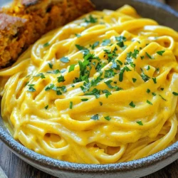 For this creamy vegan pumpkin Alfredo, you will need: - 1 cup pumpkin puree (canned or homemade) - 1 cup cashews (soaked for at least 2 hours) - 1 cup vegetable broth - 2 tablespoons nutritional yeast - 2 cloves garlic, minced - 1 teaspoon onion powder - ½ teaspoon nutmeg - Salt and pepper to taste - 1 tablespoon olive oil - 12 oz fettuccine (or pasta of choice) - Fresh parsley, chopped (for garnish) This dish packs a lot of flavor and nutrients. Here’s a quick overview: - Calories: About 350 per serving - Protein: 10g - Carbohydrates: 50g - Fat: 14g - Fiber: 4g This meal is not only tasty but also gives you energy and vitamins. The cashews add protein, while the pumpkin is rich in vitamins A and C. You can easily swap some ingredients based on what you have. Here are a few ideas: - Cashews: Use sunflower seeds or silken tofu for a nut-free option. - Vegetable broth: Chicken broth can be used if not strictly vegan. - Fettuccine: Any pasta works well, like penne or gluten-free options. - Nutritional yeast: You can skip it, but it adds a cheesy flavor. These swaps keep the dish delicious while making it fit your tastes or needs. For the full recipe, check out the cooking instructions. To start, fill a large pot with water. Add a good pinch of salt and bring it to a boil. Once it’s bubbling, add 12 oz of fettuccine or your pasta of choice. Cook the pasta according to the package instructions until it's al dente. This usually takes about 8 to 10 minutes. When done, drain the pasta in a colander and set it aside. Make sure not to rinse it; you want to keep that nice starch! Next, let’s make the creamy sauce. Grab your blender and add 1 cup of soaked cashews, 1 cup of pumpkin puree, and 1 cup of vegetable broth. Toss in 2 tablespoons of nutritional yeast, 2 minced garlic cloves, 1 teaspoon of onion powder, and ½ teaspoon of nutmeg. Add a pinch of salt and pepper to taste. Blend everything until it’s smooth and creamy. If the sauce seems too thick, just add a bit more vegetable broth to get it to your liking. Now, let’s bring it all together! In a saucepan, heat 1 tablespoon of olive oil over medium heat. Pour in your blended pumpkin Alfredo sauce and let it simmer for about 3 to 5 minutes. Remember to stir occasionally so it doesn’t stick. Once the sauce is warm, add your cooked fettuccine into the pan. Gently toss the pasta in the sauce until it’s well coated. Cook it all together for another 1 to 2 minutes to heat through. Now you’re ready to enjoy a rich and creamy vegan pumpkin Alfredo! Serve it warm and don’t forget to check out the Full Recipe for more tips! To make your sauce creamy, soak the cashews. Soaking for at least two hours works best. This softens them and helps blend smoothly. Blend the cashews with pumpkin puree and broth until very smooth. If your sauce feels too thick, add more vegetable broth. This will help you reach the right texture for your Vegan Pumpkin Alfredo. Want to boost the taste? Try adding more garlic or onion powder. You can also mix in fresh herbs like sage or thyme. These herbs add depth and a fragrant touch. A pinch of cayenne will give your dish a gentle kick. Nutritional yeast adds a cheesy flavor that makes the dish pop. Garnishing is key to making your dish look great. Use fresh parsley as a bright touch on top. You can also sprinkle extra nutritional yeast for a cheesy look. A drizzle of olive oil adds shine and richness. For a fun twist, add roasted pumpkin seeds for crunch. These simple toppings make your Vegan Pumpkin Alfredo even more appealing. For the complete recipe, check out the Full Recipe section. {{image_2}} You can switch up the pasta type in this dish. While I love fettuccine, any pasta works. Try penne, rotini, or even gluten-free options. Each shape holds the creamy sauce differently. You might find a new favorite with just a simple change. Adding veggies boosts the flavor and nutrition. You can mix in spinach, kale, or roasted broccoli. For added protein, toss in chickpeas or tofu. These additions make the dish more filling. Plus, they add color and texture to your plate. Get creative with what you have on hand. You can easily tweak the flavor to suit your taste. For a spicier kick, add red pepper flakes or chili powder. If you like a smoky taste, try a dash of smoked paprika. Fresh herbs like basil or thyme can brighten the dish. Taste your sauce as you go, and make it yours! For the full recipe, click here: [Full Recipe]. To store your Vegan Pumpkin Alfredo, let it cool down first. Place it in an airtight container. Make sure it is sealed tightly to keep it fresh. Store it in the fridge. It can last for up to three days. To reheat, scoop the pasta into a saucepan. Add a splash of vegetable broth or water. Heat it over low to medium heat. Stir it often until warmed through. You can also use a microwave. Heat it in a microwave-safe dish, covered, for about 1-2 minutes. Stir halfway through for even heating. You can freeze Vegan Pumpkin Alfredo for later use. Use a freezer-safe container. Leave some space at the top, as it may expand. It will keep well for up to three months. When ready to eat, thaw it overnight in the fridge. Reheat it gently on the stove or microwave. Just remember to add a splash of broth to help restore its creaminess. You can find the Full Recipe above. Yes, you can use fresh pumpkin. Just roast or steam it first. After cooking, scoop out the flesh and blend it into a smooth puree. Fresh pumpkin can add a sweeter taste and a vibrant color. Yes, this dish can be gluten-free. Use gluten-free pasta to keep the whole dish safe for those who avoid gluten. Most stores offer great gluten-free options. To spice up your sauce, add cayenne pepper or red pepper flakes. Start with a small pinch and taste as you go. You can also add a dash of hot sauce for more heat. This dish pairs well with a fresh salad or garlic bread. Try adding roasted vegetables for extra flavor and nutrients. You can even serve it with a light soup to start your meal. For the full recipe, check out the details above. This blog post covers a delicious Vegan Pumpkin Alfredo. We explored the key ingredients, nutritional facts, and substitutions. You learned step-by-step how to cook pasta, make the cashew sauce, and combine them. Additionally, I shared tips for a creamy texture, flavor boosts, and garnish ideas. We discussed fun variations and how to store leftovers properly. Overall, this dish is flexible and tasty, making dinner fun and easy. Enjoy your cooking!