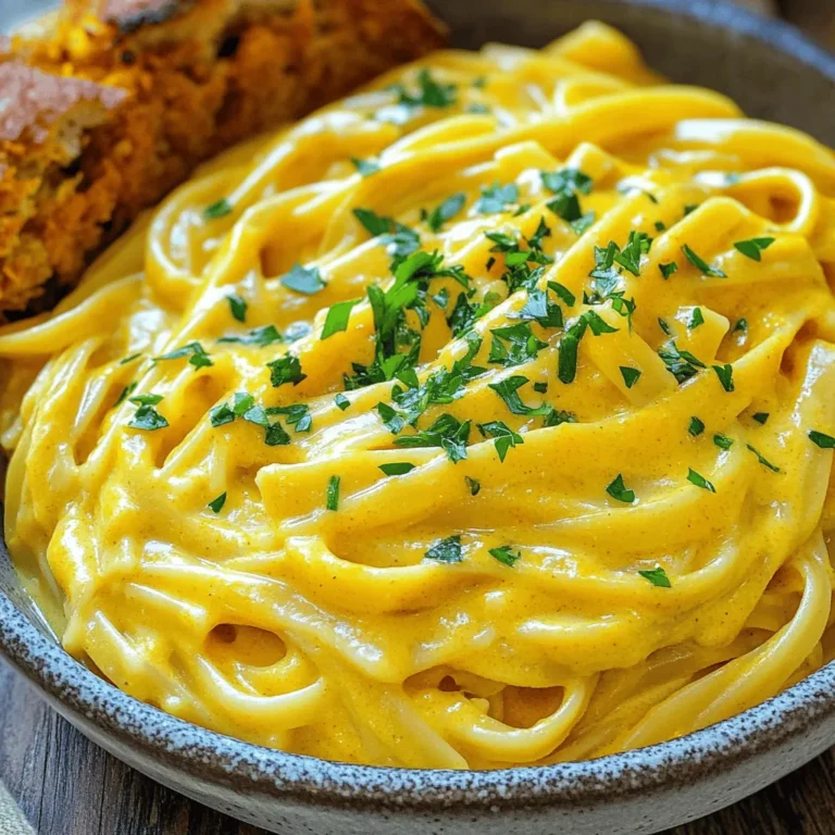 For this creamy vegan pumpkin Alfredo, you will need: - 1 cup pumpkin puree (canned or homemade) - 1 cup cashews (soaked for at least 2 hours) - 1 cup vegetable broth - 2 tablespoons nutritional yeast - 2 cloves garlic, minced - 1 teaspoon onion powder - ½ teaspoon nutmeg - Salt and pepper to taste - 1 tablespoon olive oil - 12 oz fettuccine (or pasta of choice) - Fresh parsley, chopped (for garnish) This dish packs a lot of flavor and nutrients. Here’s a quick overview: - Calories: About 350 per serving - Protein: 10g - Carbohydrates: 50g - Fat: 14g - Fiber: 4g This meal is not only tasty but also gives you energy and vitamins. The cashews add protein, while the pumpkin is rich in vitamins A and C. You can easily swap some ingredients based on what you have. Here are a few ideas: - Cashews: Use sunflower seeds or silken tofu for a nut-free option. - Vegetable broth: Chicken broth can be used if not strictly vegan. - Fettuccine: Any pasta works well, like penne or gluten-free options. - Nutritional yeast: You can skip it, but it adds a cheesy flavor. These swaps keep the dish delicious while making it fit your tastes or needs. For the full recipe, check out the cooking instructions. To start, fill a large pot with water. Add a good pinch of salt and bring it to a boil. Once it’s bubbling, add 12 oz of fettuccine or your pasta of choice. Cook the pasta according to the package instructions until it's al dente. This usually takes about 8 to 10 minutes. When done, drain the pasta in a colander and set it aside. Make sure not to rinse it; you want to keep that nice starch! Next, let’s make the creamy sauce. Grab your blender and add 1 cup of soaked cashews, 1 cup of pumpkin puree, and 1 cup of vegetable broth. Toss in 2 tablespoons of nutritional yeast, 2 minced garlic cloves, 1 teaspoon of onion powder, and ½ teaspoon of nutmeg. Add a pinch of salt and pepper to taste. Blend everything until it’s smooth and creamy. If the sauce seems too thick, just add a bit more vegetable broth to get it to your liking. Now, let’s bring it all together! In a saucepan, heat 1 tablespoon of olive oil over medium heat. Pour in your blended pumpkin Alfredo sauce and let it simmer for about 3 to 5 minutes. Remember to stir occasionally so it doesn’t stick. Once the sauce is warm, add your cooked fettuccine into the pan. Gently toss the pasta in the sauce until it’s well coated. Cook it all together for another 1 to 2 minutes to heat through. Now you’re ready to enjoy a rich and creamy vegan pumpkin Alfredo! Serve it warm and don’t forget to check out the Full Recipe for more tips! To make your sauce creamy, soak the cashews. Soaking for at least two hours works best. This softens them and helps blend smoothly. Blend the cashews with pumpkin puree and broth until very smooth. If your sauce feels too thick, add more vegetable broth. This will help you reach the right texture for your Vegan Pumpkin Alfredo. Want to boost the taste? Try adding more garlic or onion powder. You can also mix in fresh herbs like sage or thyme. These herbs add depth and a fragrant touch. A pinch of cayenne will give your dish a gentle kick. Nutritional yeast adds a cheesy flavor that makes the dish pop. Garnishing is key to making your dish look great. Use fresh parsley as a bright touch on top. You can also sprinkle extra nutritional yeast for a cheesy look. A drizzle of olive oil adds shine and richness. For a fun twist, add roasted pumpkin seeds for crunch. These simple toppings make your Vegan Pumpkin Alfredo even more appealing. For the complete recipe, check out the Full Recipe section. {{image_2}} You can switch up the pasta type in this dish. While I love fettuccine, any pasta works. Try penne, rotini, or even gluten-free options. Each shape holds the creamy sauce differently. You might find a new favorite with just a simple change. Adding veggies boosts the flavor and nutrition. You can mix in spinach, kale, or roasted broccoli. For added protein, toss in chickpeas or tofu. These additions make the dish more filling. Plus, they add color and texture to your plate. Get creative with what you have on hand. You can easily tweak the flavor to suit your taste. For a spicier kick, add red pepper flakes or chili powder. If you like a smoky taste, try a dash of smoked paprika. Fresh herbs like basil or thyme can brighten the dish. Taste your sauce as you go, and make it yours! For the full recipe, click here: [Full Recipe]. To store your Vegan Pumpkin Alfredo, let it cool down first. Place it in an airtight container. Make sure it is sealed tightly to keep it fresh. Store it in the fridge. It can last for up to three days. To reheat, scoop the pasta into a saucepan. Add a splash of vegetable broth or water. Heat it over low to medium heat. Stir it often until warmed through. You can also use a microwave. Heat it in a microwave-safe dish, covered, for about 1-2 minutes. Stir halfway through for even heating. You can freeze Vegan Pumpkin Alfredo for later use. Use a freezer-safe container. Leave some space at the top, as it may expand. It will keep well for up to three months. When ready to eat, thaw it overnight in the fridge. Reheat it gently on the stove or microwave. Just remember to add a splash of broth to help restore its creaminess. You can find the Full Recipe above. Yes, you can use fresh pumpkin. Just roast or steam it first. After cooking, scoop out the flesh and blend it into a smooth puree. Fresh pumpkin can add a sweeter taste and a vibrant color. Yes, this dish can be gluten-free. Use gluten-free pasta to keep the whole dish safe for those who avoid gluten. Most stores offer great gluten-free options. To spice up your sauce, add cayenne pepper or red pepper flakes. Start with a small pinch and taste as you go. You can also add a dash of hot sauce for more heat. This dish pairs well with a fresh salad or garlic bread. Try adding roasted vegetables for extra flavor and nutrients. You can even serve it with a light soup to start your meal. For the full recipe, check out the details above. This blog post covers a delicious Vegan Pumpkin Alfredo. We explored the key ingredients, nutritional facts, and substitutions. You learned step-by-step how to cook pasta, make the cashew sauce, and combine them. Additionally, I shared tips for a creamy texture, flavor boosts, and garnish ideas. We discussed fun variations and how to store leftovers properly. Overall, this dish is flexible and tasty, making dinner fun and easy. Enjoy your cooking!