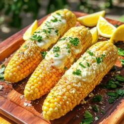You need 4 ears of fresh corn. Look for corn with bright green husks. The kernels should feel plump and firm. Fresh corn makes this dish pop with flavor. This mixture is key to tasty corn. You need: - 4 tablespoons unsalted butter, melted - 3 cloves garlic, minced Melt the butter first. Then stir in the minced garlic. This mix adds rich flavor to each bite. To bring everything together, gather these items: - ½ cup grated Parmesan cheese - 1 teaspoon paprika - ½ teaspoon salt - ¼ teaspoon black pepper - Fresh parsley, chopped for garnish - 1 tablespoon lemon juice (optional) The Parmesan cheese gives a creamy touch. Paprika adds a warm color. Salt and pepper enhance all the flavors. Lastly, fresh parsley brightens the dish. You can add lemon juice for a zesty twist. For the complete cooking guide, check the Full Recipe. Start by husking your corn. Remove all the green leaves and silk. Rinse the ears under cold water to clean them. You want to make sure your corn is fresh and sweet for the best flavor. Use a sharp knife to trim any rough ends. Grab a small bowl and add melted butter. Next, add minced garlic, paprika, salt, and black pepper. Mix these well until everything blends together. This garlic butter will give the corn a rich taste. You can also adjust the garlic level based on your preference, adding more if you love that flavor. You can cook your corn in two ways: grilling or baking. If you grill, preheat to medium-high heat. This method gives the corn nice char marks. Grill each ear for about 10-12 minutes. Be sure to turn them every few minutes for even cooking. If you choose to bake, preheat your oven to 400°F (200°C). Wrap the corn in foil and bake for 20-25 minutes. This method keeps the corn moist and tender. Both ways are tasty, so choose what works best for you. For the full recipe, check the detailed ingredients and steps provided earlier. Enjoy your cooking! To get those lovely grill marks, start with hot grill grates. Place the corn at a 45-degree angle on the grill. This angle helps create nice diagonal marks. Flip it every few minutes for even charring. Don’t rush—let it sit long enough to get those marks without burning. Even cooking is key for perfect corn. Rotate the ears often while grilling. If using the oven, wrap each ear in foil. This traps heat and cooks the corn uniformly. Check for tenderness by piercing with a fork. The corn should be soft but not mushy. Serve your garlic Parmesan corn on a wooden platter for a rustic look. Add fresh lemon wedges for a zesty kick. You can sprinkle extra Parmesan on top for added flavor. For a colorful touch, garnish with chopped parsley. This makes each ear look inviting and fresh. You can find the full recipe in our earlier sections to guide you through each step. {{image_2}} You can boost the cheesy flavor of Garlic Parmesan Corn on the Cob in fun ways. Try adding a mix of cheeses for a richer taste. You can use mozzarella for creaminess or feta for a salty kick. Mixing these cheeses with the Parmesan gives a unique twist. You can also sprinkle extra cheese on top before serving for a cheesy crust. This makes the dish even more indulgent. If you love heat, add some spice to your corn. Mix red pepper flakes into the garlic butter for a fiery kick. You can also try adding jalapeños or hot sauce to the mix. This gives the corn a zesty flavor that pairs well with the cheese. For a smoky taste, use chipotle powder instead of paprika. This small change can create a whole new dish. Fresh herbs can make Garlic Parmesan Corn on the Cob really pop. You can add chopped fresh basil or cilantro for a fresh twist. They add a bright flavor that balances the richness of the cheese and butter. Thyme and rosemary can also work well if you like more earthy notes. Just sprinkle them on top right before serving. This adds color and flavor, making your dish stand out. Explore these variations to find your favorite way to enjoy Garlic Parmesan Corn on the Cob. For the full recipe, check the main article. After enjoying Garlic Parmesan Corn on the Cob, you may have some left. Store leftover corn in an airtight container. Keep it in the fridge. It stays fresh for about three days. If you want to keep it longer, consider freezing. Reheating corn on the cob is easy. You can use the microwave or stovetop. For the microwave, wrap the corn in a damp paper towel and heat for 1-2 minutes. Check to see if it’s warm. On the stovetop, place the corn in boiling water for about 3-5 minutes. This method helps keep the corn juicy. To freeze corn on the cob, first cook it. Once it cools, wrap each ear in plastic wrap or aluminum foil. Place them in a freezer bag. Remove as much air as you can. Corn can stay in the freezer for up to six months. When you’re ready to eat, thaw the corn overnight in the fridge before reheating. For the full recipe, check out the complete Garlic Parmesan Corn on the Cob instructions. To pick the best corn, look for fresh, green husks. The silk at the top should be brown and slightly sticky. Press the kernels through the husk; they should feel firm. If you can, choose organic corn. It often tastes sweeter and has better quality. You can use frozen corn, but it will not taste the same. Fresh corn has a crisp bite and a sweet flavor. If using frozen, thaw it first. Then, add the garlic butter mixture just like fresh corn. Cook it on the grill or in the oven until hot. If you do not have Parmesan cheese, try Pecorino Romano. It has a similar taste but is saltier. You can also use nutritional yeast for a vegan option. It gives a cheesy flavor without dairy. Grated cheddar works too, but it changes the dish’s taste. For the best results, stick to cheese with a strong flavor. For the full recipe and more details, check out the [Full Recipe]. This blog post shared tips for making tasty corn on the cob. You learned about fresh corn, garlic butter, and seasonings, plus ways to grill or bake it. We explored tricks for good grill marks and even cooking. You can try cheesy, spicy, or herb styles too. Don’t forget how to store and reheat leftovers. Always choose the best corn for great flavor. Use this guide to make corn on the cob a fun and delicious treat. Enjoy your cooking adventure!