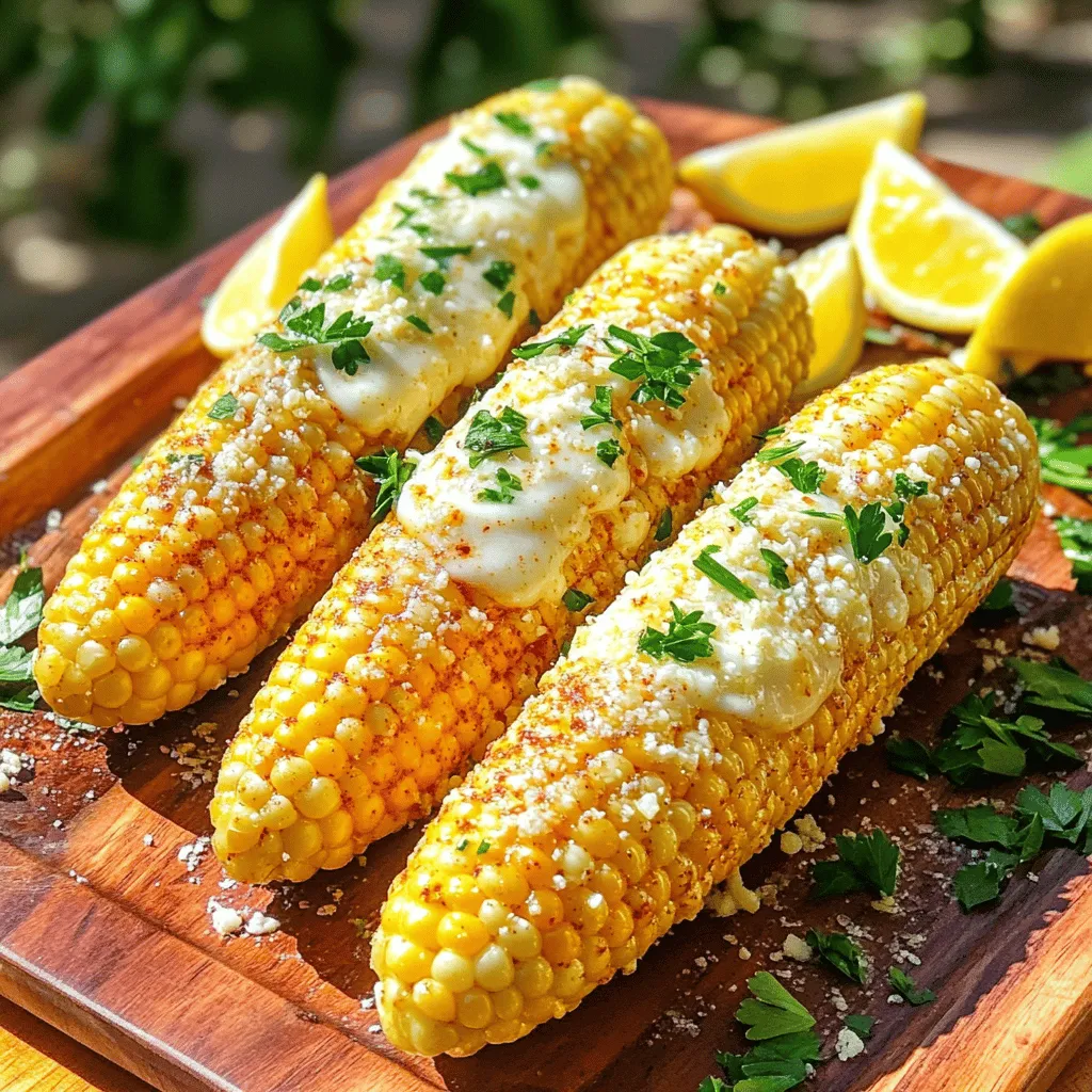 You need 4 ears of fresh corn. Look for corn with bright green husks. The kernels should feel plump and firm. Fresh corn makes this dish pop with flavor. This mixture is key to tasty corn. You need: - 4 tablespoons unsalted butter, melted - 3 cloves garlic, minced Melt the butter first. Then stir in the minced garlic. This mix adds rich flavor to each bite. To bring everything together, gather these items: - ½ cup grated Parmesan cheese - 1 teaspoon paprika - ½ teaspoon salt - ¼ teaspoon black pepper - Fresh parsley, chopped for garnish - 1 tablespoon lemon juice (optional) The Parmesan cheese gives a creamy touch. Paprika adds a warm color. Salt and pepper enhance all the flavors. Lastly, fresh parsley brightens the dish. You can add lemon juice for a zesty twist. For the complete cooking guide, check the Full Recipe. Start by husking your corn. Remove all the green leaves and silk. Rinse the ears under cold water to clean them. You want to make sure your corn is fresh and sweet for the best flavor. Use a sharp knife to trim any rough ends. Grab a small bowl and add melted butter. Next, add minced garlic, paprika, salt, and black pepper. Mix these well until everything blends together. This garlic butter will give the corn a rich taste. You can also adjust the garlic level based on your preference, adding more if you love that flavor. You can cook your corn in two ways: grilling or baking. If you grill, preheat to medium-high heat. This method gives the corn nice char marks. Grill each ear for about 10-12 minutes. Be sure to turn them every few minutes for even cooking. If you choose to bake, preheat your oven to 400°F (200°C). Wrap the corn in foil and bake for 20-25 minutes. This method keeps the corn moist and tender. Both ways are tasty, so choose what works best for you. For the full recipe, check the detailed ingredients and steps provided earlier. Enjoy your cooking! To get those lovely grill marks, start with hot grill grates. Place the corn at a 45-degree angle on the grill. This angle helps create nice diagonal marks. Flip it every few minutes for even charring. Don’t rush—let it sit long enough to get those marks without burning. Even cooking is key for perfect corn. Rotate the ears often while grilling. If using the oven, wrap each ear in foil. This traps heat and cooks the corn uniformly. Check for tenderness by piercing with a fork. The corn should be soft but not mushy. Serve your garlic Parmesan corn on a wooden platter for a rustic look. Add fresh lemon wedges for a zesty kick. You can sprinkle extra Parmesan on top for added flavor. For a colorful touch, garnish with chopped parsley. This makes each ear look inviting and fresh. You can find the full recipe in our earlier sections to guide you through each step. {{image_2}} You can boost the cheesy flavor of Garlic Parmesan Corn on the Cob in fun ways. Try adding a mix of cheeses for a richer taste. You can use mozzarella for creaminess or feta for a salty kick. Mixing these cheeses with the Parmesan gives a unique twist. You can also sprinkle extra cheese on top before serving for a cheesy crust. This makes the dish even more indulgent. If you love heat, add some spice to your corn. Mix red pepper flakes into the garlic butter for a fiery kick. You can also try adding jalapeños or hot sauce to the mix. This gives the corn a zesty flavor that pairs well with the cheese. For a smoky taste, use chipotle powder instead of paprika. This small change can create a whole new dish. Fresh herbs can make Garlic Parmesan Corn on the Cob really pop. You can add chopped fresh basil or cilantro for a fresh twist. They add a bright flavor that balances the richness of the cheese and butter. Thyme and rosemary can also work well if you like more earthy notes. Just sprinkle them on top right before serving. This adds color and flavor, making your dish stand out. Explore these variations to find your favorite way to enjoy Garlic Parmesan Corn on the Cob. For the full recipe, check the main article. After enjoying Garlic Parmesan Corn on the Cob, you may have some left. Store leftover corn in an airtight container. Keep it in the fridge. It stays fresh for about three days. If you want to keep it longer, consider freezing. Reheating corn on the cob is easy. You can use the microwave or stovetop. For the microwave, wrap the corn in a damp paper towel and heat for 1-2 minutes. Check to see if it’s warm. On the stovetop, place the corn in boiling water for about 3-5 minutes. This method helps keep the corn juicy. To freeze corn on the cob, first cook it. Once it cools, wrap each ear in plastic wrap or aluminum foil. Place them in a freezer bag. Remove as much air as you can. Corn can stay in the freezer for up to six months. When you’re ready to eat, thaw the corn overnight in the fridge before reheating. For the full recipe, check out the complete Garlic Parmesan Corn on the Cob instructions. To pick the best corn, look for fresh, green husks. The silk at the top should be brown and slightly sticky. Press the kernels through the husk; they should feel firm. If you can, choose organic corn. It often tastes sweeter and has better quality. You can use frozen corn, but it will not taste the same. Fresh corn has a crisp bite and a sweet flavor. If using frozen, thaw it first. Then, add the garlic butter mixture just like fresh corn. Cook it on the grill or in the oven until hot. If you do not have Parmesan cheese, try Pecorino Romano. It has a similar taste but is saltier. You can also use nutritional yeast for a vegan option. It gives a cheesy flavor without dairy. Grated cheddar works too, but it changes the dish’s taste. For the best results, stick to cheese with a strong flavor. For the full recipe and more details, check out the [Full Recipe]. This blog post shared tips for making tasty corn on the cob. You learned about fresh corn, garlic butter, and seasonings, plus ways to grill or bake it. We explored tricks for good grill marks and even cooking. You can try cheesy, spicy, or herb styles too. Don’t forget how to store and reheat leftovers. Always choose the best corn for great flavor. Use this guide to make corn on the cob a fun and delicious treat. Enjoy your cooking adventure!