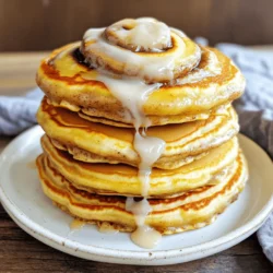 - 1 cup all-purpose flour - 2 tablespoons sugar - 1 tablespoon baking powder - 1/2 teaspoon salt - 1 cup milk - 1 large egg - 2 tablespoons melted butter - 1 teaspoon vanilla extract - 1/4 cup brown sugar - 1 tablespoon ground cinnamon - 2 tablespoons melted butter - 4 oz cream cheese, softened - 1 cup powdered sugar - 2 tablespoons milk - 1/2 teaspoon vanilla extract To make the viral cinnamon roll pancakes, gather these key ingredients. The main ingredients create a fluffy base. You will need flour, sugar, baking powder, salt, milk, egg, melted butter, and vanilla extract. Next, for the cinnamon swirl, mix brown sugar, ground cinnamon, and melted butter. This mix gives your pancakes that sweet, warm flavor. Finally, for the cream cheese glaze, soften cream cheese. Combine it with powdered sugar, milk, and vanilla extract. This glaze adds a rich, sweet finish. For the full recipe, see the recipe section. Enjoy these pancakes with family or friends! First, mix 1/4 cup brown sugar, 1 tablespoon cinnamon, and 2 tablespoons melted butter in a small bowl. Blend until you create a thick paste. This mixture adds a sweet, rich flavor. Set it aside to thicken. It will swirl beautifully into your pancakes. In a large mixing bowl, combine 1 cup all-purpose flour, 2 tablespoons sugar, 1 tablespoon baking powder, and 1/2 teaspoon salt. In another bowl, whisk together 1 cup milk, 1 large egg, 2 tablespoons melted butter, and 1 teaspoon vanilla extract. Pour the wet ingredients into the dry mix. Gently stir until just combined. Do not overmix; a few lumps are okay. Preheat a non-stick skillet or griddle over medium heat. Lightly grease it with butter or cooking spray to keep pancakes from sticking. Pour 1/4 cup of pancake batter onto the skillet for each pancake. Before the batter sets, use a small spoon to swirl in the cinnamon mixture. This creates that iconic cinnamon roll look. Cook for 2-3 minutes. Look for bubbles on the surface and edges that look set. Flip the pancakes carefully and cook for another 1-2 minutes until golden brown. Enjoy the sweet aroma wafting through your kitchen as you cook! For the complete recipe, check out the Full Recipe. To get fluffy pancakes, avoid overmixing the batter. Stir gently until the wet and dry ingredients just combine. If you see lumps, that's okay! Lumps help keep pancakes soft. Also, use room temperature ingredients. This helps the batter mix evenly and rise better. Use a ladle for pouring the batter. This gives you even-sized pancakes. If the pan gets too hot, adjust the heat. You want a medium heat to cook them well without burning. Keep an eye on the pancakes; bubbles will form when they are ready to flip. Stack your pancakes high and drizzle them with cream cheese glaze. For an extra touch, sprinkle some cinnamon on top or add fresh fruit like bananas or berries. These add flavor and make your plate look great! Enjoy the sweet treat! For complete instructions, check the Full Recipe. {{image_2}} You can make your pancakes even more fun. Try adding chocolate chips or nuts to the batter. These will give a nice crunch and flavor. You can also experiment with different extracts like almond. A splash of almond extract adds a unique twist. Just remember, a little goes a long way! Want a healthier option? Substitute whole wheat flour for all-purpose flour. This switch adds fiber and nutrients. You can also use Greek yogurt instead of cream cheese in the glaze. This swap cuts calories while keeping it creamy and tasty. If you follow a gluten-free diet, don't worry! Gluten-free flour options are available. They work just as well in this recipe. For those who need dairy-free options, look for substitutes for cream cheese. There are great vegan cream cheese brands that taste amazing. With these adjustments, everyone can enjoy these pancakes! To keep your leftover pancakes fresh, store them in an airtight container. Make sure they cool first. When you want to enjoy them again, reheat in the microwave or toaster oven. This will bring back their warm, soft texture. If you want to save pancakes for later, freeze them. Place them in single layers, separated by parchment paper. This helps to prevent sticking. After that, store them in a freezer-safe bag for up to 2 months. You can enjoy a sweet treat whenever you want! To thaw frozen pancakes, put them in the fridge overnight. This makes them easy to reheat. If you’re in a hurry, you can reheat them directly from frozen. Just give them a quick blast in the microwave. They will taste almost like fresh! To make pancakes fluffier, focus on your mixing method. Here are some tips: - Use room temperature ingredients: This helps the batter mix better and traps more air. - Don’t overmix: Mix until wet and dry ingredients just combine. Lumps are okay! - Separate egg whites: Whip the egg whites and fold them into the batter last. This adds extra air. These steps help create that light, fluffy texture you want in a pancake. Yes! You can swap out the cream cheese glaze for many tasty options. Here are some ideas: - Maple syrup: A classic choice that pairs well with cinnamon. - Nut butter: Almond or peanut butter adds a nutty twist. - Chocolate sauce: For a sweet, decadent touch. - Yogurt: A tangy yogurt drizzle can balance the sweetness. Feel free to get creative with your glaze! You can add many toppings to enhance your pancakes. Here are some suggestions: - Fresh fruits: Berries, bananas, or apples add freshness. - Whipped cream: A dollop of whipped cream adds creaminess. - Nuts: Chopped pecans or walnuts give a nice crunch. - Extra cinnamon: A sprinkle of cinnamon can boost flavor. Mix and match to find your favorite combo! You now know how to make delicious viral cinnamon roll pancakes from scratch. We covered the key ingredients, step-by-step instructions, and useful tips to get the best texture. Remember to experiment with variations to personalize your pancakes. Storing leftovers is easy, and reheating them keeps them tasty. Whether you enjoy them plain or dressed with glaze, these pancakes are sure to impress. Try them out, and enjoy a delightful breakfast treat anytime!