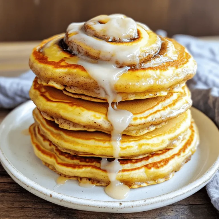 - 1 cup all-purpose flour - 2 tablespoons sugar - 1 tablespoon baking powder - 1/2 teaspoon salt - 1 cup milk - 1 large egg - 2 tablespoons melted butter - 1 teaspoon vanilla extract - 1/4 cup brown sugar - 1 tablespoon ground cinnamon - 2 tablespoons melted butter - 4 oz cream cheese, softened - 1 cup powdered sugar - 2 tablespoons milk - 1/2 teaspoon vanilla extract To make the viral cinnamon roll pancakes, gather these key ingredients. The main ingredients create a fluffy base. You will need flour, sugar, baking powder, salt, milk, egg, melted butter, and vanilla extract. Next, for the cinnamon swirl, mix brown sugar, ground cinnamon, and melted butter. This mix gives your pancakes that sweet, warm flavor. Finally, for the cream cheese glaze, soften cream cheese. Combine it with powdered sugar, milk, and vanilla extract. This glaze adds a rich, sweet finish. For the full recipe, see the recipe section. Enjoy these pancakes with family or friends! First, mix 1/4 cup brown sugar, 1 tablespoon cinnamon, and 2 tablespoons melted butter in a small bowl. Blend until you create a thick paste. This mixture adds a sweet, rich flavor. Set it aside to thicken. It will swirl beautifully into your pancakes. In a large mixing bowl, combine 1 cup all-purpose flour, 2 tablespoons sugar, 1 tablespoon baking powder, and 1/2 teaspoon salt. In another bowl, whisk together 1 cup milk, 1 large egg, 2 tablespoons melted butter, and 1 teaspoon vanilla extract. Pour the wet ingredients into the dry mix. Gently stir until just combined. Do not overmix; a few lumps are okay. Preheat a non-stick skillet or griddle over medium heat. Lightly grease it with butter or cooking spray to keep pancakes from sticking. Pour 1/4 cup of pancake batter onto the skillet for each pancake. Before the batter sets, use a small spoon to swirl in the cinnamon mixture. This creates that iconic cinnamon roll look. Cook for 2-3 minutes. Look for bubbles on the surface and edges that look set. Flip the pancakes carefully and cook for another 1-2 minutes until golden brown. Enjoy the sweet aroma wafting through your kitchen as you cook! For the complete recipe, check out the Full Recipe. To get fluffy pancakes, avoid overmixing the batter. Stir gently until the wet and dry ingredients just combine. If you see lumps, that's okay! Lumps help keep pancakes soft. Also, use room temperature ingredients. This helps the batter mix evenly and rise better. Use a ladle for pouring the batter. This gives you even-sized pancakes. If the pan gets too hot, adjust the heat. You want a medium heat to cook them well without burning. Keep an eye on the pancakes; bubbles will form when they are ready to flip. Stack your pancakes high and drizzle them with cream cheese glaze. For an extra touch, sprinkle some cinnamon on top or add fresh fruit like bananas or berries. These add flavor and make your plate look great! Enjoy the sweet treat! For complete instructions, check the Full Recipe. {{image_2}} You can make your pancakes even more fun. Try adding chocolate chips or nuts to the batter. These will give a nice crunch and flavor. You can also experiment with different extracts like almond. A splash of almond extract adds a unique twist. Just remember, a little goes a long way! Want a healthier option? Substitute whole wheat flour for all-purpose flour. This switch adds fiber and nutrients. You can also use Greek yogurt instead of cream cheese in the glaze. This swap cuts calories while keeping it creamy and tasty. If you follow a gluten-free diet, don't worry! Gluten-free flour options are available. They work just as well in this recipe. For those who need dairy-free options, look for substitutes for cream cheese. There are great vegan cream cheese brands that taste amazing. With these adjustments, everyone can enjoy these pancakes! To keep your leftover pancakes fresh, store them in an airtight container. Make sure they cool first. When you want to enjoy them again, reheat in the microwave or toaster oven. This will bring back their warm, soft texture. If you want to save pancakes for later, freeze them. Place them in single layers, separated by parchment paper. This helps to prevent sticking. After that, store them in a freezer-safe bag for up to 2 months. You can enjoy a sweet treat whenever you want! To thaw frozen pancakes, put them in the fridge overnight. This makes them easy to reheat. If you’re in a hurry, you can reheat them directly from frozen. Just give them a quick blast in the microwave. They will taste almost like fresh! To make pancakes fluffier, focus on your mixing method. Here are some tips: - Use room temperature ingredients: This helps the batter mix better and traps more air. - Don’t overmix: Mix until wet and dry ingredients just combine. Lumps are okay! - Separate egg whites: Whip the egg whites and fold them into the batter last. This adds extra air. These steps help create that light, fluffy texture you want in a pancake. Yes! You can swap out the cream cheese glaze for many tasty options. Here are some ideas: - Maple syrup: A classic choice that pairs well with cinnamon. - Nut butter: Almond or peanut butter adds a nutty twist. - Chocolate sauce: For a sweet, decadent touch. - Yogurt: A tangy yogurt drizzle can balance the sweetness. Feel free to get creative with your glaze! You can add many toppings to enhance your pancakes. Here are some suggestions: - Fresh fruits: Berries, bananas, or apples add freshness. - Whipped cream: A dollop of whipped cream adds creaminess. - Nuts: Chopped pecans or walnuts give a nice crunch. - Extra cinnamon: A sprinkle of cinnamon can boost flavor. Mix and match to find your favorite combo! You now know how to make delicious viral cinnamon roll pancakes from scratch. We covered the key ingredients, step-by-step instructions, and useful tips to get the best texture. Remember to experiment with variations to personalize your pancakes. Storing leftovers is easy, and reheating them keeps them tasty. Whether you enjoy them plain or dressed with glaze, these pancakes are sure to impress. Try them out, and enjoy a delightful breakfast treat anytime!