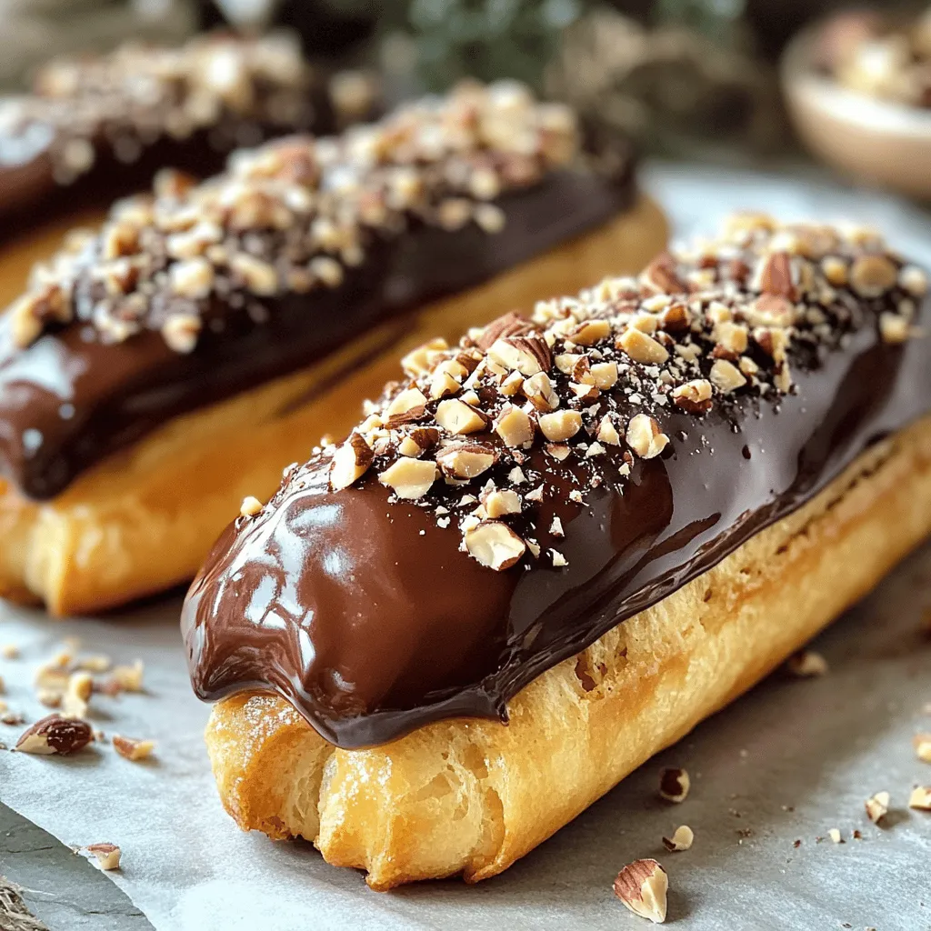 - 1 cup water - ½ cup unsalted butter, cubed - 1 cup all-purpose flour - 4 large eggs - 1 tablespoon sugar - ½ teaspoon salt - 1 cup heavy cream - ½ cup hazelnut spread (like Nutella) - 1 teaspoon vanilla extract - 1 tablespoon powdered sugar - 1 cup semi-sweet chocolate chips - ½ cup heavy cream - 1 tablespoon unsalted butter To make these eclairs, you need three sets of ingredients. First, gather the choux pastry items. This includes water, butter, flour, eggs, sugar, and salt. These will create the light and fluffy shells. Next, for the hazelnut cream filling, you will need heavy cream, hazelnut spread, vanilla extract, and powdered sugar. This creamy filling gives the eclairs their rich flavor. Lastly, for the chocolate ganache topping, grab semi-sweet chocolate chips, heavy cream, and unsalted butter. This silky ganache adds a sweet finish. If you want to dive deeper into the recipe, check out the Full Recipe for step-by-step instructions. Enjoy the process of creating these delightful treats! To start, grab a medium saucepan. Combine 1 cup of water, ½ cup of cubed unsalted butter, 1 tablespoon of sugar, and ½ teaspoon of salt. Heat this mixture over medium heat. Stir it until the butter melts and the mixture reaches a boil. Next, add 1 cup of all-purpose flour all at once. Stir vigorously with a wooden spoon. Keep stirring until the dough forms a ball and pulls away from the sides of the pan. Once this happens, remove the saucepan from the heat. Let the dough cool for about 5 minutes. This step is important! Add 4 large eggs one at a time, mixing well after each addition. You want a smooth and glossy dough at the end. Now, it’s time to pipe the eclairs! Preheat your oven to 425°F (220°C). Line a baking sheet with parchment paper to prevent sticking. Transfer your choux pastry to a piping bag that has a large round tip. Pipe the dough into 4-inch long logs on the baking sheet, leaving space between each one. Bake for 15-20 minutes. Watch them puff up and turn golden brown! Avoid opening the oven door during baking to keep the heat in. After baking, let them cool on a wire rack. While the eclairs cool, let’s make the filling. In a mixing bowl, whip 1 cup of heavy cream until soft peaks form. This is the base of your rich filling! Gradually add ½ cup of hazelnut spread, 1 teaspoon of vanilla extract, and 1 tablespoon of powdered sugar. Keep whipping until stiff peaks form. This creamy mixture will make the eclairs irresistible. Once the eclairs are cool, make small incisions on the side of each one. Use a sharp knife or a syringe to fill them with the hazelnut cream. Now, let’s create the chocolate ganache! In a small saucepan, heat ½ cup of heavy cream over low heat until it simmers. Remove it from the heat and add 1 cup of semi-sweet chocolate chips and 1 tablespoon of unsalted butter. Stir until the chocolate melts and the mixture is smooth. To finish, dip the top of each filled éclair into the warm chocolate ganache. Allow any excess to drip off, then place them on a wire rack to set. Enjoy every bite of your chocolate hazelnut eclairs! For the complete recipe, check out the [Full Recipe]. When making choux pastry, avoid common mistakes. Do not rush the cooking. If you do, your pastry will not rise. Make sure the dough pulls away from the pan. This shows it is ready. To achieve the right texture, watch the eggs. Add them one at a time. Mix well after each egg. You want a smooth and shiny dough. If it is too thick, add a bit of water. If too runny, add flour. Whipping cream to the right consistency is key. Start with cold heavy cream. Use a cold bowl, too. This helps the cream whip faster. Whip until soft peaks form. Then, add the hazelnut spread and vanilla. Keep whipping until stiff peaks form. If you want alternatives to hazelnut spread, try chocolate ganache. You can also use almond or peanut butter. These variations add fun flavors to your eclairs. Adjust the thickness of ganache easily. For a thicker ganache, add less cream. If it is too thick, add more cream. Heat the cream gently to avoid burning. To ensure a smooth finish, stir the ganache well. Use a whisk to mix until all is melted. Let it cool slightly before dipping the eclairs. This helps it set better on top. For the full recipe, make sure to check the complete instructions above. {{image_2}} You can change the flavor of the hazelnut cream filling to suit your taste. Here are some fun ideas: - Chocolate filling options: Swap in dark chocolate or white chocolate for a twist. Use melted chocolate mixed with cream for a rich filling. - Adding liqueurs or flavored extracts: Enhance your filling with a splash of liqueur like Frangelico or Amaretto. You can also add a few drops of almond or orange extract for extra flavor. Toppings can make your eclairs even more special. Here are some alternatives: - Alternatives to chocolate ganache: Try a vanilla glaze or a fruit glaze for a fresh touch. You can even go for a caramel drizzle for a sweet surprise. - Creative decorating ideas: Use crushed nuts, colorful sprinkles, or edible flowers for a beautiful display. A light dusting of cocoa powder adds a nice touch too. If you need a gluten-free version of these eclairs, here is how: - Adapting the recipe for gluten-free diets: You can use gluten-free flour blends that work well in baking. Make sure they are designed for pastry. - Recommended flour substitutes: Almond flour or coconut flour can work too, but they may change the texture. Mix them with a binding agent like xanthan gum for the best results. For the full recipe, visit the [Full Recipe]. To keep your filled eclairs fresh, store them in the fridge. Place them in an airtight container. This method prevents them from drying out. Avoid stacking them, as this can cause the tops to stick together. If you want to keep them longer, store the eclairs and filling separately. Fill them just before serving. This keeps them crisp. To prevent sogginess, do not fill eclairs until you are ready to eat them. The cream filling can make the pastry soft. If you need to fill them ahead of time, use a thicker cream. Reheating eclairs can be tricky. To keep their texture, do not use the microwave. Instead, preheat your oven to 350°F (175°C). Place the eclairs on a baking sheet. Warm them for about 5-7 minutes. This method helps regain some crispiness. Serve eclairs fresh for the best taste. If you must serve reheated ones, do so within two days of making them. Fresh eclairs have a light, airy texture. Reheated eclairs can be a bit denser. For the best taste and texture, eat your eclairs within two days. After that, they may lose their crispness. Check for signs of spoilage, such as a sour smell or discoloration. If the cream filling looks or smells off, discard them. Always trust your senses. Fresh eclairs are a treat, but spoiled ones are not worth the risk. To make Chocolate Hazelnut Eclairs from scratch, follow these steps: 1. Make the Choux Pastry: In a saucepan, combine 1 cup of water, ½ cup of unsalted butter, 1 tablespoon of sugar, and ½ teaspoon of salt. Bring this to a boil. Add 1 cup of all-purpose flour all at once. Stir until it forms a ball and pulls away from the pan. Remove from heat and let cool for 5 minutes. Then add 4 large eggs one at a time, mixing well until smooth. 2. Pipe the Eclairs: Preheat your oven to 425°F (220°C). Line a baking sheet with parchment paper. Use a piping bag to pipe 4-inch long logs of the choux pastry on the sheet. Bake for 15-20 minutes until golden brown. Let cool. 3. Prepare the Hazelnut Cream Filling: Whip 1 cup of heavy cream until soft peaks form. Gradually add ½ cup of hazelnut spread, 1 teaspoon of vanilla extract, and 1 tablespoon of powdered sugar. Whip until stiff peaks form. 4. Fill the Eclairs: Once cooled, make a small incision on the side of each éclair. Use a piping bag to fill with the hazelnut cream. 5. Make the Chocolate Ganache: Heat ½ cup of heavy cream in a saucepan until simmering. Remove from heat and stir in 1 cup of semi-sweet chocolate chips and 1 tablespoon of unsalted butter until smooth. 6. Top the Eclairs: Dip the tops of each filled éclair into the ganache. Let any excess drip off and place on a wire rack. Enjoy these creamy delights! You can find the full recipe above. Yes, you can freeze Chocolate Hazelnut Eclairs. Here’s how: - Freezing: First, fill and top the eclairs only before you freeze them. Place them on a tray and freeze until solid. Then transfer them to an airtight container or freezer bag. They can last up to two months in the freezer. - Thawing: To thaw, remove the eclairs from the freezer and place them in the fridge for a few hours. This helps them keep their texture. Avoid thawing at room temperature, as it may make them soggy. If you want to substitute hazelnut spread, consider these options: - Almond butter: This gives a nutty flavor similar to hazelnut but is less sweet. - Peanut butter: Use creamy peanut butter for a different yet tasty filling. - Chocolate spread: A simple swap with chocolate spread adds sweetness and richness. - Sunflower seed butter: This is a great nut-free alternative that still offers a creamy texture. You can find Chocolate Hazelnut Eclairs at: - Local bakeries: Check out nearby bakeries known for pastries. They often have fresh eclairs. - Online delivery services: Websites like Goldbelly or local delivery apps may offer gourmet eclairs. - Grocery stores: Some larger grocery chains may carry them in their bakery section. Chocolate Hazelnut Eclairs last about 2 days in the fridge when stored properly. Keep them in an airtight container to maintain freshness. After this period, they may lose their texture and flavor. If you freeze them, they can last up to two months, but for the best taste, enjoy them fresh! In this post, you learned how to make delicious chocolate hazelnut eclairs from scratch. We covered the essential ingredients, from choux pastry to the creamy filling and rich ganache. I shared tips for perfecting your pastry and even variations you can try. Remember, practice will help you make the best eclairs. You can impress friends and family with these treats. Enjoy the process of creating something special!