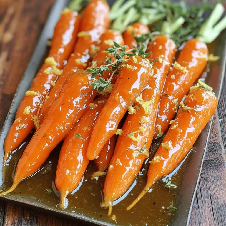 To make Maple Dijon Glazed Carrots, you need simple and fresh ingredients. Here’s what you’ll need: - 1 lb baby carrots (or regular carrots, peeled and sliced) - 2 tablespoons olive oil - 3 tablespoons pure maple syrup - 2 tablespoons Dijon mustard - 1 tablespoon fresh thyme leaves (or 1 teaspoon dried thyme) - Salt and pepper to taste - Zest of 1 lemon (for garnish) Each ingredient plays an important role. The carrots provide sweetness and crunch. Olive oil helps in roasting and adds flavor. Maple syrup gives a lovely sweetness. Dijon mustard adds a tangy twist. Thyme adds a fresh herb taste. Finally, salt and pepper enhance all the flavors. If you want to make this dish even more special, you can try different herbs or spices. For example, a touch of garlic can add depth. You can find the full recipe to guide you through the cooking process. Enjoy the vibrant colors and flavors of this dish! First, preheat your oven to 425°F (220°C). This high heat helps the carrots roast well. Roasting brings out their sweet flavor. Next, you need to prepare the carrots. If you use regular carrots, peel and slice them into even sticks. Aim for about 1/2 inch thick. This size allows them to cook evenly. Baby carrots can go straight onto the pan. Now, let's make the glaze. In a small bowl, mix together 2 tablespoons of olive oil, 3 tablespoons of pure maple syrup, and 2 tablespoons of Dijon mustard. Add fresh thyme, salt, and pepper. Whisk it all together until smooth. This glaze gives a sweet and tangy flavor to the carrots. In a large bowl, combine the carrots with the glaze. Toss them well to ensure every carrot is coated. This step is key for great flavor in your dish. Spread the coated carrots on a baking sheet. Make sure they are in a single layer. Roast them in the preheated oven for 20 to 25 minutes. Toss them halfway through for even cooking. You want them tender and slightly caramelized. When the carrots are done, take them out of the oven. Sprinkle lemon zest on top for a fresh burst of flavor. Serve these maple Dijon glazed carrots right away. They make a tasty side dish with any meal. For the full recipe, check the earlier section. To achieve a perfect texture, choose carrots of similar size. This helps them cook evenly. If you use regular carrots, cut them into sticks about 1/2 inch thick. This size allows for good caramelization and tenderness. Always preheat your oven to 425°F (220°C) before roasting. This high heat brings out the best flavors in the glaze and gives a nice crunch. You can boost the flavor of your Maple Dijon Glazed Carrots by adding spices. Consider adding a pinch of cinnamon or nutmeg for warmth. You might also try a dash of cayenne for heat. Fresh herbs like parsley or dill can give a bright finish. If you want a tangy twist, add a splash of apple cider vinegar to the glaze. This combination makes the dish more complex and exciting. Maple Dijon Glazed Carrots pair well with many dishes. Serve them alongside roasted chicken or grilled fish for a complete meal. They also work nicely with quinoa or rice. For a special touch, mix them in with a salad of greens and nuts. If you want to impress guests, these carrots look great on a holiday table. They add color and taste, making any meal feel festive. For the full recipe, check out the earlier section on ingredients and instructions. {{image_2}} If you want to switch things up, consider these substitutions: - Maple Syrup: You can use honey or agave syrup. Both add sweetness. - Dijon Mustard: Try yellow mustard for a milder taste. Whole grain mustard adds texture. These swaps keep the dish tasty while changing the flavor profile. Want to make this dish fit your diet? Here’s how: - Vegan: Use agave syrup instead of maple syrup. This keeps it plant-based. - Gluten-Free: Dijon mustard is usually gluten-free. Check labels to be sure. These easy swaps let everyone enjoy this side dish. You can glaze more than just carrots! Here are some fun ideas: - Parsnips: They have a sweet, earthy flavor. Slice them like carrots. - Brussels Sprouts: Halve them and add to the mix for a unique taste. - Cauliflower: Cut it into florets for a fun twist. These vegetables roast well and soak up the glaze like carrots. Try mixing them for added color and flavor! For the full recipe, check out the Maple Dijon Glazed Carrots. Store leftover Maple Dijon glazed carrots in an airtight container. Refrigerate them right away to keep them fresh. They stay good for up to four days. Make sure they cool down first to avoid steam build-up. Label the container with the date you made them. This helps you keep track of freshness. When it’s time to reheat, use the oven or a skillet. Preheat your oven to 350°F (175°C). Spread the carrots on a baking sheet. Heat for about 10-15 minutes until warm. This method keeps the texture and flavor intact. If using a skillet, add a little olive oil and heat over medium heat. Stir often for even warming. You can freeze these carrots if you want to save some for later. First, let them cool completely. Spread them in a single layer on a baking sheet to freeze. Once frozen, transfer them to a freezer bag or container. Keep them in the freezer for up to three months. To thaw, place them in the fridge overnight. Reheat as mentioned above. Enjoy your Maple Dijon glazed carrots later! For the full recipe, check out the detailed steps above. Yes, you can use frozen carrots. However, fresh carrots taste better. Frozen carrots may have a softer texture after cooking. If you use frozen, reduce the roasting time. You can use yellow mustard or honey mustard as a substitute. Both options will add a different flavor. If you want a milder taste, try mayonnaise or a mix of vinegar and olive oil. Look for carrots that are tender and have a slight caramel color. You can pierce them with a fork. If the fork goes in easily, they are ready. Yes, this dish is healthy. Carrots are full of vitamins and fiber. The glaze adds a touch of sweetness without being too heavy. You can enjoy this dish guilt-free. Yes, you can prep the carrots ahead of time. Cut and glaze them, then store in the fridge for up to 24 hours. Just roast them when you are ready to serve. Check the full recipe for more details. In this blog post, we explored a delicious recipe for Maple Dijon Glazed Carrots. We covered the key ingredients, step-by-step instructions for roasting, and helpful tips to get that perfect flavor and texture. I shared variations for dietary needs and creative twists with other vegetables. Remember, these carrots are easy to prepare and can be stored or reheated with care. Enjoy this dish as a tasty side and impress your loved ones. Happy cooking!