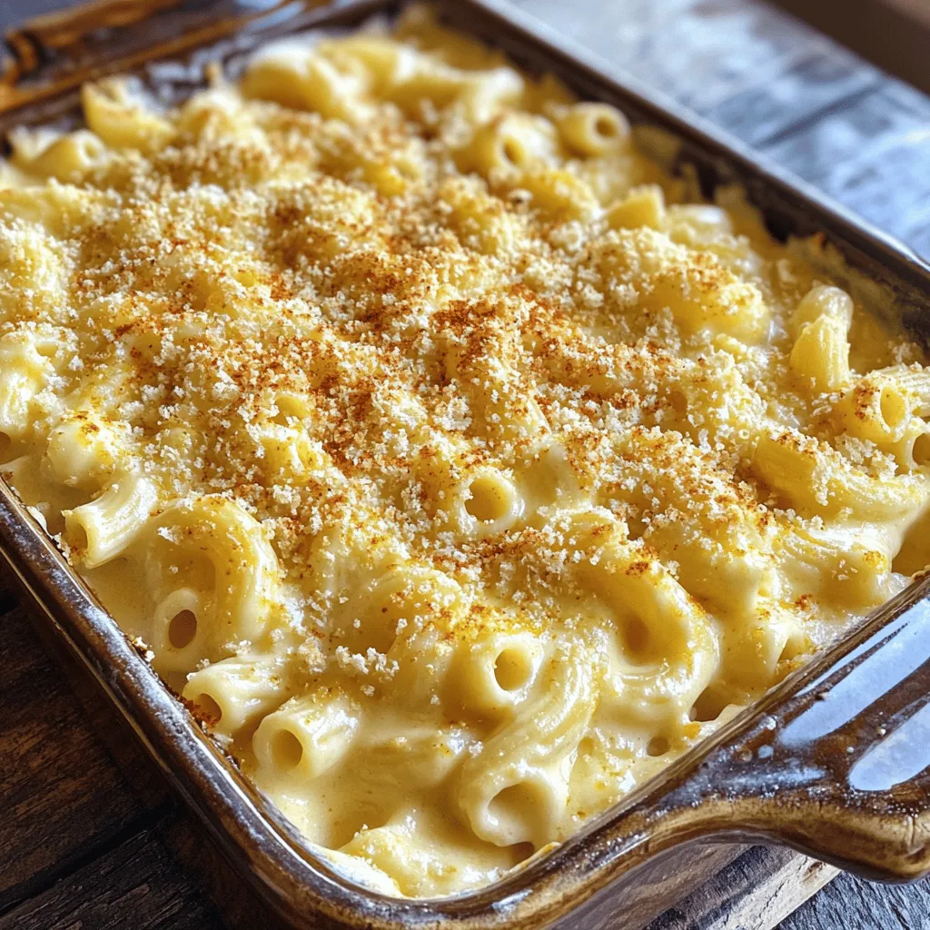 To make the best white cheddar mac and cheese, you need a few key items: - 8 oz elbow macaroni - 2 tablespoons unsalted butter - 2 tablespoons all-purpose flour - 2 cups milk (whole or 2%) - 2 cups white cheddar cheese, shredded - 1 cup Gruyère cheese, shredded - 1 teaspoon Dijon mustard - 1/2 teaspoon garlic powder - 1/4 teaspoon cayenne pepper (optional) - Salt and pepper to taste - 1/2 cup breadcrumbs (Panko for extra crunch) - 1 tablespoon olive oil These ingredients work together to create a creamy and rich flavor. The combination of white cheddar and Gruyère gives a nice depth. You can easily customize your dish with these optional ingredients: - Cooked bacon or ham for a savory punch - Fresh herbs like thyme or parsley for added freshness - Sautéed vegetables like spinach or broccoli for more nutrition - Different spices like paprika or nutmeg for unique flavors These additions make your meal even more exciting and personal. If you have allergies or dietary needs, here are some substitutions: - Use gluten-free pasta instead of elbow macaroni for a gluten-free version. - Substitute oat milk or almond milk for a dairy-free option. - Replace white cheddar with a lactose-free cheese if needed. - For nut allergies, skip the Panko breadcrumbs or use a nut-free brand. These swaps allow everyone to enjoy this creamy delight without worry. For the full recipe, check the detailed instructions above. To start, bring a large pot of salted water to a boil. Add 8 oz of elbow macaroni. Cook it until it's just right, or al dente. This usually takes about 7-8 minutes. Drain the pasta and put it aside. Make sure you save some of that water for later if needed. Now, it’s time for the cheese sauce. Use the same pot and melt 2 tablespoons of unsalted butter over medium heat. Once it’s melted, whisk in 2 tablespoons of all-purpose flour. This makes a roux. Cook this for 1-2 minutes until it turns a light golden color. Next, slowly pour in 2 cups of milk while whisking. Keep stirring to prevent lumps. Let the mixture cook for 5-7 minutes. You want it to thicken and bubble a bit. After that, reduce the heat to low. Stir in 2 cups of shredded white cheddar cheese and 1 cup of shredded Gruyère cheese. Keep mixing until the cheese melts and the sauce is smooth. Now, add 1 teaspoon of Dijon mustard, 1/2 teaspoon of garlic powder, and 1/4 teaspoon of cayenne pepper if you like it spicy. Season with salt and pepper to taste. Next, add the cooked macaroni to the cheese sauce. Stir well to coat every piece of pasta. Preheat your oven to 350°F (175°C). In a small bowl, mix 1/2 cup of breadcrumbs with 1 tablespoon of olive oil. This makes a crunchy topping. Pour the mac and cheese into a greased 9x13 inch baking dish. Spread the breadcrumb mixture on top evenly. Now, bake in your preheated oven for about 25-30 minutes. Look for a golden, bubbly top. Once done, take it out and let it cool a bit. Enjoy your creamy white cheddar mac and cheese! To get that perfect creamy texture, use whole milk or 2% milk. Whole milk adds richness. When making the roux, cook it until it’s light golden. This step gives the sauce a nice flavor. As you add the milk, whisk it well to avoid lumps. Keep stirring until the sauce thickens. It should coat the back of a spoon. If it's too thick, add a splash more milk. For added flavor, use a bit of Dijon mustard. It gives a nice depth to the dish. Garlic powder adds a warm taste, while cayenne pepper adds a kick. Use salt and black pepper to taste. If you want more flavor, try adding a pinch of smoked paprika. This spice enhances the cheese's flavor and adds warmth. One mistake is overcooking the pasta. Cook it just until al dente. It will finish cooking in the oven. Another mistake is not stirring the cheese enough. Stir until all cheese melts into the sauce. Lastly, don’t forget to coat the pasta fully with the cheese sauce. This makes every bite creamy and delicious. For more details, check out the Full Recipe. {{image_2}} You can add protein to your mac and cheese for more flavor. Bacon adds a smoky crunch. Just cook the bacon until crispy, chop it, and mix it in. Chicken is another great choice. Cook chicken breast, shred it, and fold it into the dish. Both options make it heartier and more filling. For a vegetarian twist, consider adding veggies. Broccoli, spinach, or peas can bring color and nutrition. Just steam or sauté them before mixing them in. You can also add spices like paprika or crushed red pepper for a kick. This keeps the dish exciting and healthy. Cheese is key to great mac and cheese. While white cheddar is classic, try mixing in other cheeses. Gruyère adds a nutty taste. Fontina gives a creamy texture. Goat cheese can add tanginess. Experiment with different blends to find your favorite flavor. Each cheese brings its own twist to this comfort food. For the full recipe, check out the provided details and create your own creamy delight! To store leftover white cheddar mac and cheese, let it cool first. Then, place it in an airtight container. Make sure to use a container that seals well. Store it in the fridge for up to three days. Label the container with the date, so you know when to use it. This helps keep it fresh and safe to eat. You can freeze white cheddar mac and cheese for later use. First, let it cool completely. Then, portion it into freezer-safe containers or bags. Remove as much air as possible to prevent freezer burn. You can freeze it for up to three months. To use, just thaw it in the fridge overnight before reheating. When reheating, add a splash of milk to keep it creamy. This helps restore moisture that might have been lost. Heat it in the microwave or on the stovetop over low heat. Stir often to ensure even heating. If it seems too dry, add more milk as needed. Enjoy your creamy delight just as if it were freshly made! To make White Cheddar Mac and Cheese from scratch, follow these steps: 1. Cook 8 oz of elbow macaroni in salted boiling water until al dente. 2. In a pot, melt 2 tablespoons of unsalted butter. 3. Whisk in 2 tablespoons of all-purpose flour until golden. 4. Gradually add 2 cups of milk while whisking to avoid lumps. 5. Cook until it thickens, then add 2 cups of shredded white cheddar and 1 cup of Gruyère cheese. 6. Stir in 1 teaspoon of Dijon mustard, 1/2 teaspoon of garlic powder, and season to taste. 7. Combine the cooked pasta with the cheese sauce, then transfer to a baking dish. 8. Top with 1/2 cup of breadcrumbs mixed with 1 tablespoon of olive oil. 9. Bake at 350°F for 25-30 minutes until bubbly. This recipe makes a creamy delight that everyone loves. Yes, you can use other types of cheese for your mac and cheese. Some good options include: - Cheddar for a sharper taste - Monterey Jack for creaminess - Fontina for a smooth melt Mixing cheeses can add depth and flavor. Just remember to balance flavors. Yes, this recipe is perfect for meal prep. You can make a big batch and store it for later. Here’s how: - Cool the mac and cheese before storing. - Place it in an airtight container in the fridge for up to 3 days. - You can also freeze it for up to 3 months. Reheat in the oven or microwave, adding a little milk if needed. This way, you can enjoy creamy mac and cheese anytime! White cheddar mac and cheese is simple and delicious. We covered key ingredients, tips for cooking, and fun variations to try. You can customize it to fit your taste. Follow the steps for perfect creamy sauce. Remember to store leftovers correctly for later enjoyment. With a few tweaks, you can enjoy this dish any way you like. Now, it’s time for you to make your own white cheddar mac and cheese masterpiece!