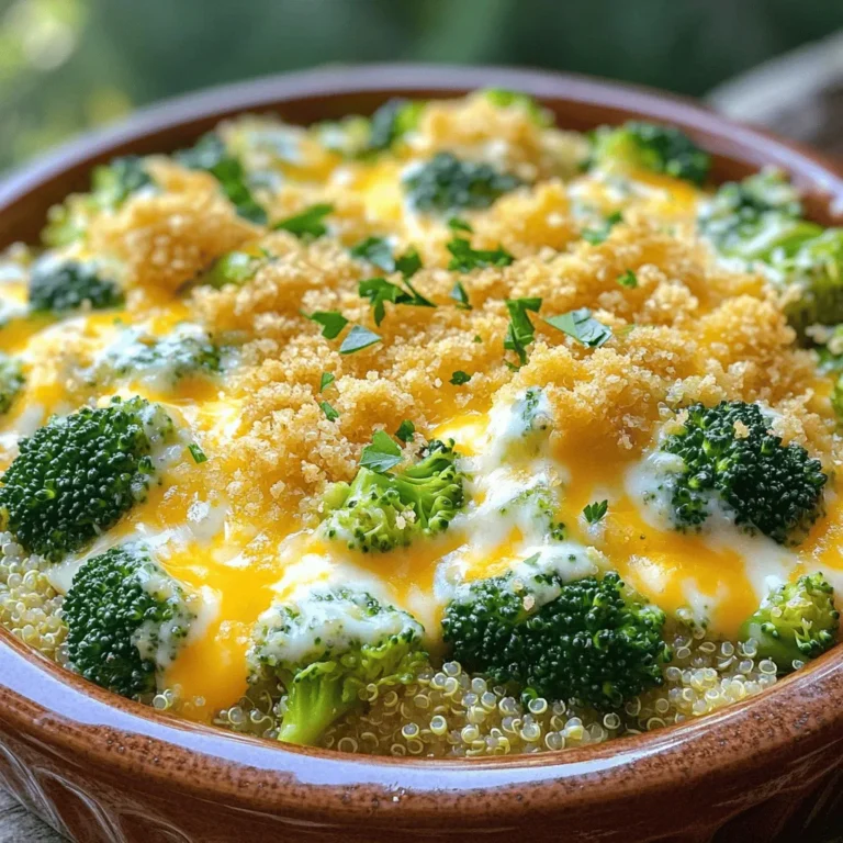 - 1 cup quinoa, rinsed - 2 cups vegetable broth - 1 large head of broccoli, cut into florets - 1 cup sharp cheddar cheese, grated - 1/2 cup cream cheese, softened - 1/2 cup milk (dairy or any plant-based alternative) - 1/2 teaspoon garlic powder - 1/2 teaspoon onion powder - 1/4 teaspoon black pepper - 1/4 teaspoon salt (adjust to taste) - 1/4 cup breadcrumbs (for topping) - 2 tablespoons olive oil Gathering these ingredients is the first step to making a tasty broccoli cheddar quinoa casserole. Quinoa serves as a great base. It’s full of protein and cooks quickly. Broccoli adds a nice crunch and color. The sharp cheddar cheese melts beautifully, bringing a rich flavor. Cream cheese adds creaminess, while milk helps bind everything together. For seasonings, garlic and onion powder give it a savory kick. Adjusting the salt lets you control the flavor. Finally, the breadcrumb topping adds a crispy layer, which contrasts nicely with the creamy filling. You can find the full recipe for this dish in the complete article. Have fun collecting your ingredients, and let’s get ready to cook! - Preheat your oven to 375°F (190°C). - Bring the vegetable broth to a boil and add the rinsed quinoa. - Cover the pot and reduce the heat to a simmer. - Cook for about 15 minutes until all the liquid is absorbed. - Remove from heat and fluff with a fork. - Steam the broccoli florets until tender, about 4-5 minutes. - Drain and set the broccoli aside to cool. - Combine the cooked quinoa and steamed broccoli in a large bowl. - Add the cheeses, milk, garlic powder, onion powder, black pepper, and salt. - Stir until all ingredients are well mixed. - Transfer the mixture into a greased casserole dish. Spread it evenly. - In a small bowl, mix the breadcrumbs with olive oil until coated. - Sprinkle the breadcrumb mixture evenly over the top of the casserole. - Bake in the preheated oven for 25-30 minutes until golden and bubbly. Every step brings you closer to a warm, cheesy dish. Follow these steps, and you will create a delightful meal. For the complete details, check out the Full Recipe. To make your casserole creamy, I suggest using a mix of different cheeses. Sharp cheddar gives a nice bite, while cream cheese adds richness. Mixing in some mozzarella can also help you get that gooey texture you crave. Don't be afraid to experiment with flavors! To get the best bake, cover your casserole with foil for the first 15 minutes. This keeps the top from burning and helps the dish cook evenly. After 15 minutes, take off the foil. This will allow the top to crisp up nicely, giving you that perfect golden finish. I love to serve this casserole with a side salad or some crusty bread. A fresh salad brightens the meal and adds crunch. Crusty bread is perfect for scooping up all that cheesy goodness. These sides make the meal feel complete and satisfying. {{image_2}} You can easily boost the protein in your casserole. Add cooked chicken for a hearty touch. Shredded rotisserie chicken works well. You can also mix in chickpeas, which are great for a plant-based option. They add texture and nutrition without altering the flavor too much. If you want a vegan twist, swap the cheese for nutritional yeast. This ingredient gives a cheesy flavor without dairy. Use a plant-based milk like almond or oat milk instead of regular milk. These changes keep the dish creamy and delicious while being completely vegan. Feel free to change up the veggies. Instead of broccoli, try spinach or kale. They cook quickly and blend well with quinoa. You can also use a mix of your favorite vegetables. Carrots, bell peppers, or even peas can add color and flavor to your casserole. Each option makes this dish fun and unique. For the full recipe, check out the Cheesy Broccoli Quinoa Delight. Store leftover casserole in an airtight container in the fridge for up to 3 days. This keeps it fresh and tasty for quick meals later. Just scoop a portion out when you need it. Freeze in a sealed container for up to 2 months. This is great for meal prep. When you are ready to eat, just reheat thoroughly before serving. It’s a simple way to enjoy a hearty dish anytime. Bake in a preheated oven or microwave until warmed through. If using the oven, set it to 350°F (175°C) for best results. This method keeps the top nice and crisp. Enjoy your delicious broccoli cheddar quinoa casserole, warmed to perfection! For the full recipe, check out the Cheesy Broccoli Quinoa Delight. Yes, frozen broccoli can be used; just adjust cooking time accordingly. Frozen broccoli tends to cook faster, so check it often. You want it tender but not mushy. This makes it a great option for a quick meal. Substitute breadcrumbs with gluten-free options or omit them entirely. You can use crushed gluten-free crackers or cornflakes for a crunchy topping. This keeps the dish tasty and safe for those who need gluten-free meals. Yes, prepare the casserole and refrigerate it before baking. This is great for busy days. Just remember to let it sit at room temperature for about 30 minutes before baking. This helps it cook evenly and saves you time. Garnish with fresh herbs like parsley or chives for added flavor and presentation. This simple touch makes the dish look nice and enhances its taste. You can also serve it with a side salad or some crusty bread for a full meal. This quinoa casserole is easy and tasty. You learned about the key ingredients, helpful tips, and fun variations. Remember, you can change up the veggies and proteins to fit your taste. Store leftovers well for quick meals later. I encourage you to try this dish, and share with friends! Cooking can be fun and rewarding. Enjoy every bite.