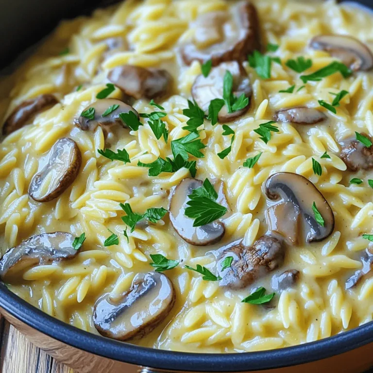 - 1 cup orzo pasta - 2 tablespoons olive oil - 1 medium onion, finely chopped - 2 garlic cloves, minced - 8 ounces mushrooms (cremini or button), sliced - 3 cups vegetable broth - 1 cup heavy cream - 1 teaspoon dried thyme - 1/2 teaspoon salt - 1/4 teaspoon black pepper - 1/2 cup grated Parmesan cheese - Fresh parsley, chopped for garnish Choosing quality mushrooms: Always look for firm, smooth mushrooms. They should be dry and have a nice aroma. Avoid any that feel slimy or have dark spots. Fresh mushrooms add great flavor and texture to your dish. Picking the best vegetable broth: Look for broth with simple ingredients. A good vegetable broth should taste fresh, not overly salty. If you can, try to find low sodium options. They give you more control over the salt in your dish. Dairy-free options: If you need a dairy-free dish, try using coconut cream instead of heavy cream. Nutritional yeast can give you that cheesy flavor without the dairy. Different pasta varieties: You can swap orzo for other small pasta shapes like ditalini or even quinoa. Just adjust the cooking time to fit the pasta you choose. To make this creamy mushroom orzo, you will need a large pot or deep skillet. A wooden spoon and measuring cups will also help you. Timing matters in this recipe. If you sauté the onions too long, they can burn. Keep an eye on the heat and your ingredients. First, heat the olive oil on medium heat. Add the chopped onion and cook until it turns soft, about 4-5 minutes. This step builds flavor. Next, stir in minced garlic and sliced mushrooms. Cook until the mushrooms brown and release their juices, which takes about 5-7 minutes. This gives the dish depth. Now, it's time to add the orzo. Toss it into the pot and stir for 1-2 minutes. Toasting the orzo enhances its taste. Pour in the vegetable broth and heavy cream. Also, add dried thyme, salt, and black pepper. Mix everything well. Bring the mixture to a gentle simmer. Reduce the heat to low, cover, and cook for 10-12 minutes. Stir occasionally. The orzo will absorb the liquid and become creamy. Once cooked, remove it from the heat and stir in the grated Parmesan cheese. This makes it rich and cheesy. Let the orzo sit for a couple of minutes. This resting time allows the sauce to thicken more. Serve hot, and don’t forget to sprinkle fresh chopped parsley on top for a pop of color. You can find the full recipe for more details and tips. To avoid sticky orzo, use plenty of broth and stir often. Cooking the orzo in broth helps it soak up flavor. If it starts to stick, add a splash more broth. For creaminess, add the heavy cream at the right time. Stir it in after the orzo cooks. This keeps it smooth and rich. Don’t skip the Parmesan; it adds depth and flavor. Pair your creamy mushroom orzo with a fresh salad. A crisp green salad balances the meal well. You can also serve it with grilled chicken or shrimp for extra protein. Wine can enhance your meal. A light white wine like Pinot Grigio works best. It complements the dish without overpowering it. Garnish your orzo with fresh parsley for a pop of color. Chopped chives or a sprinkle of extra cheese also works well. Use a shallow bowl or a wide plate for serving. It makes the dish look more inviting. A rustic wooden table adds charm to your meal. For the full recipe, check out the One Pot Creamy Mushroom Orzo . {{image_2}} You can easily boost this dish by adding protein. Chicken or shrimp make great choices. Cook them first in the pot before adding the other ingredients. For chicken, use bite-sized pieces. For shrimp, choose medium or large. Both cook quickly and add flavor. If you prefer plant-based options, try chickpeas or lentils. They add protein and fiber without meat. Just rinse canned chickpeas before adding them to the pot. Cook lentils separately and stir them in at the end. This keeps them from getting mushy. To make your orzo more exciting, add fresh herbs. Basil, parsley, or thyme all work well. Add them right before serving to keep their flavor bright. You can also spice things up with garlic powder or onion powder. These add depth without extra effort. You can also toss in vegetables like spinach or peas. Spinach wilts quickly, so add it in the last few minutes. For peas, you can use fresh or frozen. Stir them in when the orzo is almost done cooking. If you love heat, consider adding chilies or hot sauce. Fresh jalapeños or crushed red pepper flakes work well. Start with a little, then taste as you go. You can always add more if you want more spice. To balance the heat, add a touch of cream or cheese. This will smooth the flavors and keep your dish delicious. Remember, spice should enhance, not overpower. Enjoy experimenting with these variations for a dish that's uniquely yours! To keep your creamy mushroom orzo fresh, store it in an airtight container. Place it in the fridge right after it cools. This dish stays good for about three to four days. If you want to save it longer, you can freeze it. Use freezer-safe containers or bags. This way, it can last up to three months. Just make sure to squeeze out the air before sealing. When you're ready to enjoy your orzo again, reheating is key. The stovetop works best. Just add a splash of broth or cream to keep it creamy. Heat gently and stir often. If you use the microwave, place it in a bowl. Add a few drops of water to help it steam. Heat for one minute, then stir and check. Repeat until it warms through. In the fridge, your creamy mushroom orzo lasts about three to four days. After that, check for signs of spoilage. If it smells sour or shows mold, toss it. Always trust your senses. Fresh food should smell good and look inviting. If it looks dry or hard, it’s time to say goodbye. Enjoy your meal safely! Can I use whole grain orzo? Yes, you can use whole grain orzo. It has a nuttier flavor and more fiber. Just watch the cooking time. Whole grain orzo may need a few extra minutes to cook. Is this dish suitable for meal prep? Absolutely! This dish stores well. You can make it ahead and reheat easily. Just keep it in an airtight container in the fridge. It will stay fresh for up to three days. Can I use a different type of broth? Yes, feel free to use any broth you like. Chicken or beef broth adds great flavor. If you want a lighter taste, use water with seasonings. What can I substitute for heavy cream? You can use coconut cream for a dairy-free option. Silken tofu blended with a little water also works. This keeps the dish creamy and delicious. How to prevent orzo from overcooking? To avoid overcooking orzo, keep an eye on the timer. Stir the pot often. This helps the orzo cook evenly and keeps it from sticking. What should I do if the dish is too thick? If your dish is too thick, just add a splash of broth or water. Stir well and heat it for a minute. This will loosen the sauce and bring it back to the right consistency. This blog post covered how to make a creamy mushroom orzo dish. We discussed key ingredients, quality tips, and great serving ideas. I shared cooking methods that ensure your orzo stays creamy and not sticky. Remember, you can customize this meal with your choice of proteins and spices. Enjoy experimenting with flavors while following the storage tips for leftovers. This dish is not just easy to make; it’s also delicious and versatile. Happy cooking, and may you savor every bite!