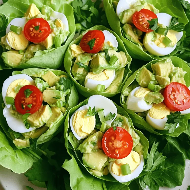 - 4 large eggs, hard-boiled and peeled - 1 ripe avocado - 1 tablespoon Greek yogurt (or sour cream) - 1 tablespoon Dijon mustard - 1 tablespoon fresh lemon juice - 1 green onion, finely chopped - 1/4 teaspoon garlic powder - Salt and pepper to taste - 8 large romaine or butter lettuce leaves - Cherry tomatoes - Fresh parsley Each serving has: - Calories: 180 - Fat: 12g - Protein: 10g - Carbohydrates: 8g This avocado egg salad is a fresh and healthy snack. The main ingredients work together to create a creamy and flavorful dish. Hard-boiled eggs provide protein, while ripe avocado adds healthy fats. Greek yogurt or sour cream gives it a smooth texture. You can add mustard for a little zing and lemon juice for brightness. Chopped green onions add a nice crunch, and garlic powder gives depth. You can adjust the salt and pepper to your taste. For the wraps, large romaine or butter lettuce leaves are perfect. They hold the filling well and add a crisp bite. Feel free to add optional garnishes like cherry tomatoes and fresh parsley. They not only look good but also enhance the flavor. If you want the full recipe, check it out here: [Full Recipe]. This dish is easy to prepare and makes for a delightful light lunch or snack. Enjoy making this tasty meal! First, chop the hard-boiled eggs into small pieces. Use a sharp knife for even cuts. Place them in a mixing bowl. Next, cut the avocado in half and remove the pit. Use a spoon to scoop the creamy flesh into the bowl with the eggs. Now, add the Greek yogurt, Dijon mustard, fresh lemon juice, green onion, garlic powder, salt, and pepper to the bowl. This mix adds flavor and creaminess. Use a fork to mash the avocado and combine all the ingredients. Mix until it's well blended but still chunky. Taste and adjust the seasoning if needed. After mixing, wash and dry the lettuce leaves. These will be your wraps. Spoon a generous amount of the avocado egg salad mixture onto each lettuce leaf. Be careful not to overfill them. If you like, garnish with halved cherry tomatoes and fresh parsley for a pop of color. Enjoy these wraps right away for a fresh snack or lunch. You can find the full recipe for more details on preparation. To make the best avocado egg salad, you need to hard-boil your eggs correctly. Start by placing your eggs in a pot and covering them with cold water. Bring the water to a boil, then turn off the heat. Cover the pot and let the eggs sit for about 12 minutes. This method helps ensure that the yolks are bright yellow and not green. After cooking, cool the eggs in ice water to make peeling easy. Choosing the ripest avocado is also key. A ripe avocado feels slightly soft when you gently squeeze it. If it’s too hard, it’s not ready. If it’s too mushy, it’s overripe. The right avocado will blend nicely into your salad, adding creaminess and flavor. These wraps pair well with simple sides like carrot sticks or cucumber slices. You might also enjoy them with a light dip, such as hummus or tzatziki. For a colorful plate, add cherry tomatoes or fresh fruit on the side. Presentation matters too! Use vibrant romaine leaves as your wraps. Arrange them on a platter and fill each leaf with the salad mixture. Garnish with halved cherry tomatoes and chopped parsley for a pop of color. This makes your snack look fresh and inviting. If you're looking for vegetarian options, this recipe is already meat-free. You can also substitute Greek yogurt with vegan mayo to keep it plant-based. For those who need gluten-free options, lettuce wraps are naturally gluten-free. Just ensure any dips you choose are also gluten-free. You can use other greens, like collard greens or kale, as wraps for different textures and flavors. These tips and tricks will help you create delicious avocado egg salad lettuce wraps, making them perfect for any occasion. For a detailed guide, check out the Full Recipe. {{image_2}} You can boost the flavor of your avocado egg salad in simple ways. Adding spices like paprika gives it a nice kick. If you love heat, a dash of hot sauce can really wake it up. Fresh herbs also add depth. Try mixing in some dill or cilantro for a bright finish. If you want to swap ingredients, consider using vegan mayo instead of Greek yogurt. This keeps it creamy for a plant-based option. You can also change up the greens. Instead of romaine or butter lettuce, try spinach or collard greens. Each green brings its own taste and texture. Your avocado egg salad can be more than just a wrap. You can turn it into a salad by serving it on a bed of greens. If you want a classic feel, use whole grain bread for a sandwich. You can even try different types of wraps, like whole wheat or spinach wraps, for a fun twist. For the full recipe, see the section above. To keep your avocado egg salad fresh, store it in an airtight container. This prevents air from spoiling the salad. You can refrigerate it for up to two days. After that, it may lose its flavor and texture. Always check for any off smell or color before eating. You don't need to heat these wraps. They taste best cold. If you want to refresh them, add a squeeze of lemon juice. This brightens the flavors and gives it a fresh taste. Make this salad a day ahead for quick lunches. It saves time on busy days. Pack it in individual containers with clean lettuce leaves. This keeps the wraps fresh until you’re ready to eat. For travel, use a cooler bag to keep everything cold. Check the [Full Recipe] for more details on preparing this tasty snack. To hard-boil eggs, start by placing them in a pot. Cover them with cold water. Bring the water to a boil over high heat. Once boiling, turn off the heat and cover the pot. Let the eggs sit for about 9-12 minutes. After that, move them to an ice bath for easy peeling. This cooling method helps stop cooking and makes shells easier to remove. Remember, fresh eggs are harder to peel than older ones. Yes, you can make Avocado Egg Salad ahead of time. Store it in an airtight container in the fridge. However, to keep it fresh, eat it within one day. The avocado can brown, so add lemon juice to slow this down. It helps keep the color bright and fresh. If you wait too long, the salad may lose its creamy texture. To make this recipe low-carb, use less avocado and skip the yogurt. You can also add more eggs to keep the bulk. Instead of lettuce, try using cucumber slices or bell pepper strips as wraps. These choices are low in carbs but still tasty. You can also add more herbs for flavor without adding carbs. To spice up your avocado egg salad, consider adding diced jalapeños or red pepper flakes. You can also mix in a dash of hot sauce. For a different kick, try adding cayenne pepper or smoked paprika. Fresh herbs like cilantro can also add a nice flavor burst. These little changes can make your salad exciting and flavorful. For the full recipe, check out the Avocado Egg Salad Lettuce Wraps. Enjoy! This blog post detailed a delicious avocado egg salad recipe. You learned about key ingredients, preparation steps, and tips for perfecting the dish. I shared variations to fit different tastes and dietary needs. Remember, this recipe is flexible and easy to adapt. Whether you enjoy it in lettuce wraps or as a salad, you can make it your own. Enjoy experimenting with flavors to find your favorite version!
