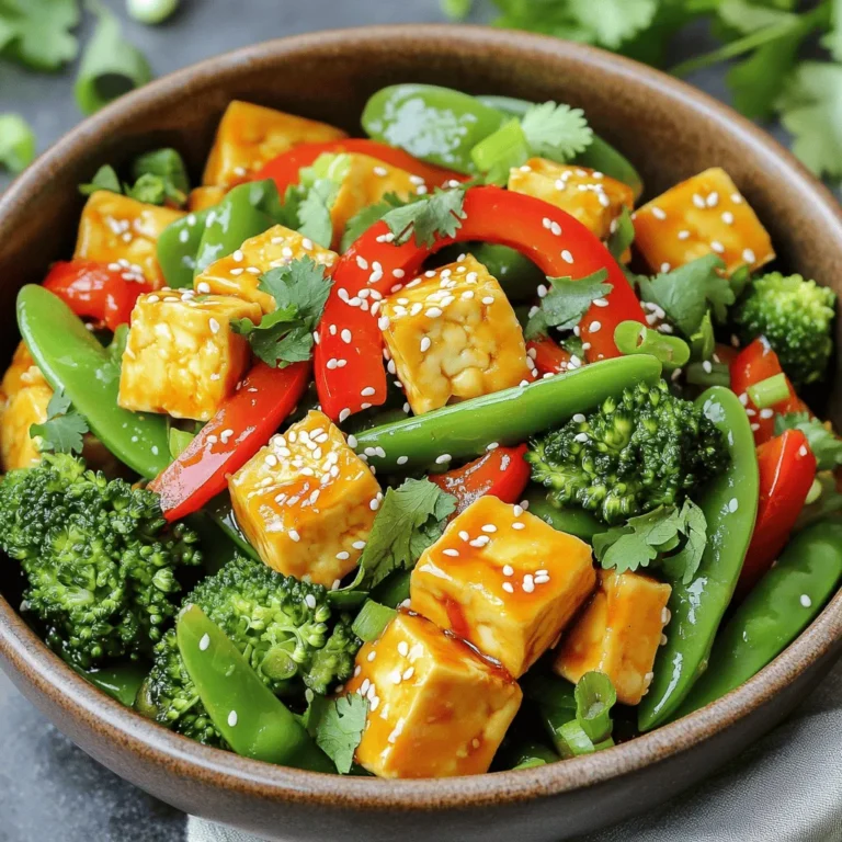 - Tofu selection and preparation I recommend using firm tofu. It holds its shape well. First, drain the tofu and press it to remove excess water. This step helps it get crispy when cooked. Cut the tofu into bite-sized cubes. Then, toss the cubes in cornstarch. This coat makes the tofu crispy and delicious. - Vegetables used in the stir fry For this stir fry, I use a mix of colorful veggies. You will need: - 1 red bell pepper, sliced - 1 cup snow peas, trimmed - 1 cup broccoli florets These vegetables add crunch and color. You can switch them for other favorites if you like. Just keep the stir-fry style in mind. - Sauces and seasonings Flavor is key in this dish. For the sauce, gather: - 1/4 cup sweet chili sauce - 2 tablespoons soy sauce - 1 tablespoon sesame oil These sauces bring sweetness and umami to the tofu and veggies. The sesame oil adds a nice nutty flavor too. For the full recipe, check out the complete guide. How to prepare and press tofu Start by draining the tofu. Wrap it in a clean towel. Place something heavy on top for about 15 minutes. This presses out extra water. After pressing, cut the tofu into small cubes. Chopping vegetables efficiently Use a sharp knife for quick chopping. Slice the red bell pepper into thin strips. Trim the snow peas and cut the broccoli into bite-sized florets. Chop the green onions into small pieces. Keep your cutting board tidy to work faster. Combining sauces for the stir fry In a small bowl, mix the sweet chili sauce and soy sauce. This blend gives flavor to your dish. Set it aside as you prepare to cook. Perfecting tofu crispiness Heat vegetable oil in a large skillet or wok over medium-high heat. Add the tofu cubes. Cook for about 5-7 minutes. Turn them occasionally until they are golden and crispy. This step makes the tofu delicious. Timing for vegetable tenderness After the tofu is done, remove it from the skillet. In the same skillet, add the red bell pepper, snow peas, and broccoli. Stir-fry for 4-5 minutes. You want the veggies to be tender but still crisp. Mixing and finishing touches Add minced garlic and ginger to the veggies. Stir for one more minute until fragrant. Return the crispy tofu to the skillet. Pour in the combined sauces and mix everything well. Cook for another minute to heat through. This quick and flavorful dish is ready to serve! For more details, check the Full Recipe. - Ensuring tofu is crispy: The key to crispy tofu is pressing it well. Remove excess water by wrapping the tofu in a kitchen towel. Place a heavy pan on top for about 15 minutes. This helps the tofu absorb flavors and get nice and crispy when cooked. - Recommended cooking tools: Use a large non-stick skillet or a wok. A non-stick surface helps prevent sticking and makes cooking easier. A good spatula is also important. It should be sturdy enough to toss the tofu and veggies without breaking them. - Adjusting ingredient ratios for flavor: You can change the sweet chili sauce and soy sauce amounts to fit your taste. If you like it sweeter, add more sweet chili sauce. For a saltier taste, increase the soy sauce. Remember, you can always start with less, then add more as needed. - Adding heat with chili flakes: If you enjoy spice, sprinkle some chili flakes into the stir fry. This addition boosts the heat without overpowering the sweet flavors. Start with a small amount and adjust to your liking. - Incorporating additional vegetables: Feel free to mix in your favorite vegetables. Carrots, zucchini, or bell peppers work well. Adding more colors makes the dish look appealing and adds different tastes and textures. - Suggestions for garnishes: Garnishes add the final touch. Sprinkle sesame seeds and chopped green onions on top for crunch. Fresh cilantro adds brightness and flavor. These small details make your dish look beautiful and inviting. For the full recipe, you can follow the detailed steps I shared above. Enjoy your cooking! {{image_2}} You can change the protein in your sweet chili tofu stir fry. Tempeh and seitan are great substitutes. Both have a nice texture and soak up flavors well. Tempeh is made from fermented soybeans. It gives a nutty taste. Seitan is made from wheat gluten. It has a chewy, meat-like texture. If you prefer meat, try chicken or shrimp. Chicken is light and cooks fast. Cut it into small pieces and cook it like the tofu. Shrimp cooks even quicker. Just add it when your veggies are almost done. This gives the shrimp time to cook without getting tough. To make this dish gluten-free, swap soy sauce for tamari. Tamari has a similar taste but is gluten-free. You can also use coconut aminos for a sweeter flavor. Want more plant-based options? Add more veggies! Carrots, bell peppers, or zucchini are excellent choices. They add colors and nutrients. You can also use chickpeas for added protein. They give a nice texture and flavor while keeping it plant-based. For more cooking ideas, check out the Full Recipe. To keep your sweet chili tofu stir fry fresh, store it in the fridge. Use an airtight container to help maintain quality. You can keep it for up to three days. If you want to keep it longer, consider freezing it. It can last for about one month in the freezer. When you reheat your stir fry, you want to keep it tasty. The best way is to use a skillet over medium heat. Add a splash of water to help steam the dish. Stir it often to avoid burning. You can also use a microwave, but be careful. Heat it in short bursts and stir in between. This will help prevent sogginess. Enjoy your delicious sweet chili tofu stir fry again! For the full recipe, check out the Sweet Chili Tofu Stir Fry section. What can I substitute for sweet chili sauce? You can use sriracha mixed with honey. Mix equal parts for a sweet and spicy kick. Another option is to blend red pepper flakes with a bit of sugar and soy sauce. This will give you a similar flavor profile. How do I get tofu to stop sticking to the pan? To stop tofu from sticking, use a non-stick pan and heat the oil well before adding tofu. Make sure the tofu is dry and coated in cornstarch. This creates a barrier that helps it crisp up and prevents sticking. Can I make this dish in advance for meal prep? Yes, you can make this dish in advance. Store the stir fry in an airtight container in the fridge for up to three days. Just reheat it on the stove or in the microwave before serving. How long does it take to cook the tofu? Cooking the tofu takes about 5-7 minutes. You want it to be golden and crispy. Remember to flip it occasionally for even cooking. Can I freeze the sweet chili tofu stir fry? Yes, you can freeze the stir fry. Store it in a freezer-safe container for up to three months. Just thaw it overnight in the fridge before reheating. This helps keep the flavors intact. This blog post covered all you need for a great tofu stir fry. We discussed key ingredients, from selecting tofu to chopping veggies and mixing sauces. I shared step-by-step cooking and preparation tips to achieve that perfect crispy texture. You also learned about adding flavor and making variations to suit your tastes. Remember, with the right methods, you can create a delicious and healthy dish. Enjoy your cooking, and don't hesitate to experiment!