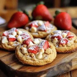 To make these yummy cookies, you need the following ingredients: - 1 cup unsalted butter, softened - 1 cup cream cheese, softened - 1 cup granulated sugar - 1/2 cup brown sugar, packed - 1 large egg - 2 teaspoons vanilla extract - 2 cups all-purpose flour - 1 teaspoon baking powder - 1/2 teaspoon baking soda - 1/4 teaspoon salt - 1 cup fresh strawberries, diced - 1/2 cup white chocolate chips (optional) - 1/4 cup graham cracker crumbs (for topping) Each ingredient plays an important role in the flavor and texture of the cookies. - Unsalted butter and cream cheese give these cookies a rich and creamy base. They keep the cookies soft. - Granulated sugar and brown sugar add sweetness. Brown sugar also helps with moisture. - Egg binds the ingredients together and helps the cookies rise. - Vanilla extract adds a warm, sweet flavor. - All-purpose flour is the main structure. It helps the cookies hold their shape. - Baking powder and baking soda are leavening agents. They make the cookies puff up as they bake. - Salt enhances all the flavors in the cookies. - Fresh strawberries add a burst of fruity flavor. They make each bite refreshing. - White chocolate chips offer a sweet surprise, while graham cracker crumbs give a cheesecake-like crust. Feel free to get creative! Here are some ideas: - Swap white chocolate chips for dark chocolate or milk chocolate for a different taste. - Use frozen strawberries if fresh ones are not available. Thaw and drain them first. - For a nutty flavor, add chopped nuts like walnuts or pecans. - You can also add spices like cinnamon for extra warmth. - If you want a gluten-free version, use a gluten-free flour blend instead. These options can help you customize your cookies to your liking. For the full recipe, check the details provided above. Start by gathering all your supplies. You will need: - Parchment paper - Mixing bowls - A cookie scoop or tablespoon - A whisk Next, preheat your oven to 350°F (175°C). This step is key for even baking. Line your baking sheet with parchment paper to prevent sticking. This makes cleanup easier. 1. Mixing the Base: In a large bowl, beat the softened butter and cream cheese. Make sure they blend well until smooth. This texture is crucial for soft cookies. 2. Add Sugars: Pour in the granulated and brown sugars. Beat until the mixture is fluffy. This helps the cookies rise and gives them a nice texture. 3. Incorporate Egg and Vanilla: Mix in one large egg and two teaspoons of vanilla extract. Make sure the egg is fully mixed in. 4. Combine Dry Ingredients: In another bowl, whisk together the flour, baking powder, baking soda, and salt. Then, mix the dry ingredients into the wet mixture. Do this until just combined; don’t overmix. 5. Fold in Strawberries: Gently fold in the diced strawberries and white chocolate chips if you are using them. Be careful not to crush the strawberries. 6. Shape the Cookies: Use a cookie scoop or tablespoon to drop the dough onto your baking sheet. Space them about 2 inches apart. 7. Top with Graham Cracker Crumbs: Sprinkle the graham cracker crumbs on top of each cookie. This adds a nice touch that mimics a cheesecake crust. 8. Bake: Place the baking sheet in the oven and bake for 12 to 15 minutes. Look for lightly golden edges while keeping the centers soft. After baking, let the cookies sit on the sheet for about 5 minutes. This helps them firm up. Then, transfer them to a wire rack to cool completely. For serving, place your cookies on a nice platter. You can add fresh strawberry halves on the side for decoration. A dusting of powdered sugar adds an extra sweet touch. This will make your cookies look as great as they taste! For more details, check out the Full Recipe. To get the best cookie texture, use room-temperature butter and cream cheese. This helps them blend well. Beat them together until you see a creamy mix. It should be smooth and fluffy. Don’t overmix the dough after adding flour. Just mix until you can’t see dry bits of flour. This keeps your cookies soft and chewy. If you have leftover cookies, store them in an airtight container. This keeps them fresh. You can add a slice of bread to help keep them moist. Place them in a cool spot, not the fridge. The cookies can last up to five days. If you want to save them longer, freeze them! To make the strawberry flavor shine, use fresh, ripe strawberries. Dice them small so they spread through the dough. If you want more flavor, you can add a little bit of strawberry extract. This gives an extra burst of taste. Lastly, don’t crush the strawberries when you fold them in. This keeps their flavor strong and bright. For the complete recipe, check out the Full Recipe above. {{image_2}} These cookies are great, but let’s get creative! You can change the flavors and make them your own. Try adding lemon zest for a bright twist. The zest adds a fresh taste that pairs well with strawberries. You can also mix in different chocolate, like dark or milk chocolate chips. Each option gives a unique flavor and texture to your cookies. What if strawberries aren’t in season? No problem! You can swap them out for other fruits. Blueberries and raspberries work well. They bring a tartness that balances the sweet cookie base. Peaches are another fun choice. Just make sure to chop them small. They add a juicy burst of flavor. Each fruit creates a new take on the classic recipe. Want to make these cookies gluten-free? It’s easy! Use a gluten-free flour blend instead of all-purpose flour. This small change keeps the cookies soft and chewy. For a vegan version, swap out the butter and cream cheese for plant-based options. Coconut oil and vegan cream cheese are great choices. Replace the egg with a flax egg. Mix one tablespoon of ground flaxseed with three tablespoons of water. Let it sit a few minutes to thicken. These options make the cookies accessible to many diets without losing flavor. For the full recipe, check out the details above and get started on your sweet treat! To keep your strawberry cheesecake cookies fresh, store them in an airtight container. This helps lock in moisture and flavor. Place wax paper between layers if stacking to avoid sticking. Keep the container in a cool, dry place. Avoid direct sunlight, as heat can alter texture. If your kitchen is warm, the fridge might be a good option. To freeze your strawberry cheesecake cookies, follow these simple steps: 1. Cool Completely: Ensure cookies cool down fully on a wire rack. 2. Flash Freeze: Place cookies in a single layer on a baking sheet. Freeze for 1-2 hours until solid. 3. Store Properly: Transfer cookies to a freezer-safe bag or container. Remove as much air as possible to prevent freezer burn. 4. Label and Date: Write the date on the bag. This helps track how long they’ve been frozen. When you’re ready to enjoy them, simply thaw at room temperature for a few hours. When stored correctly, strawberry cheesecake cookies last about a week at room temperature. In the fridge, they can stay fresh for up to two weeks. If you freeze them, they can last for up to three months. However, for the best taste and texture, enjoy them within a month. Following these storage tips helps maintain their delicious flavor and soft texture. These cookies are viral because they blend two favorites: strawberries and cheesecake. People love the unique taste and fun twist on classic cookies. The bright colors and creamy texture make them a hit on social media. Plus, they look amazing when you serve them! The white chocolate chips and graham cracker crumbs add a nice touch, too. Everyone wants to share a photo of these cookies with friends. To keep your strawberries fresh, use firm and ripe fruit. First, wash and dry them well. Then, dice them into small pieces but not too tiny. You want to see those juicy bits in each cookie! Gently fold the strawberries into the dough. Avoid mashing them as you mix. If you want, you can also dust the strawberries with flour before adding them. This helps absorb some moisture. Yes, you can make these cookies ahead of time! You can prepare the dough and chill it in the fridge for up to three days. Just scoop the dough onto the baking sheet before baking. If you want to freeze the dough, scoop it into balls and place them on a tray. Once frozen, store them in a bag or container for up to three months. When you're ready to bake, just add a couple of extra minutes to the baking time. You can find the full recipe to help you with this process. You now have all the tools to make viral strawberry cheesecake cookies. We covered ingredients, baking steps, and tips to get the texture just right. You learned about fun variations and storage tips for freshness. Remember, using ripe strawberries can truly make your cookies shine. Don't hesitate to experiment with flavors or try gluten-free or vegan options. Your baking adventure is just beginning, so enjoy the process and share your creations with others!