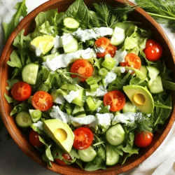 - 4 cups mixed salad greens - 1 cup cucumber, diced - 1 cup cherry tomatoes, halved - 1 avocado, sliced - 1/2 cup green onions, sliced - 1/4 cup fresh parsley, chopped - 1/4 cup fresh dill, chopped - 1/2 cup Greek yogurt - 2 tablespoons lemon juice - 2 tablespoons olive oil - Salt and pepper to taste When I create a Simple Green Goddess Salad, I always start with the freshest ingredients. The mixed salad greens are the base, giving a lovely crunch. I like to use a mix of baby spinach, arugula, and romaine for great flavor. The cucumber adds a refreshing crunch, while the cherry tomatoes bring in sweetness and color. Avocado is a must. It adds creaminess and healthy fats. Green onions give a mild bite, and fresh herbs like parsley and dill brighten the dish. For the dressing, I use Greek yogurt for a creamy texture and tang. Lemon juice adds a zesty kick, and olive oil brings richness. Salt and pepper are key for flavor balance, so don’t skip them! This simple combination of ingredients makes a salad that is not just easy to make but also bursting with flavor. For the full recipe, check out the details above. 1. Preparing the salad base and toppings: Start by taking a large bowl. Add 4 cups of mixed salad greens. I like to use baby spinach, arugula, and romaine for a nice mix. Next, add 1 cup of diced cucumber and 1 cup of halved cherry tomatoes. These add crunch and flavor. Now, layer 1 sliced avocado on top. Finally, sprinkle 1/2 cup of sliced green onions over everything. This adds a zesty touch. 2. Making the Green Goddess dressing: In a smaller bowl, whisk together 1/2 cup of Greek yogurt, 2 tablespoons of lemon juice, and 2 tablespoons of olive oil. Mix until smooth. Then, fold in 1/4 cup each of chopped fresh parsley and dill. This dressing brings the salad to life with its fresh herbs. 3. Tossing and serving the salad: Drizzle the Green Goddess dressing over your salad. Gently toss everything to coat the greens and toppings. Add salt and pepper to taste. Serve right away for the best flavor and freshness. - Total prep time: This salad takes only 15 minutes to prepare. It’s quick and perfect for busy days. - Tips for optimal freshness: For the freshest taste, eat the salad right after you make it. If you prepare it in advance, keep the dressing separate. This way, the greens stay crisp and the flavors pop! When serving your Simple Green Goddess Salad, presentation matters. Use a large wooden bowl for an inviting look. Arrange the salad in layers to show off the colors. Add a few sprigs of fresh dill on top for a vibrant touch. This makes the dish pop and looks great on the table. Pair this salad with grilled chicken or fish for a complete meal. It goes well with whole-grain bread or a light soup, too. These pairings enhance the salad’s fresh flavors and make for a satisfying dining experience. A common mistake is overdressing the salad. Too much dressing can make the greens soggy. Start with a small amount, then add more if needed. This keeps the salad fresh and crisp. Choosing the right greens is also key. Avoid tough or bitter greens that can overpower the dish. I recommend using baby spinach, arugula, and romaine for a mix of textures and flavors. This balance makes your salad enjoyable and delicious. {{image_2}} You can easily swap out the mixed salad greens. Try using kale or romaine for a different crunch. You can also mix in baby spinach for a softer bite. For a dairy-free dressing, use cashew cream or coconut yogurt. Blend these with lemon juice and herbs for a creamy texture. This keeps the salad tasty and fresh while catering to different diets. In spring, add fresh peas or radishes for a crisp bite. In summer, bright fruits like strawberries or peaches work well. Fall brings great flavors, so consider roasted squash or apples. Adjust flavors by changing herbs. Use basil for a sweeter taste or cilantro for a spicier kick. Seasonal swaps keep the salad exciting year-round. For the full recipe, check out the Simple Green Goddess Salad. To keep your Simple Green Goddess Salad fresh, always store it in an airtight container. This helps prevent wilting. If you have leftover dressing, store it separately. Mixing the dressing with the salad too soon can make it soggy. For best taste and texture, eat leftovers within three days. After that, the greens may lose their crispness. Always check for any signs of spoilage before eating. Preparing this salad in advance can save time during busy weeks. Start by washing and chopping all your veggies. You can store them in separate containers in the fridge. This method keeps them fresh longer. When you are ready to eat, simply combine the ingredients in a bowl. Add the dressing just before you serve to keep everything crisp. You can easily make salads for the week this way. Enjoy your tasty, fresh meals! A Green Goddess Salad is a fresh and vibrant dish. It dates back to the 1920s in San Francisco. The salad features a creamy dressing made with herbs and yogurt. Key ingredients often include greens, cucumbers, and avocado. The bright flavors and colors make it popular. It’s a great way to enjoy healthy, raw vegetables. Yes, you can prepare the salad in advance. However, keep some parts separate. Store the salad greens and dressing in separate containers. This helps maintain freshness. You can mix them just before serving. Also, cut the avocado right before serving to prevent browning. Absolutely! You can substitute Greek yogurt with dairy-free options. Use coconut yogurt or cashew cream for a creamy texture. Nutritional yeast can add a cheesy flavor. Lemon juice and fresh herbs keep the dressing bright and tasty. This way, you can enjoy the salad while sticking to a vegan diet. This blog post covered the key ingredients and steps to make a delicious Green Goddess salad. We explored the health benefits of each ingredient and tips for fresh, tasty servings. I shared common mistakes to avoid and offered variations to keep your salads exciting. Don’t forget the best ways to store leftovers and meal prep for the week. With these tips, you can create a vibrant salad that nourishes and delights your taste buds. Enjoy making and sharing this healthy dish!