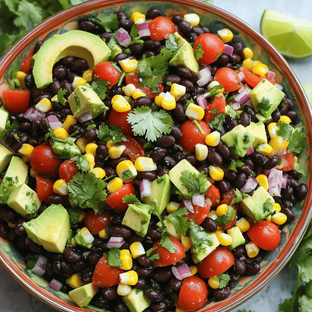 - 1 can (15 oz) black beans, rinsed and drained - 1 cup corn kernels (fresh, frozen, or canned) - 1 medium red bell pepper, diced - 1 small red onion, finely chopped - 1 cup cherry tomatoes, halved - 1 avocado, diced - 1/4 cup fresh cilantro, chopped - 2 tablespoons lime juice - 1 tablespoon olive oil - 1 teaspoon cumin - Salt and pepper to taste When making Fiesta Black Bean Corn Salad, you want the best taste. Here are some tips: - Fresh vs. canned: I love using fresh ingredients. They give the best flavor. If you use canned beans, make sure to rinse them well. This removes extra salt and keeps the salad light. - Organic vs. non-organic: Organic veggies often taste better and have fewer chemicals. If you can, buy organic bell peppers and tomatoes. - Substituting ingredients: If you have a food allergy or dislike an ingredient, swap it out! Use kidney beans for black beans or add corn if you want more crunch. You can also replace avocado with diced mango for a sweet twist. These tips ensure your salad is not only healthy but also packed with flavor. For the full recipe, check out the [Full Recipe]. To start, gather your main ingredients. In a large mixing bowl, combine: - 1 can of black beans, rinsed and drained - 1 cup of corn kernels - 1 diced red bell pepper - 1 finely chopped red onion - 1 cup of halved cherry tomatoes Next, gently fold in the diced avocado and chopped cilantro. Be careful not to mash the avocado; you want it to stay chunky. Now, let’s create the dressing. In a small bowl, whisk together: - 2 tablespoons of lime juice - 1 tablespoon of olive oil - 1 teaspoon of cumin - Salt and pepper to taste This will give your salad a fresh, zesty flavor. When you pour the dressing over the salad, ensure even distribution. Gently stir the mix so every bite gets flavor. For the best taste, let the salad sit for 10-15 minutes. This time allows the flavors to meld. You will notice a delightful change! For serving, use a large, colorful bowl. This makes the salad look vibrant and inviting. Garnish with extra cilantro and lime wedges. These final touches add a festive look and a burst of flavor. Enjoy your delicious creation! For the full recipe, check out the detailed instructions and enjoy making this fresh dish! To make your salad pop with flavor, try adding fresh lime zest. It gives a bright kick. You can also toss in some diced jalapeños for heat. If you like a sweeter taste, add diced mango or pineapple. When serving, choose a large, colorful bowl. It makes the salad look festive. Garnish with extra cilantro and lime wedges for a pretty touch. Store any leftovers in an airtight container. This keeps the salad fresh for up to three days. One common mistake is overmixing the ingredients. This can turn the avocado mushy. Instead, gently fold the salad. Another mistake is not letting the flavors meld. Letting it sit for 10-15 minutes enhances the taste. If your salad needs more flavor, try adding a pinch of salt or a splash of lime juice. This helps balance the taste. If you want more crunch, add some chopped nuts or seeds. For creaminess, mix in more avocado or a dollop of Greek yogurt. For the full recipe, check out the detailed steps to create this vibrant dish. {{image_2}} You can easily swap some ingredients in Fiesta Black Bean Corn Salad. If you want, use pinto beans or kidney beans instead of black beans. Both options bring their own taste and texture. For grains, try quinoa or brown rice for added fiber. Seasonal veggies can make this dish even better. In summer, add fresh zucchini or cucumbers. In fall, consider roasted butternut squash or sweet potatoes. These changes keep the salad fresh and fun all year. This salad can fit different diets. For a vegan option, skip the cheese (if you add any). The salad is already packed with plant-based goodness. It’s also gluten-free since it uses no grains with gluten. If you're watching your carbs, reduce the corn. You can add more beans or veggies instead. For a low-fat version, use less olive oil or replace it with a splash of vegetable broth. While the lime dressing is tasty, you can try other options. A balsamic vinaigrette adds a sweet tang. A cilantro-lime dressing gives a fresh kick. For a spicy twist, try a chipotle dressing to add some heat. Experimenting with dressings can change the flavor. This keeps the salad exciting and new every time you make it. For the full recipe, check out the detailed instructions. To store leftovers, place the Fiesta Black Bean Corn Salad in an airtight container. This helps keep it fresh. Make sure to seal it well to prevent air from getting in. If you plan to eat it later, store it in the fridge. It’s best to keep it cold to maintain flavor and texture. For refrigeration tips, always let the salad cool to room temperature before sealing it. This prevents moisture buildup inside the container. If you add avocado, eat it within a day or two. The avocado can brown quickly. The salad can last about 3 to 5 days in the refrigerator. After that, the flavors may fade, and the ingredients might lose their crunch. Keep an eye on the salad. If it smells off or looks different, it’s best to throw it away. You can serve the salad cold or at room temperature. If you prefer it warm, gently heat it in a pan. Avoid high heat to prevent mushiness. Stir it often to warm it evenly without cooking it too much. Whether cold or warm, this salad remains a tasty option. Enjoy it as a side dish or a light meal! For the complete recipe, check the [Full Recipe]. Can I make Fiesta Black Bean Corn Salad in advance? Yes, you can make this salad ahead of time. It stays fresh for about a day in the fridge. Just remember to add the avocado right before serving to keep it from browning. Is this salad healthy? Absolutely! This salad is full of fiber, vitamins, and healthy fats. The black beans and corn provide protein, while the colorful veggies add nutrients. Can I freeze leftover salad? Freezing is not a good idea for this salad. The veggies will lose their crunch and texture when thawed. It’s best enjoyed fresh. What dishes pair well with this salad? This salad works great with grilled meats, tacos, or as a side to any Mexican dish. You can also enjoy it with tortilla chips for a fun snack. Is it suitable for meal prep? Yes, this salad is perfect for meal prep. Make a big batch and portion it out for lunches. Just keep the dressing separate until you’re ready to eat. Can I use black-eyed peas instead of black beans? Yes, black-eyed peas can replace black beans. They will change the flavor a bit but still taste great. What can I substitute for lime juice? If you don’t have lime juice, lemon juice works well. It adds a nice tang, too. This blog post covered how to create a tasty Fiesta Black Bean Corn Salad. You learned about fresh ingredients, preparation steps, and key tips for assembly. Remember to avoid overmixing, and let flavors meld for the best taste. Variations like dietary swaps and alternative dressings can keep things fresh. Store leftovers safely and use them within a few days for peak flavor. Enjoy your salad as a side or meal prep option. It’s a healthy choice that’s easy to make and fun to customize!