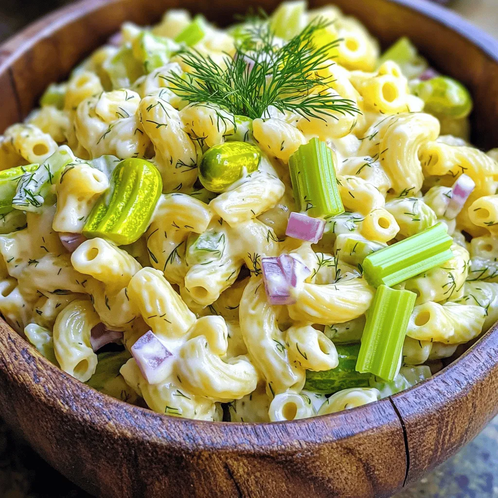 - 2 cups elbow macaroni - 1 cup dill pickles, chopped - 1/2 cup red onion, finely chopped - 1/2 cup celery, diced - 1/2 cup mayonnaise - 1/2 cup sour cream - 2 tablespoons pickle juice - 1 tablespoon Dijon mustard - 1 teaspoon garlic powder - 1 teaspoon onion powder - Salt and pepper to taste - Fresh dill, for garnish When I whip up my creamy dill pickle pasta salad, I start with the basics. First, I grab elbow macaroni. It gives the salad a fun shape and holds the dressing well. Next, I chop some dill pickles. They bring that tangy crunch I love. I finely chop red onion and dice celery for extra flavor and crunch. Then, I measure out my creamy base: mayonnaise and sour cream. They create that rich texture we all crave. I always add pickle juice and Dijon mustard for a zesty kick. To round it off, I use garlic and onion powder. A sprinkle of salt and pepper brings it all together. Fresh dill adds a lovely touch on top. - Cherry tomatoes - Hard-boiled eggs - Cooked bacon Sometimes, I like to mix it up with optional add-ins. Cherry tomatoes add a sweet burst. Hard-boiled eggs boost the protein and creaminess. And cooked bacon gives that savory crunch that’s hard to resist. For the full recipe, check out the complete instructions! First, you need to cook the elbow macaroni. Bring a big pot of salted water to a boil. Add the macaroni and cook it according to the package instructions. This usually takes about 8 to 10 minutes. Check it to ensure it's al dente, or firm to the bite. Once done, drain the pasta in a colander. Next, rinsing is key. Run cold water over the macaroni to stop the cooking. This also cools it down. Spread the pasta out on a clean towel to help dry it. Set it aside while you make the dressing. Now, let's make the creamy dressing. In a large bowl, add the mayonnaise, sour cream, and pickle juice. Then, add Dijon mustard, garlic powder, onion powder, salt, and pepper. Mix these ingredients well until smooth. Seasoning is very important here. It brings life to the pasta salad. Taste the dressing and adjust the salt and pepper as needed. You want it to have a nice balance of flavors. Time to bring it all together! Add the cooled macaroni to the dressing mixture. Use a spatula to gently toss it together. Make sure the pasta is well coated with the creamy dressing. Next, fold in the chopped dill pickles, red onion, and celery. Be gentle to keep the pasta intact. This step adds crunch and brightness to the dish. Taste the salad again and adjust any seasoning if needed. Once mixed, cover the bowl and let it chill in the fridge for at least 30 minutes. This lets all the flavors blend together nicely. Serve it cold, and enjoy your creamy dill pickle pasta salad! You can find the full recipe for more detailed instructions. To spice up the dressing, I love adding a splash of hot sauce. This adds a nice kick. You can also try mixing in some fresh herbs, like parsley or chives, for extra flavor. When using dill, fresh is always best. Fresh dill has a bright taste that dried cannot match. If using dried dill, remember to use less since it is more concentrated. To keep your pasta salad creamy, don’t skip the sour cream and mayonnaise. These two ingredients create a rich base. Make sure to mix them well for a smooth texture. To avoid a soggy salad, rinse the pasta in cold water right after cooking. This stops the cooking process and cools it down quickly. Also, serve the salad soon after making it. If it sits too long, it can become watery. Serve this pasta salad in a big bowl for a fun look. You can garnish with fresh dill on top for color. Pair it with grilled chicken or burgers for a great summer meal. It also goes well with barbecued ribs or fresh seafood. This salad is a true crowd-pleaser! For the full recipe, check out the details above. {{image_2}} You can easily make this creamy dill pickle pasta salad vegetarian. Start by adding more colorful vegetables. Consider mixing in diced bell peppers, carrots, or even peas. These veggies add crunch and boost nutrition. If you want to substitute proteins, try chickpeas or tofu. Both options add protein without meat. Just make sure to drain and rinse chickpeas before mixing them in. This keeps the salad fresh and light. To make a low-calorie version of the creamy dill pickle pasta salad, swap out mayonnaise and sour cream. Use Greek yogurt instead. It gives you creaminess with less fat. You can also mix in a bit of lemon juice for extra flavor. Another way to cut calories is to reduce the pasta quantity. Try using just one cup of elbow macaroni instead of two. This makes the salad lighter while keeping it tasty. Want to give your salad a unique twist? Add spices or herbs for variety. A pinch of cayenne pepper can add a kick, while fresh herbs like parsley or chives can brighten it up. You can also incorporate different cheese varieties. Feta cheese adds a salty bite that pairs well with the pickles. Shredded cheddar offers a rich flavor. Just sprinkle your chosen cheese on top before serving for a delightful touch. Explore the [Full Recipe] to see how these variations can enhance your dish. Store your creamy dill pickle pasta salad in an airtight container. Glass or plastic containers work well. Avoid using metal containers, as they can react with the ingredients. This pasta salad stays fresh in the fridge for up to three days. The flavors will meld more over time, making it even tastier! Can you freeze pasta salad? Yes, but it’s not ideal. Freezing may change the texture of the pasta and veggies. If you must freeze it, store it in a freezer-safe container. Make sure to leave some space for expansion. To thaw, place the pasta salad in the fridge overnight. This method helps keep the flavors intact. When ready to serve, mix gently. You may want to add a bit more dressing to refresh it. Enjoy this creamy dish anytime! For the full recipe, check out the complete guide. Yes, you can make this pasta salad ahead of time. I suggest making it the night before or at least four hours before serving. This allows the flavors to blend well. Just keep it in the fridge until you are ready to serve. If you don't have dill pickles, you can try bread and butter pickles or sweet pickles. Both will add a different taste. You can also use chopped cucumber for a fresh twist. Fresh herbs like parsley or chives can enhance the flavor too. To turn this salad into a main dish, add proteins. Grilled chicken, shrimp, or diced ham work great. You can mix them in with the pasta for a filling meal. Serve it with bread or a side salad for a complete dinner. For more ideas, check the Full Recipe. You now have all the steps to make a tasty pasta salad. Start with the ingredients, cook your pasta, and make the creamy dressing. Then, mix everything together and customize it with add-ins or variations. Remember to store leftovers properly or even try freezing. Enjoy this dish with friends and family, and feel free to put your spin on it. It’s a fun recipe that brings a great taste to any meal. Dive in and have a blast in the kitchen!