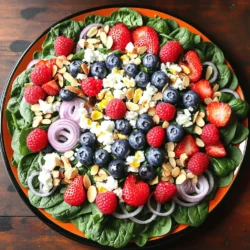 - 5 cups fresh baby spinach - 1 cup mixed berries (strawberries, blueberries, raspberries) - ½ cup crumbled feta cheese - ¼ cup sliced almonds - ¼ red onion - 3 tablespoons olive oil - 2 tablespoons balsamic vinegar - 1 tablespoon honey - Salt and pepper to taste The Summer Berry Spinach Salad is a burst of color and flavor! Each ingredient plays a key role in creating a delicious and healthy dish. Benefits of spinach Spinach is a superfood. It is rich in vitamins A, C, and K. It also contains iron and calcium. Eating spinach helps with bone health and boosts your immune system. Benefits of berries Berries are full of antioxidants. Strawberries, blueberries, and raspberries fight free radicals. They are low in calories and high in fiber, which is great for digestion. Nutritional value of almonds Almonds add crunch and protein. They contain healthy fats and vitamin E. Including almonds helps keep your heart healthy. They also provide energy and keep you full longer. This salad is not just tasty; it is a powerhouse of nutrition! For the full recipe, check the details above. 1. Salad assembly: Grab a large salad bowl. Start with 5 cups of fresh baby spinach. This is your base. 2. Rinsing and slicing berries: Rinse 1 cup of mixed berries under cold water. Use strawberries, blueberries, and raspberries. If you use strawberries, slice them into thinner pieces. Add all the berries to the spinach in the bowl. 3. Toasting almonds: In a small skillet over medium heat, add ¼ cup of sliced almonds. Toast them for about 3-4 minutes. Stir them often until they turn golden and smell good. Remove them from heat and let them cool. 1. How to whisk dressing ingredients: In a small bowl, combine 3 tablespoons of olive oil, 2 tablespoons of balsamic vinegar, and 1 tablespoon of honey. Add salt and pepper to taste. Whisk everything together until it blends well. 2. Tips for emulsifying: Keep whisking the dressing until it looks smooth and thick. This helps the oil and vinegar mix better. 1. Tossing the salad: Drizzle the dressing over the salad. Toss gently to coat the spinach and berries well. Make sure every bite gets some flavor. 2. Presentation suggestions: Serve the salad on a large platter or in individual bowls. Add extra berries and a sprinkle of feta cheese on top for a beautiful finish. Enjoy your fresh and colorful Summer Berry Spinach Salad! For more details, check out the Full Recipe. To make this salad shine, serve it on a large platter. You can also use individual bowls. This adds a nice touch and makes the salad look inviting. For a protein boost, pair it with grilled chicken or shrimp. These proteins add flavor and keep you full longer. Want to make it vegan? Simply leave out the feta cheese. You can replace it with avocado for creaminess. If you need a gluten-free option, this salad is naturally gluten-free. For extra crunch, try using sunflower seeds instead of almonds. Feel free to swap berries too. Use blackberries or cherries if you prefer. To keep the salad fresh, store the dressing separately. Keep it in a small jar or container. When ready to eat, mix the salad and dressing just before serving. This helps the spinach stay crisp. Use airtight containers for the salad. Glass containers work best for storing leftovers. Check for freshness daily, and enjoy bites of summer! {{image_2}} You can make your summer berry spinach salad even better with some add-ins. Adding proteins like grilled chicken or shrimp boosts flavor and makes it more filling. You can also mix in other fruits. Try peaches or apples for a sweet twist. Nuts like walnuts or pecans add crunch and taste too. You have many choices for dressings. A classic balsamic vinaigrette works well. You can also try a creamy dressing for a different flavor. Making your dressing at home can be fun and fresh. It lets you control the taste and ingredients. Store-bought dressings save time but might have hidden sugars. Check the label for a healthier option. As the seasons change, your salad can change too. In fall, add roasted squash or apples. In winter, use hearty greens like kale or add nuts and dried fruits. This keeps your salad fresh and exciting all year round. You can explore new recipes for seasonal salads that highlight what’s in season. To keep your Summer Berry Spinach Salad fresh, store it in the fridge. This salad is best enjoyed within 1-2 days. For short-term storage, use an airtight container. This protects the salad from drying out. Long-term storage is not recommended due to the greens wilting. You cannot reheat this salad since it is best served cold. Store spinach in a breathable bag. This helps keep it crisp. Avoid washing spinach until you're ready to use it. As for berries, keep them in their original container. If they get wet, they can spoil faster. To prevent browning, add a little lemon juice to cut fruits. This keeps them looking fresh and tasty. If you want to prepare the salad in advance, consider jar layering. Start with the dressing at the bottom. Next, add the sturdier ingredients like spinach and almonds. Place berries on top to avoid crushing. Keep the salad in the fridge and add the dressing when ready to eat. This keeps everything fresh and crunchy. For the full recipe, refer back to the instructions above. How long does the salad last in the fridge? This salad lasts up to three days in the fridge. The spinach may wilt, so eat it sooner for the best taste. Can I prepare this salad in advance? Yes, you can prepare it a few hours ahead. Just wait to add the dressing until you serve it. This keeps the spinach fresh and crisp. What can I substitute for feta cheese? If you want a different cheese, try goat cheese or ricotta. Both add nice flavors and creaminess to the salad. How to keep spinach from wilting Store spinach in a clean, dry container. A paper towel inside helps absorb moisture. This keeps the leaves fresh longer. Ideal combinations for berries Mix strawberries, blueberries, and raspberries for a tasty blend. You can also use blackberries or cherries for variety. Each berry brings unique flavors and nutrients. Nutritional breakdown per serving Each serving has about 150 calories. It provides vitamins A, C, and E, along with healthy fats from almonds. This salad is both filling and nutritious. Modifications for larger groups To serve more people, simply double or triple the recipe. Adjust the ingredients as needed, keeping the same ratios for a balanced flavor. This blog post showed you how to make a delicious spinach berry salad. It covered the key ingredients and their health benefits. We discussed step-by-step instructions to prepare the salad and dressings. Then, I shared tips for serving and storing your salad to keep it fresh. Finally, you learned about variations and customization options to fit your taste. Remember, a healthy salad can be fun and easy to make. Enjoy experimenting with flavors and stay creative in your kitchen!