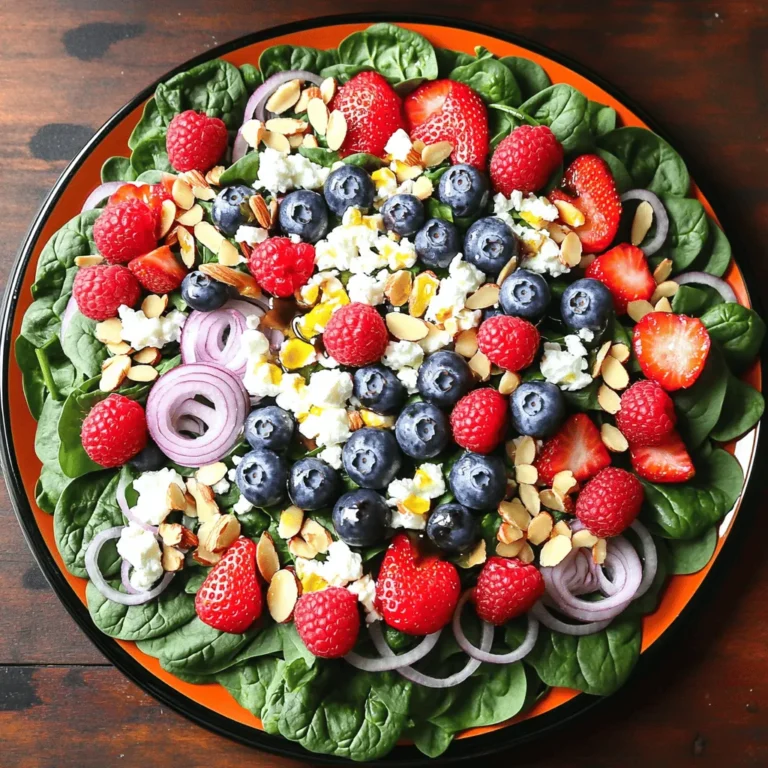 - 5 cups fresh baby spinach - 1 cup mixed berries (strawberries, blueberries, raspberries) - ½ cup crumbled feta cheese - ¼ cup sliced almonds - ¼ red onion - 3 tablespoons olive oil - 2 tablespoons balsamic vinegar - 1 tablespoon honey - Salt and pepper to taste The Summer Berry Spinach Salad is a burst of color and flavor! Each ingredient plays a key role in creating a delicious and healthy dish. Benefits of spinach Spinach is a superfood. It is rich in vitamins A, C, and K. It also contains iron and calcium. Eating spinach helps with bone health and boosts your immune system. Benefits of berries Berries are full of antioxidants. Strawberries, blueberries, and raspberries fight free radicals. They are low in calories and high in fiber, which is great for digestion. Nutritional value of almonds Almonds add crunch and protein. They contain healthy fats and vitamin E. Including almonds helps keep your heart healthy. They also provide energy and keep you full longer. This salad is not just tasty; it is a powerhouse of nutrition! For the full recipe, check the details above. 1. Salad assembly: Grab a large salad bowl. Start with 5 cups of fresh baby spinach. This is your base. 2. Rinsing and slicing berries: Rinse 1 cup of mixed berries under cold water. Use strawberries, blueberries, and raspberries. If you use strawberries, slice them into thinner pieces. Add all the berries to the spinach in the bowl. 3. Toasting almonds: In a small skillet over medium heat, add ¼ cup of sliced almonds. Toast them for about 3-4 minutes. Stir them often until they turn golden and smell good. Remove them from heat and let them cool. 1. How to whisk dressing ingredients: In a small bowl, combine 3 tablespoons of olive oil, 2 tablespoons of balsamic vinegar, and 1 tablespoon of honey. Add salt and pepper to taste. Whisk everything together until it blends well. 2. Tips for emulsifying: Keep whisking the dressing until it looks smooth and thick. This helps the oil and vinegar mix better. 1. Tossing the salad: Drizzle the dressing over the salad. Toss gently to coat the spinach and berries well. Make sure every bite gets some flavor. 2. Presentation suggestions: Serve the salad on a large platter or in individual bowls. Add extra berries and a sprinkle of feta cheese on top for a beautiful finish. Enjoy your fresh and colorful Summer Berry Spinach Salad! For more details, check out the Full Recipe. To make this salad shine, serve it on a large platter. You can also use individual bowls. This adds a nice touch and makes the salad look inviting. For a protein boost, pair it with grilled chicken or shrimp. These proteins add flavor and keep you full longer. Want to make it vegan? Simply leave out the feta cheese. You can replace it with avocado for creaminess. If you need a gluten-free option, this salad is naturally gluten-free. For extra crunch, try using sunflower seeds instead of almonds. Feel free to swap berries too. Use blackberries or cherries if you prefer. To keep the salad fresh, store the dressing separately. Keep it in a small jar or container. When ready to eat, mix the salad and dressing just before serving. This helps the spinach stay crisp. Use airtight containers for the salad. Glass containers work best for storing leftovers. Check for freshness daily, and enjoy bites of summer! {{image_2}} You can make your summer berry spinach salad even better with some add-ins. Adding proteins like grilled chicken or shrimp boosts flavor and makes it more filling. You can also mix in other fruits. Try peaches or apples for a sweet twist. Nuts like walnuts or pecans add crunch and taste too. You have many choices for dressings. A classic balsamic vinaigrette works well. You can also try a creamy dressing for a different flavor. Making your dressing at home can be fun and fresh. It lets you control the taste and ingredients. Store-bought dressings save time but might have hidden sugars. Check the label for a healthier option. As the seasons change, your salad can change too. In fall, add roasted squash or apples. In winter, use hearty greens like kale or add nuts and dried fruits. This keeps your salad fresh and exciting all year round. You can explore new recipes for seasonal salads that highlight what’s in season. To keep your Summer Berry Spinach Salad fresh, store it in the fridge. This salad is best enjoyed within 1-2 days. For short-term storage, use an airtight container. This protects the salad from drying out. Long-term storage is not recommended due to the greens wilting. You cannot reheat this salad since it is best served cold. Store spinach in a breathable bag. This helps keep it crisp. Avoid washing spinach until you're ready to use it. As for berries, keep them in their original container. If they get wet, they can spoil faster. To prevent browning, add a little lemon juice to cut fruits. This keeps them looking fresh and tasty. If you want to prepare the salad in advance, consider jar layering. Start with the dressing at the bottom. Next, add the sturdier ingredients like spinach and almonds. Place berries on top to avoid crushing. Keep the salad in the fridge and add the dressing when ready to eat. This keeps everything fresh and crunchy. For the full recipe, refer back to the instructions above. How long does the salad last in the fridge? This salad lasts up to three days in the fridge. The spinach may wilt, so eat it sooner for the best taste. Can I prepare this salad in advance? Yes, you can prepare it a few hours ahead. Just wait to add the dressing until you serve it. This keeps the spinach fresh and crisp. What can I substitute for feta cheese? If you want a different cheese, try goat cheese or ricotta. Both add nice flavors and creaminess to the salad. How to keep spinach from wilting Store spinach in a clean, dry container. A paper towel inside helps absorb moisture. This keeps the leaves fresh longer. Ideal combinations for berries Mix strawberries, blueberries, and raspberries for a tasty blend. You can also use blackberries or cherries for variety. Each berry brings unique flavors and nutrients. Nutritional breakdown per serving Each serving has about 150 calories. It provides vitamins A, C, and E, along with healthy fats from almonds. This salad is both filling and nutritious. Modifications for larger groups To serve more people, simply double or triple the recipe. Adjust the ingredients as needed, keeping the same ratios for a balanced flavor. This blog post showed you how to make a delicious spinach berry salad. It covered the key ingredients and their health benefits. We discussed step-by-step instructions to prepare the salad and dressings. Then, I shared tips for serving and storing your salad to keep it fresh. Finally, you learned about variations and customization options to fit your taste. Remember, a healthy salad can be fun and easy to make. Enjoy experimenting with flavors and stay creative in your kitchen!