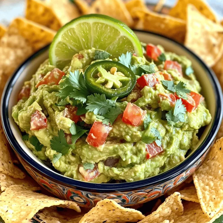 - 3 ripe avocados - 1 medium tomato, diced - 1/4 cup red onion, finely chopped - 1 jalapeño, deseeded and minced - 2 cloves garlic, minced - Juice of 2 limes - 1/4 cup fresh cilantro, chopped - Salt and pepper to taste To make classic guacamole, you will need fresh, ripe avocados. They should feel slightly soft when you press them. This softness means they are ready to mash. The other ingredients add flavor and texture. The tomato brings a nice sweetness. The red onion adds crunch and a bit of bite. Jalapeño gives a touch of heat, while garlic adds depth. Lime juice brightens the dish and keeps the avocado green. Fresh cilantro adds a unique, fresh flavor. Finally, salt and pepper are essential for taste. - Mixing bowl - Fork or potato masher - Knife and cutting board Using the right tools makes the process easier. A mixing bowl is needed to combine all the ingredients. A fork or potato masher works well to mash the avocados. A sharp knife and sturdy cutting board help you chop the other ingredients safely. For a full recipe, check out the Creamy Avocado Fiesta. It has all the steps you need to create this tasty dish. Enjoy making your guacamole! - Cut and pit the avocados. - Scoop the flesh into the mixing bowl. Start with ripe avocados. They should feel soft but not mushy. Slice them in half, and carefully remove the pits. Use a spoon to scoop the green flesh into your mixing bowl. This step is easy and fun! - Mash the avocados. - Incorporate diced vegetables. Now, take a fork and mash the avocado. You can make it smooth or leave some chunks for texture. Next, add the diced tomato, chopped red onion, minced jalapeño, and garlic. Mix these ingredients together gently. Each bite should offer a burst of flavor! - Add lime juice and cilantro. - Season with salt and pepper. - Serve with tortilla chips or vegetable sticks. Squeeze in fresh lime juice and add chopped cilantro. This adds brightness to the guacamole. Season it with salt and pepper. Taste it to make sure it’s just right. Serve your guacamole right away with tortilla chips or vegetable sticks. This dish is perfect for sharing! For the full recipe, check out the earlier section. To get smooth guacamole, mash the avocados well with a fork. For a chunkier dip, mash gently, leaving some pieces. Use a potato masher for a quick mash. If you want a creamier texture, add a bit of sour cream. This makes it richer and smoother. For extra spice, add a pinch of cumin or chili powder. You can also mix in diced mango for a sweet twist. Instead of lime, try lemon or orange juice for a different flavor. Each citrus brings its own zing and freshness to your guacamole. Serve guacamole in a colorful bowl or a rustic dish. A wooden bowl adds charm to the table. Garnish with a sprig of cilantro or a slice of lime on top. Arrange tortilla chips around the bowl for a festive look. This makes it inviting and fun for guests! {{image_2}} You can make guacamole spicy by adding heat. Use fresh jalapeños for a kick. If you want more heat, try serrano or habanero peppers. These peppers will give your guacamole a nice punch. Chop them finely and mix them in with your base. Adjust the amount based on your heat tolerance. For a richer taste, add sour cream or Greek yogurt. This addition makes your guacamole smooth and creamy. You can also try mixing in cream cheese for a unique twist. These creamy ingredients help balance the flavors and give a nice texture. Fruits like mango or pineapple can add sweetness to your guacamole. Dice them up and fold them into the mix. This gives a fresh taste that brightens the dip. You can also add beans or sweet corn. These ingredients add texture and make the guacamole even heartier. Try different combinations from the Full Recipe for fun flavors! To keep guacamole fresh, use an airtight container. Glass or plastic containers work well. Press a piece of plastic wrap directly onto the surface of the guacamole before sealing the lid. This helps reduce air exposure. If you want to store it longer, add a thin layer of lime juice on top before sealing. This extra lime juice adds flavor and helps prevent browning. How long does homemade guacamole last? Homemade guacamole stays fresh for about 1 to 2 days in the fridge. You may notice some browning on the surface after a day. This is normal and can be scraped off. Identifying when guacamole has spoiled is easy. If it smells sour or has a strange texture, it's best to throw it away. Always trust your senses when checking for freshness. You can use several substitutes for lime juice. Lemon juice works very well. It gives a bright, fresh flavor. You can also try vinegar, like apple cider vinegar. Just use a little less than the lime juice called for in the recipe. You want to keep the flavor balanced. If you prefer, you can skip the acid altogether. The guacamole will still taste good without it. Yes, you can freeze guacamole! It is best to freeze it in small portions. Use airtight containers or freezer bags. Before sealing, remove as much air as possible. This helps prevent freezer burn. When you want to use it, thaw it in the fridge overnight. After thawing, the texture may change. You can mix it again to improve the look. Guacamole pairs well with many snacks. Here are some popular options: - Tortilla chips - Fresh vegetable sticks like carrots or celery - Pita chips - Nachos - Hard or soft tacos - Quesadillas Each option adds a fun twist to your guacamole experience! Enjoy exploring all the tasty pairings. For a full recipe, check the Creamy Avocado Fiesta. In this blog post, we covered how to make delicious guacamole from scratch. You learned about the essential ingredients, tools needed, and easy steps to prepare it. We discussed tips for texture, flavor enhancements, and creative variations to suit your taste. Don’t forget proper storage techniques to keep your guacamole fresh. Now, you can impress your friends with your homemade dip. Enjoy your guacamole with chips or veggies and explore new flavors!