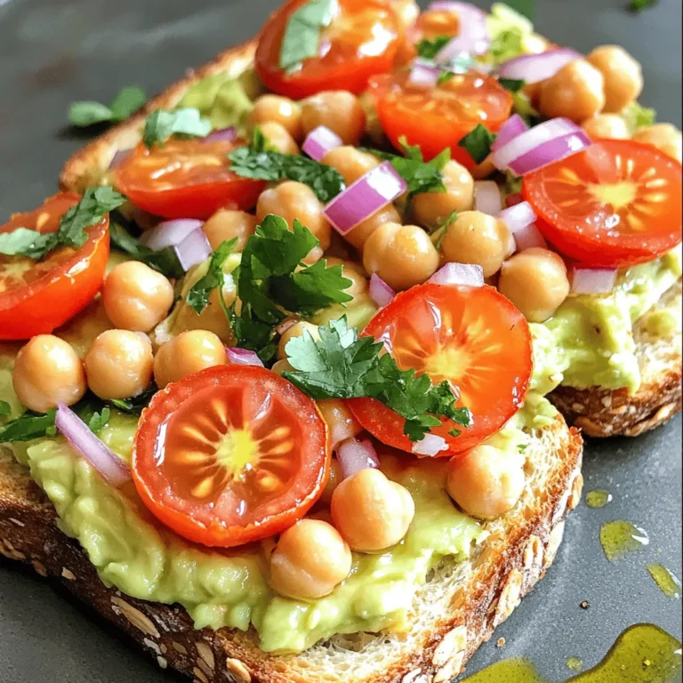 - 1 can (15 oz) chickpeas, drained and rinsed - 2 ripe avocados - 1 tablespoon lemon juice - 1 clove garlic, minced - 1/4 teaspoon cumin - Salt and pepper to taste - 4 slices whole grain bread - 1 small red onion, finely chopped - 1/2 cup cherry tomatoes, halved - Fresh cilantro or parsley for garnish - Olive oil for drizzling Chickpea avocado toast shines with fresh, simple ingredients. Each one adds its own flavor and health benefits. Chickpeas bring protein and fiber. Avocados add healthy fats and creaminess. Lemon juice brightens the mix and keeps everything fresh. Garlic adds a nice kick. Whole grain bread gives a hearty base. It keeps you full longer. Red onion adds crunch and a slight bite. Cherry tomatoes bring sweetness and color. Fresh herbs like cilantro or parsley add a lovely touch. Drizzling olive oil gives a rich finish. One serving of this dish has around 300 calories. It has about 15 grams of fat, mainly from the avocado. You get around 35 grams of carbohydrates and 10 grams of protein. Chickpeas are great for your heart. They help with digestion too. Avocados are full of vitamins and good for your skin. They also help lower bad cholesterol. This toast is not just tasty; it’s also good for your health! For the full recipe, check out the details above. To start, grab a medium bowl and add the chickpeas. Use a fork or a potato masher to mash them. Leave some chunks for texture. Next, cut the ripe avocados in half and scoop out the flesh into the same bowl. Add one tablespoon of lemon juice to keep the mix fresh. Then, add one clove of minced garlic and a quarter teaspoon of cumin. Season with salt and pepper to taste. Mix everything until it's creamy and well combined. For extra flavor, try adding a pinch of smoked paprika or a dash of hot sauce. For the best toast, use whole grain bread. You can toast it in a toaster or on a skillet. If using a skillet, heat it over medium heat and add a little olive oil. Toast each slice until golden brown and crispy. The texture is key here. You want it firm enough to hold the topping without getting soggy. Once the toast is ready, spread the chickpea and avocado mix generously over each slice. Next, top the toast with finely chopped red onion and halved cherry tomatoes. These add a nice crunch and burst of flavor. Drizzle a little olive oil on top for richness. Finally, finish with fresh cilantro or parsley for a pop of color. Enjoy this fresh and flavorful delight right away! You can find the full recipe [here](#). To get the best texture for your Chickpea Avocado Toast, mash the chickpeas lightly. I like to use a fork or a potato masher. Leave some chunks for a nice bite. This adds a fun twist to the creamy avocado. For a zesty kick, try using lime juice instead of lemon. Lime gives a fresh taste that pairs well with the chickpeas. You can also explore other citrus options, like orange or grapefruit juice, for a unique flavor. Pair your toast with a simple salad. A mix of greens, cucumber, and a light vinaigrette works great. You can also add a side of fresh fruit for a sweet touch. For gatherings, serve the toast on a large platter. Cut the slices into small pieces for easy sharing. Add colorful toppings like radish slices, or sprigs of fresh herbs to make it visually appealing. One mistake to avoid is using overripe avocados. They can make your mixture too mushy. Choose avocados that are ripe but still firm to the touch. Also, watch the toast closely while it cooks. Burnt toast can ruin the dish's flavor. If your chickpea mixture is too dry, add a bit more lemon or lime juice. This will help balance the flavors and add moisture. For the full details on making this delicious dish, check out the Full Recipe. {{image_2}} You can easily change up your chickpea avocado toast with new spices and ingredients. Try adding a pinch of smoked paprika for a warm, smoky flavor. A sprinkle of chili flakes brings a nice kick. You can also mix in some feta cheese for a salty bite. For something sweet, add a drizzle of honey or a few slices of peach. Switch up the bread too! While whole grain is great, consider sourdough or rye for a bolder taste. Gluten-free bread works just as well. You can even use pita or tortillas for a fun twist. Each type of bread will give your toast a new texture and flavor. For gluten-free options, choose gluten-free bread. Many brands offer tasty choices that fit well with this recipe. If you are vegan, you’re in luck! This dish is already vegan-friendly. Just ensure your bread is also free from animal products. If you have allergies, consider swaps like using sunflower seeds or pumpkin seeds instead of chickpeas. You can also replace avocado with hummus for a creamy base. These changes will still give you a delicious toast. Using seasonal veggies can enhance your toast. In spring, add fresh radishes for crunch. Summer is perfect for ripe heirloom tomatoes. In fall, roasted butternut squash adds sweetness. Winter greens like arugula can bring a peppery flavor. Fresh herbs are key for brightness. In spring, use mint for a refreshing twist. Summer basil adds a sweet note. In fall, thyme pairs well with roasted veggies. This way, you can adapt the recipe to whatever you find at the market each season. For the full recipe, check out the detailed instructions above. To keep your chickpea avocado toast fresh, store any leftover mix in an airtight container. Place it in the fridge right away. The mixture stays good for about 2-3 days. If you notice browning, stir in some lemon juice to brighten it up. To reheat the toast without losing its crunch, place it in a toaster or toaster oven. This helps the bread stay crispy. For the chickpea mix, warm it in a small pot over low heat. Stir often and make sure it doesn’t dry out. You can freeze the chickpea avocado mix. To do this, place it in a freezer-safe container. Leave some space at the top for expansion. When you are ready to use it, thaw it in the fridge overnight. Stir well before serving to bring back the creaminess. To make Chickpea Avocado Toast vegan, focus on plant-based ingredients. Use ripe avocados, canned chickpeas, and whole grain bread. All these items are plant-based. Toss in fresh veggies like cherry tomatoes and red onion for added taste. Be sure to check labels for any hidden animal products in bread or toppings. Yes, you can prepare the chickpea and avocado mix ahead of time. Store it in an airtight container in the fridge. To keep it fresh, press a piece of plastic wrap directly onto the surface of the mix. This helps prevent air from browning the avocados. You can make the mix up to a day in advance. Just give it a quick stir before serving. If you're out of avocados, try using hummus or nut butters. Silken tofu can also work for a creamy base. These options provide a smooth texture and add flavor. Mashed bananas or pureed beans could also substitute in a pinch. Each option gives a different taste, so feel free to experiment. Chickpea Avocado Toast is a healthy choice. Chickpeas are high in protein and fiber. They help keep you full longer. Avocados are rich in healthy fats and vitamins. They support heart health and provide energy. Whole grain bread adds more fiber and nutrients. This dish is both tasty and nutritious. To keep avocados from browning, use lemon or lime juice. The acid slows down oxidation. You can also store the avocado halves with onion slices. The sulfur compounds help keep the flesh bright. If you make the mixture ahead, cover it tightly. This keeps air out and keeps it fresh longer. Chickpea avocado toast is a simple, tasty dish packed with nutrition. We covered the key ingredients, steps, and tips for perfection. You learned how to create different flavor combinations and avoid common mistakes. Remember, this dish is versatile and can fit many diets. Enjoying it fresh will give you the best taste and texture. Try experimenting with seasonal ingredients for added flair. With these tips, you'll master this delicious toast. Keep it handy for quick meals or gatherings!