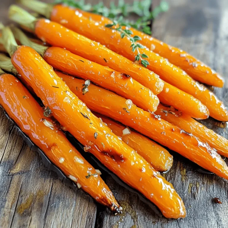 - 1 lb baby carrots or medium carrots - 2 tablespoons honey - 3 cloves garlic, minced - 2 tablespoons olive oil - 1 tablespoon balsamic vinegar - Salt and pepper to taste - Fresh thyme or parsley for garnish (optional) To create this dish, start with fresh carrots. You can use baby carrots or medium carrots cut into sticks. The honey adds sweetness, while garlic brings a nice punch. Olive oil helps the carrots roast well. Balsamic vinegar gives a tangy flavor, balancing the sweetness. Salt and pepper are key to enhance all the tastes. Don't skip the fresh herbs if you want to impress! - Additional herbs (rosemary or oregano) - Chili flakes for heat - Lemon juice for acidity If you want to get fancy, try adding fresh herbs like rosemary or oregano. They boost the flavor even more. For those who like some spice, chili flakes work great. A splash of lemon juice can add a nice zing. These optional ingredients can make your dish unique and even more delicious. For the full recipe, check out the instructions! - Preheat oven to 400°F (200°C). - Wash the carrots well. If using medium carrots, peel and cut them into sticks. - In a large bowl, combine: - 2 tablespoons honey - 3 cloves garlic, minced - 2 tablespoons olive oil - 1 tablespoon balsamic vinegar - Salt and pepper to taste - Whisk these ingredients until they blend well. - Toss the carrots in the honey-garlic mixture. Make sure they get coated all over. - Spread the carrots on a baking sheet in one layer. Roast them for 20-25 minutes. - Stir the carrots halfway through. This helps them cook evenly. - For the full recipe, check the details above. To get the best honey garlic roasted carrots, space is key. Avoid overcrowding the baking sheet. This lets the hot air move freely and gives you crisp edges. Use parchment paper on the sheet. It makes cleanup a breeze. You won’t have to scrub hard later! Try adjusting the seasoning to fit your taste. If you like it spicier, add chili flakes. For a tangy twist, some lemon juice works wonders. Don’t forget to play with cooking times. Larger carrots may need a bit more time. Smaller ones may cook faster. Keep an eye on them for perfect results. A great dish looks as good as it tastes. You can garnish your carrots with fresh thyme or parsley. This adds color and flavor. For serving, pair the carrots with roasted chicken or grilled fish. They balance each other well. You can also add them to a salad for some crunch and sweetness. For the full recipe, feel free to check the instructions above! {{image_2}} You can make honey garlic roasted carrots vegan by using maple syrup instead of honey. Maple syrup gives a sweet flavor and works well with garlic. For gluten-free options, check your balsamic vinegar. Most are gluten-free, but always read labels. You can also replace soy sauce with tamari, which is gluten-free. Try different sweeteners for a new taste. Agave nectar and brown sugar both work great. They add a unique twist to the dish. You can also add spices like cumin or paprika. These spices can enhance the flavor and add warmth. Feel free to swap carrots for other seasonal veggies. Sweet potatoes or parsnips can be fantastic choices. They roast nicely and soak up the honey garlic sauce too. For spring, consider using radishes or turnips. Their fresh taste will brighten any meal. To keep your honey garlic roasted carrots fresh, store them in an airtight container. Place them in the fridge. They will last up to four days. Avoid stacking them too high to prevent bruising. If you see any moisture inside the container, use a paper towel to absorb it. This helps keep the carrots crisp. When it’s time to reheat, the best way is in the oven. Preheat your oven to 350°F (175°C). Spread the carrots on a baking sheet. Heat them for about 10-15 minutes. This keeps them tender and tasty. You can also use leftovers in other dishes. Try adding them to salads for a sweet crunch. They work great in grain bowls or mixed into stir-fries. With these tips, you can enjoy your honey garlic roasted carrots even after the first meal. For the full recipe, check out the Honey Garlic Roasted Carrots section. Yes, you can use frozen carrots. First, thaw them in the fridge overnight. You can also run them under warm water for quicker thawing. After thawing, pat them dry with a towel. This helps the honey-garlic mix stick. Roasting time may be a bit longer, so check for tenderness after 25 minutes. You can store honey garlic roasted carrots in the fridge. They last about 3 to 5 days in an airtight container. If you want to keep them longer, consider freezing them. They will last up to 3 months in the freezer. Just remember to reheat them gently to keep the flavor. These carrots pair well with many dishes. Serve them with grilled chicken or fish for a complete meal. They also go great with quinoa or rice. For a vegetarian option, try them with a chickpea salad. They add a sweet touch to any plate. Check out the Full Recipe for more ideas! Honey garlic roasted carrots are easy to make and tasty. You learned about the key ingredients, from fresh carrots to honey and garlic. I shared steps for perfect roasting and tips for flavor boosts. You can even tweak the recipe for different diets or seasonal veggies. Store and reheat leftovers wisely to enjoy later. These carrots make a great side for any meal. Try them today, and enjoy their sweet and savory flavor!