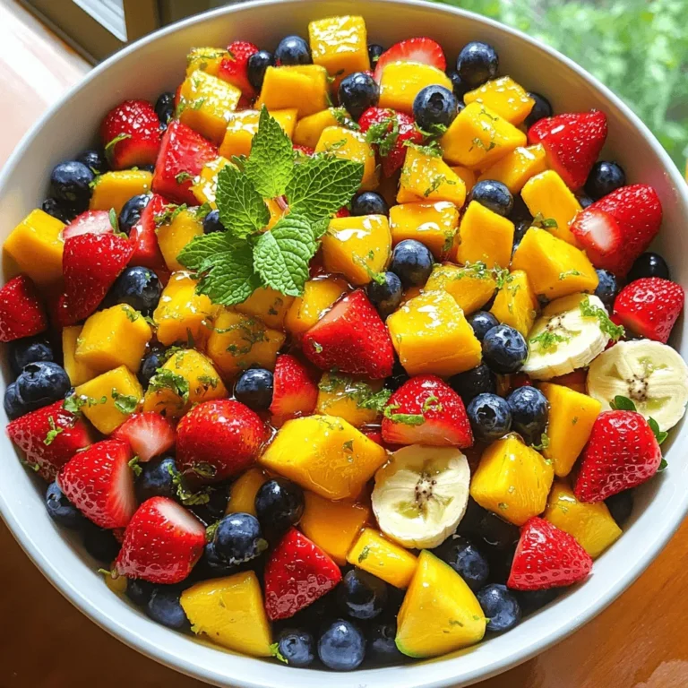 For this Honey Lime Fruit Salad, you will need these fresh fruits: - 1 cup strawberries, hulled and sliced - 1 cup blueberries - 1 ripe mango, peeled and diced - 1 cup pineapple, diced - 1 banana, sliced These fruits bring vibrant colors and natural sweetness to the dish. You can mix and match based on what you like or what’s available. Fresh fruits are the stars of this salad, so choose the ripest ones for the best taste. To make the honey-lime dressing, gather these ingredients: - 1/4 cup honey - 2 tablespoons lime juice - Zest of 1 lime The honey adds sweetness, while the lime juice and zest provide a bright, tangy flavor. This dressing is simple yet makes a big impact. It ties all the fruits together and enhances their natural taste. For a lovely finishing touch, consider adding: - Fresh mint leaves for garnish Mint adds a fresh aroma and a pop of green color. It makes the salad look appealing and adds a subtle flavor that complements the fruits. You can sprinkle some on top just before serving for that extra flair. This salad is not just refreshing but also easy to make. You can find the full recipe in the earlier section. Enjoy making this delightful dish! Start by washing all your fruit well. For strawberries, remove the green tops, then slice them. Use a sharp knife to cut each berry into even pieces. Blueberries can go in whole; they are ready to eat! For the mango, peel it and cut the flesh off the pit. Dice the mango into small cubes. Next, take your ripe pineapple and chop it into bite-sized pieces. Lastly, slice the banana into thin rounds. Once you finish cutting the fruit, grab a large mixing bowl. Add all the sliced strawberries, blueberries, diced mango, pineapple, and banana into the bowl. Mix the fruits gently with your hands or a spatula. This keeps them from getting mushy. In a small bowl, combine your honey, lime juice, and lime zest. Use a whisk to mix them together. Stir until all the honey dissolves into the juice. This should only take a minute. You want a smooth and slightly thick dressing. If it's too thick, add a splash of water to thin it out slightly. Now it's time to bring everything together. Drizzle the honey-lime dressing over the mixed fruit. Toss the salad gently with a spoon or spatula. Make sure every piece of fruit gets some dressing. Let the fruit salad sit for about 10 minutes. This allows the flavors to meld together. When ready to serve, garnish with fresh mint leaves for a pop of color and flavor. This adds a nice touch to your dish. Enjoy your refreshing Honey Lime Fruit Salad! You can find the [Full Recipe] for more details. To make a great honey lime fruit salad, choose ripe fruits. Look for strawberries that are bright red. The blueberries should be firm and plump. A mango should feel soft but not mushy. Pineapples should smell sweet and fresh. Bananas need to be yellow with no brown spots. Seasonal fruits add extra flavor. In summer, use peaches and nectarines. In fall, try apples and pears. Fresh fruit tastes better, so shop at local markets when you can. Honey adds sweetness to the salad. If you want it sweeter, add more honey. Lime juice brings a nice zing. For an extra kick, add more lime zest. This makes the salad pop with flavor. You can also try using flavored honey. Lavender or orange blossom honey can add unique taste notes. Experiment to find your favorite blend! How you serve the salad matters. Use clear bowls to show off the colors. You can layer the fruit for a beautiful look. Add fresh mint on top for a nice touch. You can also use fun dishes, like mason jars or hollowed pineapples. These ideas make your honey lime fruit salad even more inviting. For the complete recipe, check the [Full Recipe]. {{image_2}} You can give your Honey Lime Fruit Salad a tropical twist. Try adding kiwi or papaya. These fruits add a bright taste and fun texture. Kiwi brings a tangy flavor, while papaya adds sweetness. Mix these with your base fruits for a refreshing change. Another great idea is to create a berry medley. You can use strawberries, blueberries, raspberries, or blackberries. Each berry adds its own unique flavor. To enhance this mix, you can add nuts like almonds or walnuts. Nuts give a nice crunch and extra nutrition. If you want a creamy version of this salad, add yogurt or cottage cheese. This makes the salad richer and more filling. Greek yogurt works well because it has a thick texture. Start with a small amount and adjust to your taste. Always mix it gently to keep the fruit intact. For more details, check the Full Recipe for Honey Lime Fruit Salad. To keep your honey lime fruit salad fresh, store it in the fridge. Use a tight-sealing container to avoid air. This keeps the fruits crisp and tasty. Glass or BPA-free plastic containers work well. Avoid metal containers, as they can react with the lime juice. Your fruit salad can last about 2 to 3 days in the fridge. After that, the fruits may start to spoil. Look for signs like brown spots or mushy textures. If the fruit smells sour, it’s time to toss it. Always trust your senses when checking for freshness. You can prep the fruit and dressing in advance. Cut the fruit a day before and store it separately. Mix the honey-lime dressing and keep it in the fridge. When you’re ready to serve, combine everything for a quick assembly. This way, you save time and enjoy a fresh taste. For the full recipe, check out the Honey Lime Fruit Salad section. Yes, you can use frozen fruit. Frozen fruit works well in this recipe. It saves time and is easy to find. However, fresh fruit has a better taste and texture. When you use frozen fruit, thaw it first. Drain any extra juice before mixing. This helps keep your salad from getting soggy. If you want a quick meal, frozen fruit is a great option. You can try different dressings for your fruit salad. Here are some tasty ideas: - Yogurt dressing: Mix yogurt with honey and a splash of lime juice. - Citrus dressing: Use orange juice and zest for a bright flavor. - Mint dressing: Blend fresh mint with honey and lime for a fresh twist. These options can make your salad unique and fun. Feel free to experiment with flavors you love! Yes, Honey Lime Fruit Salad is healthy! It has many nutritious ingredients. - Fruits are packed with vitamins and minerals. They help keep your body strong. - Honey adds natural sweetness and has antioxidants. - Lime juice provides vitamin C, which boosts your immune system. This salad is a great way to enjoy sweets without added sugar. Plus, it is colorful and full of flavor. You can feel good about serving it to family and friends. This blog post guides you on making a delicious Honey Lime Fruit Salad. We covered fresh fruit choices, a simple honey-lime dressing, and creative serving ideas. You can boost flavors and try fun variations, like adding tropical fruits or creamy elements. Remember to store your salad well to keep it fresh. Try out these tips, and you’ll enjoy a tasty and colorful dish. Making this fruit salad is easy, fun, and perfect for any occasion! Enjoy your creation and share it with your friends.