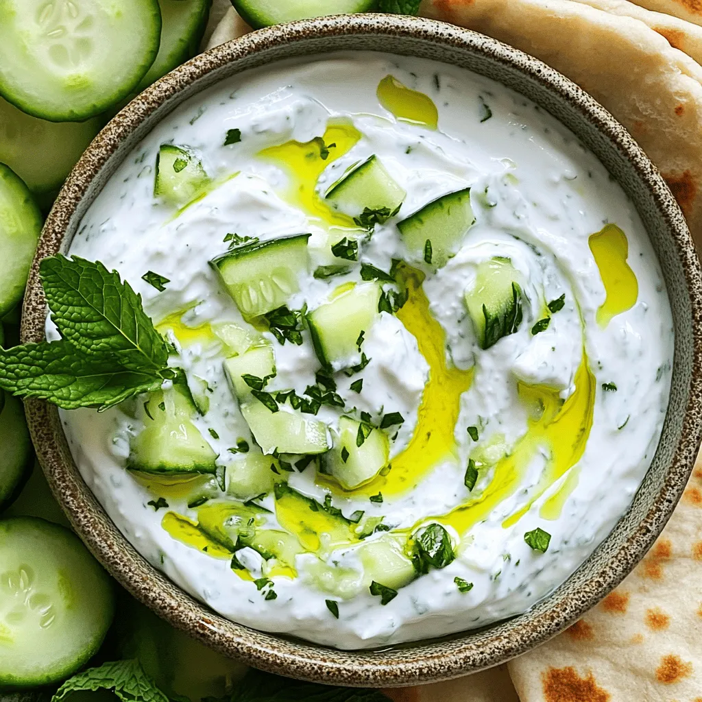 - 1 cup Greek yogurt - 1 medium cucumber, grated and excess moisture squeezed out - 1/4 cup fresh mint leaves, finely chopped - 1 tablespoon lemon juice - 1 garlic clove, minced - Salt and pepper to taste - A pinch of cumin powder (optional) - Sliced cucumber - Pita bread The key to this refreshing dip lies in its ingredients. First, Greek yogurt serves as the creamy base. It thickens the dip and adds a rich flavor. Next, we have cucumber. Grating it and squeezing out the moisture keeps the dip from being too watery. Mint adds a fresh taste that brightens the dish. Lemon juice gives that zesty kick. Garlic brings depth and warmth. Don't forget salt and pepper to enhance all the flavors! If you want a little extra spice, add cumin powder. For serving, sliced cucumber and pita bread work great. They both are perfect for dipping. You can find the full recipe in the previous section. Enjoy this easy and tasty Cucumber Mint Yogurt Dip! 1. Start by mixing Greek yogurt in a bowl. This creamy base gives the dip its rich texture. 2. Grate the cucumber using a box grater. After grating, squeeze out the moisture. This step keeps your dip from being runny. 3. Once dry, add the grated cucumber to the bowl with the yogurt. Stir gently to combine. 1. Next, stir in finely chopped mint leaves. This adds a fresh taste that brightens the dip. 2. Incorporate minced garlic for a slight kick. Then, add lemon juice, salt, pepper, and cumin powder if you like. Mix everything until it’s well combined. 1. Taste the dip and adjust the seasoning if needed. Add more salt or lemon juice as per your taste. 2. Cover the bowl and refrigerate the dip for at least 30 minutes. This resting time helps the flavors meld together. 3. When you’re ready to serve, give the dip a quick stir. Transfer it to a serving bowl. For the full recipe, see above. Enjoy your refreshing Cucumber Mint Yogurt Dip! To keep your dip smooth, squeeze excess moisture from the cucumber. This is key! If you skip this step, the dip may become watery. Use a clean kitchen towel or cheesecloth for this. It works wonders! Also, opt for Greek yogurt. Greek yogurt gives your dip a rich and creamy texture. This makes every bite delightful. Flavor is vital in this dip. You can experiment with garlic levels based on your taste. If you love garlic, add more! If not, use less. Try different herbs for a fun twist. You can use dill or parsley to mix things up. Each herb brings its own unique taste. Presentation matters. Drizzle a bit of olive oil on top for a shiny finish. It adds flavor and looks great! Garnish with fresh mint leaves. This makes the dip look vibrant and fresh. Serve it in a lovely bowl to impress your guests. You can find the full recipe for this Cucumber Mint Yogurt Dip in the article. Enjoy creating this refreshing treat! {{image_2}} You can switch the Greek yogurt for regular yogurt. It works well and keeps the dip light. If you want a dairy-free option, try coconut or almond yogurt. These alternatives add their own flavor and keep the dip creamy. Want to spice it up? You can add diced bell peppers or radishes for crunch. They give a fresh taste and a nice pop of color. If you like heat, add some finely chopped jalapeños. This will give the dip a fun kick. For a Greek twist, mix in tzatziki spices. This gives the dip a new depth of flavor. You can also try an Indian version by adding chopped cilantro. This adds a bright note and pairs well with the yogurt. Explore these variations to find your favorite! Check the Full Recipe for more ideas. To keep your cucumber mint yogurt dip fresh, store it in an airtight container. This helps lock in flavors and maintain texture. It tastes best when you eat it within 3-4 days. After that, the mint may lose its bright flavor, and the dip might get watery. You can freeze this dip, but it may change texture. Freezing can make the yogurt grainy. If you want to freeze it, do so in a sealed container. To thaw, place it in the fridge overnight. Stir it well before serving to mix everything back together. Don’t let leftovers go to waste! You can use the dip in other dishes. Mix it into salads for a creamy dressing. Spread it on sandwiches for extra flavor. It’s a great way to add a fresh twist to your meals. The Cucumber Mint Yogurt Dip stays fresh for about 3 to 4 days. To keep it tasty, store it in an airtight container. This helps prevent air from spoiling the dip. Always check for any off smells or colors before serving. If it looks good and smells fresh, it should be safe to eat. Yes, you can make this dip ahead of time! It tastes even better after resting. Just prepare it and refrigerate it for at least 30 minutes. For best results, you can make it a day before serving. Just remember to give it a quick stir before you serve it. This helps bring back the creamy texture. This dip pairs well with various snacks. Here are some great options: - Sliced cucumber - Pita bread - Carrot sticks - Bell pepper strips - Crackers - Cherry tomatoes These options not only taste great but also add color to your platter. You can mix and match for a fun snack spread. Check out the Full Recipe to get all the details! This blog post offers a clear guide to making Cucumber Mint Yogurt Dip. We covered ingredients, step-by-step instructions, and serving ideas. I shared tips for texture and flavor, plus variations to suit your taste. Remember, making this dip is simple and rewarding. You can enjoy it right away or store it for later. Use leftovers creatively by adding them to salads or sandwiches. Dive into this refreshing dip and make it your own!