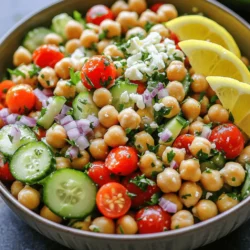 - 1 can (15 oz) chickpeas, drained and rinsed - 1 large cucumber, diced - 1 cup cherry tomatoes, halved - 1 red bell pepper, diced - 1 small red onion, finely chopped - 1/4 cup fresh parsley, chopped - 1/4 cup feta cheese, crumbled (optional) - Juice of 2 lemons - 3 tablespoons olive oil - 1 teaspoon Dijon mustard - 1 teaspoon honey (or maple syrup for vegan option) - Salt and pepper to taste - Additional parsley for garnish - Lemon wedges for serving You can use canned chickpeas to save time. Just drain and rinse them well. They add great protein to the salad. The cucumber gives a nice crunch and fresh taste. Cherry tomatoes add a burst of flavor and color. Red bell pepper brings sweetness, while red onion adds a slight bite. Parsley brightens the dish and adds a fresh touch. If you like cheese, feta can make it creamier. The dressing is simple and bright. Lemon juice gives the salad that zesty kick. Olive oil adds richness, while Dijon mustard gives depth. Honey balances the acidity, and salt and pepper bring all the flavors together. For a colorful and tasty meal, try this salad. It’s quick to make and easy to enjoy. Check out the Full Recipe for more details. Start by grabbing a large mixing bowl. In this bowl, combine the chickpeas, cucumber, cherry tomatoes, red bell pepper, red onion, and parsley. Make sure to mix them well. This base gives the salad its fresh crunch and vibrant colors. In a smaller bowl, whisk together the lemon juice, olive oil, Dijon mustard, honey, salt, and pepper. Mix it until everything is well combined. This dressing adds a zesty kick to the salad. The balance of tart lemon and sweet honey makes it special. Pour the dressing over the salad mixture. Toss gently to coat all the ingredients evenly. This step is crucial. You want every bite to be full of flavor. If you like cheese, sprinkle feta on top. Give it a light toss again. Taste the salad and adjust the seasoning. You might want to add more lemon juice, salt, or pepper. This helps you get the perfect flavor. Cover the salad with plastic wrap or a lid. Place it in the fridge for at least 30 minutes. This chilling time lets the flavors meld together. Trust me, this step makes a big difference! For the full recipe, check out the instructions above. To make the flavors pop, you can adjust the lemon juice. If you like it tangy, add more juice. For a milder taste, use less. Seasoning is key, so try different salts or pepper types. A pinch of cumin or smoked paprika can add depth. Always taste as you go; this helps you find the right balance. You can serve the salad in a large bowl for gatherings. This makes it easy for guests to help themselves. For a more elegant touch, try individual servings. Use small bowls or plates, and drizzle olive oil on top for a fresh look. Add a sprig of parsley or a lemon wedge for color. Letting the salad sit in the fridge is important. I suggest chilling it for at least 30 minutes. This allows the flavors to blend well. If you can, let it marinate longer for an even tastier dish. Just remember to cover it tightly to keep it fresh. For the best result, enjoy it within two days after making it. For the full recipe, check out the Zesty Lemon Chickpea Salad. {{image_2}} You can switch out some veggies in this salad. Try using bell peppers or carrots instead of red onion. They add crunch and taste. You could also use zucchini for a fresh twist. If you want something sweet, try corn. Each swap brings new joy to the dish. Making this salad vegan is simple. Just skip the feta cheese and use maple syrup instead of honey. For a gluten-free option, this salad is already good to go! All the ingredients are gluten-free, so enjoy without worry. You can make this dish fit anyone’s needs. Adding spices or herbs can change the flavor. For heat, sprinkle in some red pepper flakes. If you like fresh herbs, add basil or cilantro. You can also try a splash of balsamic vinegar for a tangy twist. Each option makes your salad unique and exciting. For the full recipe, check out the [Full Recipe]. You can keep your Zesty Lemon Chickpea Salad in the fridge for about three days. Make sure to store it in an airtight container. This helps keep the salad fresh and tasty. I find that the flavors blend well when it sits, but it does lose crunch over time. Freezing this salad is not the best idea. The veggies can become mushy when thawed. If you want to save time, consider freezing the dressing separately. You can mix it in when you make the salad fresh again. If you really want to freeze it, make sure to leave out the cucumbers and tomatoes. They do not freeze well. To refresh your salad, you can add a splash of lemon juice or olive oil. This brightens the flavors and makes it taste fresh again. If you made it ahead of time, let it sit at room temp for a few minutes. This helps the flavors come back to life. For a crunchy bite, add fresh cucumber and tomatoes just before serving. For the full recipe, refer to the complete guide provided. Yes, you can use canned chickpeas. They save time and effort. Just make sure to drain and rinse them well. This helps remove excess salt and any canning liquid. Using canned chickpeas makes this recipe quick and easy, perfect for busy days. You can store this salad in the fridge for up to three days. Keep it in an airtight container for best results. The flavors will blend better as it sits. However, if you add feta cheese, eat it sooner. The cheese may not stay fresh for long. Absolutely! This salad is great for meal prep. You can make it ahead and pack it for lunch. Just keep the dressing separate until you're ready to eat. This helps keep the salad crisp and fresh. Enjoy it throughout the week for a healthy meal! For the complete recipe, check out the Full Recipe section above. This salad combines fresh veggies and chickpeas for a healthy dish. We covered the main ingredients, dressing, and how to prepare it in a few easy steps. I also shared tips for flavor and storage. This could be a great meal prep option. Enjoy this vibrant salad as a side or light meal, and feel free to mix in your favorite veggies or herbs. Eating healthy can be simple and tasty!
