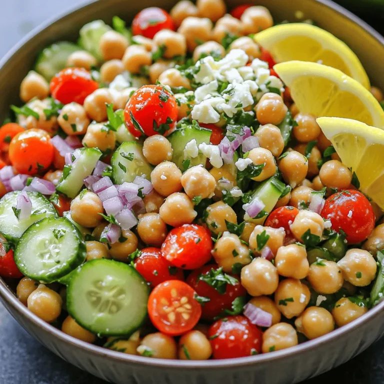 - 1 can (15 oz) chickpeas, drained and rinsed - 1 large cucumber, diced - 1 cup cherry tomatoes, halved - 1 red bell pepper, diced - 1 small red onion, finely chopped - 1/4 cup fresh parsley, chopped - 1/4 cup feta cheese, crumbled (optional) - Juice of 2 lemons - 3 tablespoons olive oil - 1 teaspoon Dijon mustard - 1 teaspoon honey (or maple syrup for vegan option) - Salt and pepper to taste - Additional parsley for garnish - Lemon wedges for serving You can use canned chickpeas to save time. Just drain and rinse them well. They add great protein to the salad. The cucumber gives a nice crunch and fresh taste. Cherry tomatoes add a burst of flavor and color. Red bell pepper brings sweetness, while red onion adds a slight bite. Parsley brightens the dish and adds a fresh touch. If you like cheese, feta can make it creamier. The dressing is simple and bright. Lemon juice gives the salad that zesty kick. Olive oil adds richness, while Dijon mustard gives depth. Honey balances the acidity, and salt and pepper bring all the flavors together. For a colorful and tasty meal, try this salad. It’s quick to make and easy to enjoy. Check out the Full Recipe for more details. Start by grabbing a large mixing bowl. In this bowl, combine the chickpeas, cucumber, cherry tomatoes, red bell pepper, red onion, and parsley. Make sure to mix them well. This base gives the salad its fresh crunch and vibrant colors. In a smaller bowl, whisk together the lemon juice, olive oil, Dijon mustard, honey, salt, and pepper. Mix it until everything is well combined. This dressing adds a zesty kick to the salad. The balance of tart lemon and sweet honey makes it special. Pour the dressing over the salad mixture. Toss gently to coat all the ingredients evenly. This step is crucial. You want every bite to be full of flavor. If you like cheese, sprinkle feta on top. Give it a light toss again. Taste the salad and adjust the seasoning. You might want to add more lemon juice, salt, or pepper. This helps you get the perfect flavor. Cover the salad with plastic wrap or a lid. Place it in the fridge for at least 30 minutes. This chilling time lets the flavors meld together. Trust me, this step makes a big difference! For the full recipe, check out the instructions above. To make the flavors pop, you can adjust the lemon juice. If you like it tangy, add more juice. For a milder taste, use less. Seasoning is key, so try different salts or pepper types. A pinch of cumin or smoked paprika can add depth. Always taste as you go; this helps you find the right balance. You can serve the salad in a large bowl for gatherings. This makes it easy for guests to help themselves. For a more elegant touch, try individual servings. Use small bowls or plates, and drizzle olive oil on top for a fresh look. Add a sprig of parsley or a lemon wedge for color. Letting the salad sit in the fridge is important. I suggest chilling it for at least 30 minutes. This allows the flavors to blend well. If you can, let it marinate longer for an even tastier dish. Just remember to cover it tightly to keep it fresh. For the best result, enjoy it within two days after making it. For the full recipe, check out the Zesty Lemon Chickpea Salad. {{image_2}} You can switch out some veggies in this salad. Try using bell peppers or carrots instead of red onion. They add crunch and taste. You could also use zucchini for a fresh twist. If you want something sweet, try corn. Each swap brings new joy to the dish. Making this salad vegan is simple. Just skip the feta cheese and use maple syrup instead of honey. For a gluten-free option, this salad is already good to go! All the ingredients are gluten-free, so enjoy without worry. You can make this dish fit anyone’s needs. Adding spices or herbs can change the flavor. For heat, sprinkle in some red pepper flakes. If you like fresh herbs, add basil or cilantro. You can also try a splash of balsamic vinegar for a tangy twist. Each option makes your salad unique and exciting. For the full recipe, check out the [Full Recipe]. You can keep your Zesty Lemon Chickpea Salad in the fridge for about three days. Make sure to store it in an airtight container. This helps keep the salad fresh and tasty. I find that the flavors blend well when it sits, but it does lose crunch over time. Freezing this salad is not the best idea. The veggies can become mushy when thawed. If you want to save time, consider freezing the dressing separately. You can mix it in when you make the salad fresh again. If you really want to freeze it, make sure to leave out the cucumbers and tomatoes. They do not freeze well. To refresh your salad, you can add a splash of lemon juice or olive oil. This brightens the flavors and makes it taste fresh again. If you made it ahead of time, let it sit at room temp for a few minutes. This helps the flavors come back to life. For a crunchy bite, add fresh cucumber and tomatoes just before serving. For the full recipe, refer to the complete guide provided. Yes, you can use canned chickpeas. They save time and effort. Just make sure to drain and rinse them well. This helps remove excess salt and any canning liquid. Using canned chickpeas makes this recipe quick and easy, perfect for busy days. You can store this salad in the fridge for up to three days. Keep it in an airtight container for best results. The flavors will blend better as it sits. However, if you add feta cheese, eat it sooner. The cheese may not stay fresh for long. Absolutely! This salad is great for meal prep. You can make it ahead and pack it for lunch. Just keep the dressing separate until you're ready to eat. This helps keep the salad crisp and fresh. Enjoy it throughout the week for a healthy meal! For the complete recipe, check out the Full Recipe section above. This salad combines fresh veggies and chickpeas for a healthy dish. We covered the main ingredients, dressing, and how to prepare it in a few easy steps. I also shared tips for flavor and storage. This could be a great meal prep option. Enjoy this vibrant salad as a side or light meal, and feel free to mix in your favorite veggies or herbs. Eating healthy can be simple and tasty!
