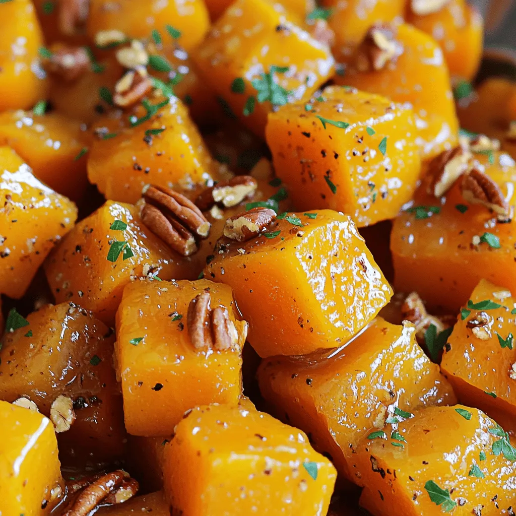 To make this tasty dish, you need a few key ingredients: - 1 medium butternut squash, peeled and cubed - 3 tablespoons pure maple syrup - 2 tablespoons olive oil - 1 teaspoon ground cinnamon - 1/2 teaspoon nutmeg - 1/4 teaspoon cayenne pepper (optional for heat) - Salt and pepper to taste - 1/4 cup pecans, chopped (for garnish) - Fresh parsley, chopped (for garnish) These ingredients work together to create a sweet and savory flavor. The maple syrup gives the squash a rich sweetness. The spices add warmth and depth. You can change the flavor with optional ingredients. Try adding: - A splash of balsamic vinegar for tang - Maple syrup mixed with orange juice for a citrus touch - Chili powder for a smoky flavor These options keep the dish exciting. You can adjust the taste based on your mood or what you have at home. To make the cooking process smooth, gather these tools: - A sharp knife for peeling and cutting the squash - A large mixing bowl for combining ingredients - A baking sheet lined with parchment paper for easy cleanup - An oven set to 400°F (200°C) for roasting Using the right tools makes the cooking much easier. Plus, it helps in making sure your butternut squash turns out great every time. For a complete guide, check the Full Recipe. Start by peeling the butternut squash. Use a sharp knife for safety. Cut it in half lengthwise. Scoop out the seeds with a spoon. Now, chop the squash into small cubes. Aim for uniform pieces for even cooking. This process takes about ten minutes. Preheat your oven to 400°F (200°C). In a large bowl, mix the cubed squash with olive oil, maple syrup, cinnamon, nutmeg, cayenne pepper, salt, and pepper. Toss everything well until the squash is coated. Spread the squash on a baking sheet lined with parchment paper. Roast for 25-30 minutes. Stir them halfway through for even caramelization. They should be tender and slightly browned when done. After roasting, let the squash cool for a few minutes. Transfer it to a serving platter. For a nice finish, sprinkle chopped pecans and fresh parsley on top. This adds color and crunch. Serve warm to enjoy the full flavor. For the full recipe, check the section above. When picking a butternut squash, look for a squash that feels heavy for its size. Choose one with a smooth, tan skin. The skin should have no soft spots or blemishes. A good squash has a firm feel. Check for a dull finish; shiny skins may be overripe. One common mistake is not peeling the squash. The skin is tough and not tasty. Also, don’t skip cubing the squash evenly. Uneven pieces cook at different rates. Lastly, avoid overcooking. If you roast too long, the squash may burn. To get a beautiful glaze, use pure maple syrup. Mix it well with olive oil and spices before adding it to the squash. This ensures every piece gets a good coating. Stir the squash halfway through roasting for even caramelization. Keep an eye on the color; it should be golden brown. For more details, check the Full Recipe. {{image_2}} You can change the taste of maple glazed butternut squash easily. Try adding ginger for a warm kick. You can also swap cinnamon for allspice to mix it up. Citrus zest, like orange or lemon, adds a bright note. If you want something sweet, try brown sugar instead of maple syrup. You can even add a splash of balsamic vinegar for tangy flavor. Each of these options gives your dish a new twist while keeping it delicious. This recipe is naturally vegan and gluten-free. The butternut squash, maple syrup, and spices fit well in both diets. To make it even more special, use coconut oil instead of olive oil for a tropical flair. You can also use agave syrup if you want a different sweetener. Always check that your spices are gluten-free if that is a concern. With these changes, you can enjoy a tasty meal without worry. To make your dish even more exciting, consider adding other vegetables. Carrots, sweet potatoes, or Brussels sprouts can blend well with squash. You can toss in chickpeas for added protein and crunch. Try adding dried cranberries or raisins for a sweet burst. Nuts like walnuts or almonds add texture and richness. Each extra ingredient can create a unique flavor profile that elevates the dish. For the full recipe, check out the details above. To keep your maple glazed butternut squash fresh, place it in an airtight container. Make sure it cools down before sealing it. Store it in the fridge for up to four days. This way, you can enjoy the sweet and spicy flavors later. When you’re ready to enjoy leftovers, reheat the squash in the oven. Preheat the oven to 350°F (175°C). Spread the squash on a baking sheet. Heat for about 10-15 minutes until warm. This method keeps the glaze nice and sticky. You can freeze maple glazed butternut squash if you want to save it longer. First, let it cool completely. Then, place the squash in a freezer-safe container. It can last up to three months in the freezer. When you’re ready to eat, thaw it in the fridge overnight. Reheat it in the oven for the best flavor. For the full recipe, check out the details above. It takes about 25-30 minutes to cook butternut squash in the oven. You want it to be tender and slightly caramelized. Roasting brings out the best flavor and texture. Yes, you can use other types of squash. Acorn squash and pumpkin work well too. Each type will give a unique flavor to the dish. Butternut squash is low in calories and high in vitamins. It is rich in vitamin A, which is good for your eyes. It also has fiber, which helps digestion. Plus, it contains antioxidants that support overall health. While maple syrup adds a unique flavor, you can substitute it. Honey or agave syrup can work as alternatives. However, they will change the dish's sweetness and taste. Yes, you can prepare this dish ahead of time. Roast the squash and store it in an airtight container. Reheat before serving for the best taste. For the full recipe, check the original guide. In this post, we explored making maple glazed butternut squash. We covered essential and optional ingredients, plus tools you'll need. I provided step-by-step instructions for preparation, roasting, and serving. You learned tips for selecting squash and avoiding mistakes. We also discussed tasty variations and how to store leftovers properly. Enjoy this dish for its flavor and ease. Try new twists to make it your own!