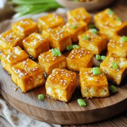 To make tasty Crispy Honey Garlic Tofu Bites, gather these key ingredients: - 14 oz firm tofu, pressed and cubed - 2 tablespoons cornstarch - 1/2 teaspoon garlic powder - 1/2 teaspoon onion powder - Salt and pepper to taste - 3 tablespoons vegetable oil (for frying) - 1/4 cup honey - 2 tablespoons soy sauce - 1 tablespoon rice vinegar - 2 cloves garlic, minced - 1 tablespoon sesame seeds - 2 green onions, sliced (for garnish) These ingredients work together to create a sweet and savory flavor that pairs well with the crispy tofu. The firm tofu holds up well during frying and absorbs the sauce nicely. You can add extra garnishes for more flavor and color. Here are some ideas: - Chopped cilantro - Red pepper flakes for heat - Lime wedges for a fresh zing These options add a nice touch and let you customize your dish. Feel free to mix and match based on what you love. If you have dietary needs, here are some easy swaps: - Use agave syrup instead of honey for a vegan option. - Swap soy sauce for tamari to keep it gluten-free. - For a nut-free option, avoid sesame seeds and use a different oil. These substitutions keep the dish delicious while meeting your needs. You can still enjoy the flavors you love! For the full recipe, check out the complete guide. First, you need to prep the tofu. Start with 14 oz of firm tofu. Wrap it in a clean kitchen towel. Place something heavy on top to press it. Let this sit for about 15 to 20 minutes. This helps remove excess moisture. Moist tofu will not get crispy. After pressing, cut the tofu into bite-sized cubes. Next, we’ll coat the tofu. In a large bowl, mix 2 tablespoons of cornstarch, 1/2 teaspoon of garlic powder, 1/2 teaspoon of onion powder, salt, and pepper. Toss the cubed tofu in this mixture. Make sure each piece gets a good coating. This will give the tofu a nice crunch when you fry it. Now, let's fry the tofu. Heat 3 tablespoons of vegetable oil in a large skillet over medium heat. Once the oil is hot, add the tofu cubes in a single layer. Fry them for about 3 to 4 minutes on each side. Look for a golden brown color. This means they are crispy! Once done, place them on paper towels to drain any extra oil. While the tofu cools, make the honey garlic sauce. In a saucepan, mix 1/4 cup of honey, 2 tablespoons of soy sauce, 1 tablespoon of rice vinegar, and 2 cloves of minced garlic. Heat this over medium heat, stirring often. When it bubbles, let it simmer for 2 to 3 minutes. This thickens the sauce. Finally, add the crispy tofu bites to this sauce. Gently toss to coat all the pieces. Remove from heat and serve. For garnish, sprinkle sesame seeds and sliced green onions on top. Enjoy your Crispy Honey Garlic Tofu Bites with the full recipe! To make your tofu bites crispy, start with firm tofu. Press the tofu well to remove moisture. This step is key. Use cornstarch to coat the tofu. It makes a crispy outer layer. Fry the tofu in hot oil, but don't overcrowd the pan. Give each piece space to fry evenly. You want that golden brown color on all sides. Keep an eye on the heat. Too high can burn the tofu, while too low makes it soggy. If you have leftover tofu, store it right to keep it tasty. Place it in an airtight container. To keep the tofu fresh, avoid adding the sauce until you’re ready to eat. The sauce can make the tofu lose its crunch. If you must store it together, use a paper towel to absorb moisture. This helps maintain texture. You can refrigerate leftover tofu for up to three days. To maximize flavor, let the tofu marinate in the sauce for a bit. This adds depth to the taste. Use fresh garlic for the best flavor. You can also try adding chili flakes if you like spice. Experiment with sesame oil for a nutty twist. Always taste and adjust the sauce to your liking. If you want more sweetness, add a bit more honey. For a tangy touch, add more rice vinegar. For the full recipe, check out the details above and enjoy crafting your perfect dish! {{image_2}} To add heat to your crispy honey garlic tofu bites, use chili sauce. Just mix in a tablespoon with your sauce. You can also sprinkle red pepper flakes on top before serving. This gives each bite a nice kick. Adjust the spice level to your taste. If you love heat, go for it! You can make this dish even more colorful and healthy by adding veggies. Try bell peppers or broccoli. Cut them into bite-sized pieces and toss them in with the tofu. Cook them until tender alongside the tofu. This adds flavor and nutrients. Plus, it makes your meal more fun to eat! Change up the sauce to keep things exciting. Instead of honey, try maple syrup or agave nectar. You can also use teriyaki sauce for a different twist. Just remember to adjust the sweetness. Each sauce brings a new flavor to the dish. Experiment and find your favorite! For the full recipe, check the earlier section. To keep your crispy honey garlic tofu bites fresh, store them in an airtight container. Place a paper towel at the bottom to absorb moisture. This helps maintain their crunch. They can last in the fridge for up to three days. If you want to keep them longer, consider freezing. When you’re ready to enjoy leftovers, avoid the microwave. It can make tofu soggy. Instead, heat a skillet over medium heat. Add a little oil, then place the tofu bites in the pan. Reheat for about 3-5 minutes, turning occasionally until heated through and crispy again. You can freeze crispy honey garlic tofu bites, but they may lose some crunch. To freeze, first cool the tofu completely. Then, arrange them in a single layer on a baking sheet. Freeze until solid, then transfer to a freezer bag. When ready to eat, thaw in the fridge overnight and reheat in a skillet for the best texture. For the full recipe, check the section above. No, soft tofu won’t work well here. Soft tofu has too much moisture. It breaks apart easily. Firm tofu holds its shape better when fried. It gives you that nice crispy bite. Stick with firm or extra-firm tofu for the best results. If you want a substitute for honey, try maple syrup. Maple syrup adds sweetness and flavor. You can also use agave nectar. Both work well and keep the dish tasty. These options make it easy to enjoy this dish without honey. To make this dish vegan, simply swap honey for maple syrup or agave nectar. Both options will keep it sweet. Honey is not vegan, but these substitutes are great. They give you the same flavor without using animal products. Yes, you can bake the tofu to make it healthier. Preheat the oven to 400°F (200°C). Coat the tofu with oil and bake for about 25-30 minutes. Flip the tofu halfway to crisp both sides. Baking gives you a lighter version of this dish. You can add ginger to the sauce for an extra kick. Fresh ginger or ginger powder works well. You might also try a splash of chili sauce for heat. This adds depth and enhances the overall taste. Absolutely! Broccoli, bell peppers, or snap peas work well. Add them to the pan while frying the tofu. Toss them in the honey garlic sauce for a tasty mix. This makes for a more colorful and nutritious dish. Store leftovers in an airtight container in the fridge. They last for about 3-4 days. You can reheat them in a skillet for the best texture. Avoid microwaving, as it can make them soggy. These tofu bites pair well with rice or noodles. You can also serve them with a fresh salad. They make a great appetizer or main dish. The options are endless, and they always impress! You can find the full recipe for crispy honey garlic tofu bites in the previous sections. It has step-by-step instructions and all the details you need to make this dish shine. In this article, I guided you through making crispy honey garlic tofu bites. We covered main ingredients, step-by-step instructions, and expert tips. I also shared variations and storage tips to help you enjoy this dish later. Remember, achieving the right texture and flavor is key. Feel free to explore different sauces and veggies in your cooking. With practice, you’ll create a meal everyone loves. Enjoy your cooking journey!