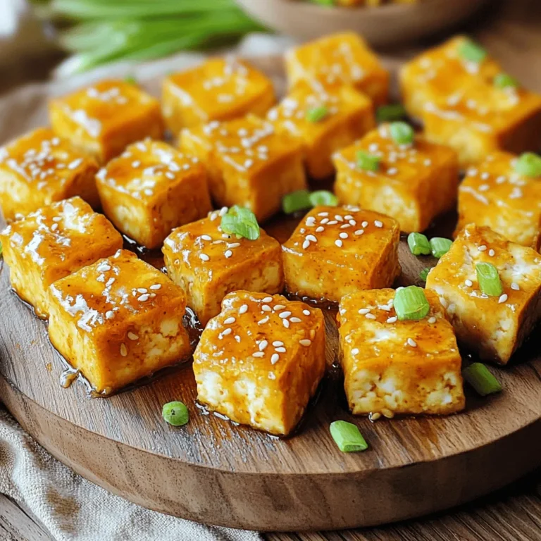 To make tasty Crispy Honey Garlic Tofu Bites, gather these key ingredients: - 14 oz firm tofu, pressed and cubed - 2 tablespoons cornstarch - 1/2 teaspoon garlic powder - 1/2 teaspoon onion powder - Salt and pepper to taste - 3 tablespoons vegetable oil (for frying) - 1/4 cup honey - 2 tablespoons soy sauce - 1 tablespoon rice vinegar - 2 cloves garlic, minced - 1 tablespoon sesame seeds - 2 green onions, sliced (for garnish) These ingredients work together to create a sweet and savory flavor that pairs well with the crispy tofu. The firm tofu holds up well during frying and absorbs the sauce nicely. You can add extra garnishes for more flavor and color. Here are some ideas: - Chopped cilantro - Red pepper flakes for heat - Lime wedges for a fresh zing These options add a nice touch and let you customize your dish. Feel free to mix and match based on what you love. If you have dietary needs, here are some easy swaps: - Use agave syrup instead of honey for a vegan option. - Swap soy sauce for tamari to keep it gluten-free. - For a nut-free option, avoid sesame seeds and use a different oil. These substitutions keep the dish delicious while meeting your needs. You can still enjoy the flavors you love! For the full recipe, check out the complete guide. First, you need to prep the tofu. Start with 14 oz of firm tofu. Wrap it in a clean kitchen towel. Place something heavy on top to press it. Let this sit for about 15 to 20 minutes. This helps remove excess moisture. Moist tofu will not get crispy. After pressing, cut the tofu into bite-sized cubes. Next, we’ll coat the tofu. In a large bowl, mix 2 tablespoons of cornstarch, 1/2 teaspoon of garlic powder, 1/2 teaspoon of onion powder, salt, and pepper. Toss the cubed tofu in this mixture. Make sure each piece gets a good coating. This will give the tofu a nice crunch when you fry it. Now, let's fry the tofu. Heat 3 tablespoons of vegetable oil in a large skillet over medium heat. Once the oil is hot, add the tofu cubes in a single layer. Fry them for about 3 to 4 minutes on each side. Look for a golden brown color. This means they are crispy! Once done, place them on paper towels to drain any extra oil. While the tofu cools, make the honey garlic sauce. In a saucepan, mix 1/4 cup of honey, 2 tablespoons of soy sauce, 1 tablespoon of rice vinegar, and 2 cloves of minced garlic. Heat this over medium heat, stirring often. When it bubbles, let it simmer for 2 to 3 minutes. This thickens the sauce. Finally, add the crispy tofu bites to this sauce. Gently toss to coat all the pieces. Remove from heat and serve. For garnish, sprinkle sesame seeds and sliced green onions on top. Enjoy your Crispy Honey Garlic Tofu Bites with the full recipe! To make your tofu bites crispy, start with firm tofu. Press the tofu well to remove moisture. This step is key. Use cornstarch to coat the tofu. It makes a crispy outer layer. Fry the tofu in hot oil, but don't overcrowd the pan. Give each piece space to fry evenly. You want that golden brown color on all sides. Keep an eye on the heat. Too high can burn the tofu, while too low makes it soggy. If you have leftover tofu, store it right to keep it tasty. Place it in an airtight container. To keep the tofu fresh, avoid adding the sauce until you’re ready to eat. The sauce can make the tofu lose its crunch. If you must store it together, use a paper towel to absorb moisture. This helps maintain texture. You can refrigerate leftover tofu for up to three days. To maximize flavor, let the tofu marinate in the sauce for a bit. This adds depth to the taste. Use fresh garlic for the best flavor. You can also try adding chili flakes if you like spice. Experiment with sesame oil for a nutty twist. Always taste and adjust the sauce to your liking. If you want more sweetness, add a bit more honey. For a tangy touch, add more rice vinegar. For the full recipe, check out the details above and enjoy crafting your perfect dish! {{image_2}} To add heat to your crispy honey garlic tofu bites, use chili sauce. Just mix in a tablespoon with your sauce. You can also sprinkle red pepper flakes on top before serving. This gives each bite a nice kick. Adjust the spice level to your taste. If you love heat, go for it! You can make this dish even more colorful and healthy by adding veggies. Try bell peppers or broccoli. Cut them into bite-sized pieces and toss them in with the tofu. Cook them until tender alongside the tofu. This adds flavor and nutrients. Plus, it makes your meal more fun to eat! Change up the sauce to keep things exciting. Instead of honey, try maple syrup or agave nectar. You can also use teriyaki sauce for a different twist. Just remember to adjust the sweetness. Each sauce brings a new flavor to the dish. Experiment and find your favorite! For the full recipe, check the earlier section. To keep your crispy honey garlic tofu bites fresh, store them in an airtight container. Place a paper towel at the bottom to absorb moisture. This helps maintain their crunch. They can last in the fridge for up to three days. If you want to keep them longer, consider freezing. When you’re ready to enjoy leftovers, avoid the microwave. It can make tofu soggy. Instead, heat a skillet over medium heat. Add a little oil, then place the tofu bites in the pan. Reheat for about 3-5 minutes, turning occasionally until heated through and crispy again. You can freeze crispy honey garlic tofu bites, but they may lose some crunch. To freeze, first cool the tofu completely. Then, arrange them in a single layer on a baking sheet. Freeze until solid, then transfer to a freezer bag. When ready to eat, thaw in the fridge overnight and reheat in a skillet for the best texture. For the full recipe, check the section above. No, soft tofu won’t work well here. Soft tofu has too much moisture. It breaks apart easily. Firm tofu holds its shape better when fried. It gives you that nice crispy bite. Stick with firm or extra-firm tofu for the best results. If you want a substitute for honey, try maple syrup. Maple syrup adds sweetness and flavor. You can also use agave nectar. Both work well and keep the dish tasty. These options make it easy to enjoy this dish without honey. To make this dish vegan, simply swap honey for maple syrup or agave nectar. Both options will keep it sweet. Honey is not vegan, but these substitutes are great. They give you the same flavor without using animal products. Yes, you can bake the tofu to make it healthier. Preheat the oven to 400°F (200°C). Coat the tofu with oil and bake for about 25-30 minutes. Flip the tofu halfway to crisp both sides. Baking gives you a lighter version of this dish. You can add ginger to the sauce for an extra kick. Fresh ginger or ginger powder works well. You might also try a splash of chili sauce for heat. This adds depth and enhances the overall taste. Absolutely! Broccoli, bell peppers, or snap peas work well. Add them to the pan while frying the tofu. Toss them in the honey garlic sauce for a tasty mix. This makes for a more colorful and nutritious dish. Store leftovers in an airtight container in the fridge. They last for about 3-4 days. You can reheat them in a skillet for the best texture. Avoid microwaving, as it can make them soggy. These tofu bites pair well with rice or noodles. You can also serve them with a fresh salad. They make a great appetizer or main dish. The options are endless, and they always impress! You can find the full recipe for crispy honey garlic tofu bites in the previous sections. It has step-by-step instructions and all the details you need to make this dish shine. In this article, I guided you through making crispy honey garlic tofu bites. We covered main ingredients, step-by-step instructions, and expert tips. I also shared variations and storage tips to help you enjoy this dish later. Remember, achieving the right texture and flavor is key. Feel free to explore different sauces and veggies in your cooking. With practice, you’ll create a meal everyone loves. Enjoy your cooking journey!