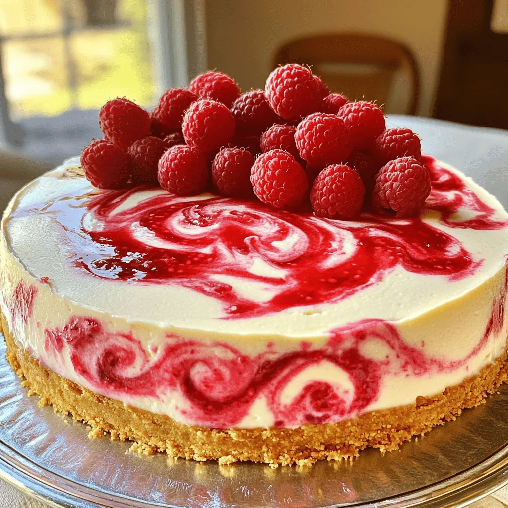 To make this delightful raspberry swirl cheesecake, gather the following ingredients: - 1 ½ cups graham cracker crumbs - ½ cup unsalted butter, melted - 1 tablespoon sugar - 16 oz cream cheese, softened - 1 cup granulated sugar - 1 teaspoon vanilla extract - 3 large eggs - 1 cup sour cream - 1 cup fresh raspberries, plus extra for garnish - 3 tablespoons raspberry jam These ingredients create the perfect balance of creamy cheese and tart raspberry. The graham cracker crumbs form a crunchy base that pairs well with the smooth filling. Using fresh raspberries adds a burst of flavor. I love how the raspberry jam enhances the fruitiness and makes the swirl look beautiful. You can find the full recipe in the article. It includes the steps to bring this treat to life. First, preheat your oven to 325°F (163°C). In a bowl, mix 1 ½ cups graham cracker crumbs, ½ cup melted unsalted butter, and 1 tablespoon sugar until combined. Press this mixture firmly into the bottom of a 9-inch springform pan to form the crust. Bake this crust for 10 minutes, then let it cool. Next, in a large mixing bowl, beat 16 oz of softened cream cheese until smooth. Gradually add 1 cup of granulated sugar, mixing until well blended. Now, add 1 teaspoon of vanilla extract and 3 large eggs, one at a time, mixing well after each. Make sure to scrape down the bowl as you go. Finally, stir in 1 cup of sour cream until the mixture is creamy. For the raspberry sauce, combine 1 cup of fresh raspberries with 3 tablespoons of raspberry jam in a small bowl. Gently mash them with a fork to get a chunky sauce. Pour the cheesecake batter over the cooled crust. Using a spoon, dollop the raspberry mixture on top of the cheesecake batter. Use a knife or toothpick to swirl the raspberry sauce through the batter to create a lovely marbled effect. To avoid cracks on the surface of your cheesecake, follow these steps: - Bake at a low temperature. This helps the cheesecake cook evenly. - Let the cheesecake cool slowly in the oven. This prevents sudden changes in temperature. - Avoid opening the oven door too often. Each time you open it, heat escapes. For the right texture, make sure to: - Use room temperature cream cheese. Cold cream cheese can lead to lumps. - Mix until smooth, but don’t overmix. Overmixing adds air and can cause cracks. Here are some essential baking tools for your cheesecake: - 9-inch springform pan for easy removal. - Mixing bowls in various sizes for different tasks. - A hand mixer or stand mixer for smooth batter. For mixing, I recommend: - A rubber spatula for scraping down the sides. - A whisk for blending smaller ingredients, like vanilla or sugar. To make your cheesecake look stunning, try these garnishes: - Fresh raspberries on top for a pop of color. - A dusting of powdered sugar adds a nice touch. For pairing options, consider: - A cup of coffee to balance the sweetness. - A glass of dessert wine for a lovely finish. For the full recipe, check out the Raspberry Swirl Cheesecake section. {{image_2}} You can easily change the flavor of your cheesecake. Adding different fruits makes it fun. Try using strawberries, blueberries, or even mangoes for a new twist. Each fruit gives a fresh taste and color. For the crust, you can swap out graham crackers. Use crushed Oreos or nuts for a unique base. These options add texture and flavor to your cheesecake. If you need a gluten-free option, use gluten-free graham crackers or almond flour for the crust. This way, everyone can enjoy the dessert. For a vegan cheesecake, replace cream cheese with a mix of silken tofu and coconut cream. Use flax eggs instead of regular eggs. Both modifications keep the cheesecake creamy and delicious. If you want to make mini cheesecakes, use a muffin tin instead of a springform pan. Line the tin with paper liners for easy removal. Pour in the batter, filling each cup about three-quarters full. Bake them for about 20-25 minutes. Check for a slight jiggle in the center. Let them cool before serving. Mini versions are perfect for parties or a quick treat. To store leftover cheesecake, let it cool completely. Cover the cheesecake tightly with plastic wrap. You can also place it in an airtight container. This keeps it fresh and prevents it from drying out. Make sure to refrigerate within two hours of baking. The ideal refrigeration method is to keep the cheesecake in the back of the fridge. This area stays colder and helps maintain its texture. Avoid placing it in the door, as it can get warmer there. If you want to freeze portions for later use, slice the cheesecake first. Wrap each slice in plastic wrap, then place them in a freezer bag. This helps keep the cheesecake fresh for up to three months. For thawing, move the cheesecake to the fridge the night before you want to eat it. Allow it to thaw slowly for the best texture. You can also thaw it at room temperature for a couple of hours if you’re in a hurry. In the fridge, cheesecake lasts about five to seven days. Keep an eye on it, and eat it within this time for the best taste. You can tell if it has spoiled by checking for mold or a sour smell. If the texture becomes grainy or overly watery, it’s best to throw it away. Enjoy your raspberry swirl cheesecake delightfully and safely! How do you prevent cracks in cheesecake? To avoid cracks, bake at a low temperature. Use room-temperature cream cheese. Mix gently and do not overbeat. Let it cool slowly in the oven to prevent sudden temperature changes. Can I use frozen raspberries instead of fresh? Yes, you can use frozen raspberries. Thaw them first and drain excess liquid. This keeps your cheesecake from becoming too watery. How long should the cheesecake cool before serving? Let the cheesecake cool for at least one hour in the oven. Then, refrigerate for at least four hours. Overnight is even better for the best taste and texture. What’s the best way to remove the springform pan? Run a knife around the edge of the cheesecake. This helps separate it from the pan. Then, carefully release the sides of the springform. What is the difference between no-bake and baked cheesecake? No-bake cheesecake uses gelatin or whipped cream to set. Baked cheesecake uses eggs and bakes in the oven. Baked cheesecake is denser and creamier. Can I add chocolate to this recipe? Yes, you can add chocolate! Melt some chocolate and swirl it in the batter. It adds a rich flavor and pairs well with raspberry. For the full recipe, check out the Raspberry Swirl Cheesecake. You now have a complete guide to making raspberry swirl cheesecake. We covered all the ingredients you need, step-by-step instructions, and helpful tips for the best result. You can explore flavor variations and modifications to fit your needs. Don't forget proper storage techniques to keep your cheesecake fresh. Whether for a gathering or a cozy night in, this dessert will impress everyone. Enjoy making this treat and savor every delightful bite. Happy baking!