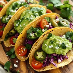 - 8 small corn tortillas - 2 ripe avocados - 1/2 cup Greek yogurt - 2 tablespoons lime juice - Zest of 1 lime - 1 clove garlic, minced - 1/4 teaspoon ground cumin - Salt, to taste - 1 cup cherry tomatoes, halved - 1 cup shredded red cabbage - 1/2 cup fresh cilantro leaves, chopped - Optional toppings: sliced jalapeños, radish slices, feta cheese To make Avocado Lime Crema Tacos, you need fresh and simple ingredients. First, the main items are corn tortillas, ripe avocados, and Greek yogurt. The tortillas serve as a soft base for your toppings. Ripe avocados give a rich, creamy taste. Greek yogurt adds a nice tang and creaminess to the crema. Next, flavor enhancers bring zest and depth to your dish. Lime juice and zest create a bright flavor. Garlic adds a bit of kick. Ground cumin adds warmth and earthiness. Don’t forget to add salt to enhance all the flavors. Finally, toppings make these tacos colorful and fun. Cherry tomatoes add sweetness and juiciness. Shredded red cabbage gives a nice crunch. Fresh cilantro brings a burst of freshness. You can also add optional toppings like sliced jalapeños for heat, radish slices for crunch, or feta cheese for a savory touch. Check the Full Recipe for all the steps to create this vibrant meal! - Start by combining the ripe avocados, Greek yogurt, lime juice, lime zest, minced garlic, ground cumin, and salt in a food processor. - Blend the mixture until it is smooth and creamy. - Taste the crema and adjust the seasoning as needed. You can add more lime juice or salt to enhance the flavor. - Heat a non-stick skillet over medium heat. - Lightly toast each corn tortilla for about 30 seconds on each side. This will make them warm and soft. - To keep the tortillas warm, wrap them in a clean kitchen towel. - Take each warm tortilla and spread a generous dollop of the avocado lime crema on top. - Add layers of shredded red cabbage, halved cherry tomatoes, and chopped cilantro. - If you like, add optional toppings like sliced jalapeños, radish slices, or crumbled feta cheese for extra flavor. Enjoy the full recipe for Avocado Lime Crema Tacos to make this fresh and flavorful meal! To make the best avocado lime crema, always use ripe avocados. They should feel soft when you gently squeeze them. Ripe avocados give a creamy texture and rich taste. You can also play with flavors. Try adding spices like paprika or cayenne for a kick. These spices can make your crema even more exciting. Keeping tortillas warm is easy. After toasting them, wrap them in a clean kitchen towel. This step helps them stay soft and warm until you are ready to eat. If you want to heat them all at once, use the oven. Preheat it to a low temperature and place the wrapped tortillas inside for a few minutes. Pairing these tacos with drinks or sides can enhance your meal. A refreshing limeade or light beer goes well with the tacos. For sides, consider a light salad or some corn salsa. These options bring fresh flavors that complement the tacos. For a fun twist, try serving with sweet potato fries! You can explore different tastes to find your favorite combination. For the full recipe, check out the Avocado Lime Crema Tacos section. {{image_2}} You can make your tacos even tastier by adding protein. Grilled chicken or shrimp work great here. Just season them with salt, pepper, and a splash of lime juice. Grill until cooked through, then slice them up to fit in your taco. If you want a meatless option, black beans are fantastic. They add a nice texture and flavor to the dish. Feel free to swap out some ingredients to suit your taste. If you don’t have Greek yogurt, sour cream is a perfect substitute. It adds a creamy touch. You can also use lime zest for extra zing. Just a little zest can make a big difference in flavor. These tacos can fit any occasion. You can choose soft-shell or hard-shell tortillas. Soft tortillas give a nice chew, while hard shells add crunch. It’s all about what you prefer. Mix and match to find your favorite style. With the full recipe, you can easily try both! To store leftover tacos, keep the elements separate. This way, you maintain their freshness. Place tortillas in a plastic bag or wrap them with foil. For the toppings, use airtight containers. When you are ready to eat, reheat the tortillas in a skillet. Heat them for about 30 seconds on each side. This keeps them soft and warm. To keep your avocado lime crema fresh, store it in an airtight container. You can add a layer of plastic wrap on top of the crema. This helps prevent browning. You can also squeeze a little lime juice on top before sealing. This adds extra flavor and slows oxidation. For best taste, consume leftovers within three days. After that, the flavors may change. If you notice any off smells or colors, it’s best to toss them. Fresh ingredients yield the best results, so always check before eating. To make Avocado Lime Crema from scratch, follow these steps: 1. Gather your ingredients: You need ripe avocados, Greek yogurt, lime juice, lime zest, minced garlic, ground cumin, and salt. 2. Combine in a food processor: Add the avocado, Greek yogurt, lime juice, lime zest, garlic, cumin, and salt to the food processor. 3. Blend until smooth: Process the mixture until it is creamy and well blended. This should take about 30 seconds. 4. Taste and adjust: Sample your crema. If you want more tang, add lime juice. If it needs more flavor, sprinkle in salt. For the best crema, always use ripe avocados. They blend easier and taste great. You can also try adding a pinch of chili powder for a kick. Yes, you can use flour tortillas instead of corn tortillas. Here are some pros and cons: - Pros: Flour tortillas are softer and can hold more filling. They are also less likely to break when you fold them. - Cons: Corn tortillas have a unique flavor and texture. They are also gluten-free, which is great for many diets. If you prefer the taste of corn, stick with them. If you want a softer bite, go for flour. Yes, there are gluten-free options for this recipe. Here are some alternatives: - Corn tortillas: These are naturally gluten-free and perfect for the recipe. - Rice tortillas: These can be a good choice if you cannot find corn tortillas. - Lettuce wraps: For a lighter option, use large lettuce leaves instead of tortillas. These options let you enjoy the tacos without gluten. You can still make a delicious meal! If you want more ideas, check the full recipe for variations. In this article, we explored how to make delicious tacos with avocado lime crema. We covered key ingredients, from fresh avocados to flavorful spices. You learned the steps for making the crema and warming tortillas. Tips for storage and creative variations added extra value to your cooking. Embrace these easy tacos for a tasty meal. Enjoy experimenting with your favorite toppings and flavors. You’ll find that making these at home is simple and fun. Happy cooking!
