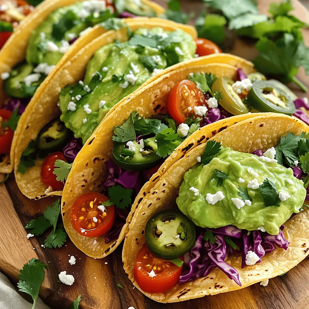 - 8 small corn tortillas - 2 ripe avocados - 1/2 cup Greek yogurt - 2 tablespoons lime juice - Zest of 1 lime - 1 clove garlic, minced - 1/4 teaspoon ground cumin - Salt, to taste - 1 cup cherry tomatoes, halved - 1 cup shredded red cabbage - 1/2 cup fresh cilantro leaves, chopped - Optional toppings: sliced jalapeños, radish slices, feta cheese To make Avocado Lime Crema Tacos, you need fresh and simple ingredients. First, the main items are corn tortillas, ripe avocados, and Greek yogurt. The tortillas serve as a soft base for your toppings. Ripe avocados give a rich, creamy taste. Greek yogurt adds a nice tang and creaminess to the crema. Next, flavor enhancers bring zest and depth to your dish. Lime juice and zest create a bright flavor. Garlic adds a bit of kick. Ground cumin adds warmth and earthiness. Don’t forget to add salt to enhance all the flavors. Finally, toppings make these tacos colorful and fun. Cherry tomatoes add sweetness and juiciness. Shredded red cabbage gives a nice crunch. Fresh cilantro brings a burst of freshness. You can also add optional toppings like sliced jalapeños for heat, radish slices for crunch, or feta cheese for a savory touch. Check the Full Recipe for all the steps to create this vibrant meal! - Start by combining the ripe avocados, Greek yogurt, lime juice, lime zest, minced garlic, ground cumin, and salt in a food processor. - Blend the mixture until it is smooth and creamy. - Taste the crema and adjust the seasoning as needed. You can add more lime juice or salt to enhance the flavor. - Heat a non-stick skillet over medium heat. - Lightly toast each corn tortilla for about 30 seconds on each side. This will make them warm and soft. - To keep the tortillas warm, wrap them in a clean kitchen towel. - Take each warm tortilla and spread a generous dollop of the avocado lime crema on top. - Add layers of shredded red cabbage, halved cherry tomatoes, and chopped cilantro. - If you like, add optional toppings like sliced jalapeños, radish slices, or crumbled feta cheese for extra flavor. Enjoy the full recipe for Avocado Lime Crema Tacos to make this fresh and flavorful meal! To make the best avocado lime crema, always use ripe avocados. They should feel soft when you gently squeeze them. Ripe avocados give a creamy texture and rich taste. You can also play with flavors. Try adding spices like paprika or cayenne for a kick. These spices can make your crema even more exciting. Keeping tortillas warm is easy. After toasting them, wrap them in a clean kitchen towel. This step helps them stay soft and warm until you are ready to eat. If you want to heat them all at once, use the oven. Preheat it to a low temperature and place the wrapped tortillas inside for a few minutes. Pairing these tacos with drinks or sides can enhance your meal. A refreshing limeade or light beer goes well with the tacos. For sides, consider a light salad or some corn salsa. These options bring fresh flavors that complement the tacos. For a fun twist, try serving with sweet potato fries! You can explore different tastes to find your favorite combination. For the full recipe, check out the Avocado Lime Crema Tacos section. {{image_2}} You can make your tacos even tastier by adding protein. Grilled chicken or shrimp work great here. Just season them with salt, pepper, and a splash of lime juice. Grill until cooked through, then slice them up to fit in your taco. If you want a meatless option, black beans are fantastic. They add a nice texture and flavor to the dish. Feel free to swap out some ingredients to suit your taste. If you don’t have Greek yogurt, sour cream is a perfect substitute. It adds a creamy touch. You can also use lime zest for extra zing. Just a little zest can make a big difference in flavor. These tacos can fit any occasion. You can choose soft-shell or hard-shell tortillas. Soft tortillas give a nice chew, while hard shells add crunch. It’s all about what you prefer. Mix and match to find your favorite style. With the full recipe, you can easily try both! To store leftover tacos, keep the elements separate. This way, you maintain their freshness. Place tortillas in a plastic bag or wrap them with foil. For the toppings, use airtight containers. When you are ready to eat, reheat the tortillas in a skillet. Heat them for about 30 seconds on each side. This keeps them soft and warm. To keep your avocado lime crema fresh, store it in an airtight container. You can add a layer of plastic wrap on top of the crema. This helps prevent browning. You can also squeeze a little lime juice on top before sealing. This adds extra flavor and slows oxidation. For best taste, consume leftovers within three days. After that, the flavors may change. If you notice any off smells or colors, it’s best to toss them. Fresh ingredients yield the best results, so always check before eating. To make Avocado Lime Crema from scratch, follow these steps: 1. Gather your ingredients: You need ripe avocados, Greek yogurt, lime juice, lime zest, minced garlic, ground cumin, and salt. 2. Combine in a food processor: Add the avocado, Greek yogurt, lime juice, lime zest, garlic, cumin, and salt to the food processor. 3. Blend until smooth: Process the mixture until it is creamy and well blended. This should take about 30 seconds. 4. Taste and adjust: Sample your crema. If you want more tang, add lime juice. If it needs more flavor, sprinkle in salt. For the best crema, always use ripe avocados. They blend easier and taste great. You can also try adding a pinch of chili powder for a kick. Yes, you can use flour tortillas instead of corn tortillas. Here are some pros and cons: - Pros: Flour tortillas are softer and can hold more filling. They are also less likely to break when you fold them. - Cons: Corn tortillas have a unique flavor and texture. They are also gluten-free, which is great for many diets. If you prefer the taste of corn, stick with them. If you want a softer bite, go for flour. Yes, there are gluten-free options for this recipe. Here are some alternatives: - Corn tortillas: These are naturally gluten-free and perfect for the recipe. - Rice tortillas: These can be a good choice if you cannot find corn tortillas. - Lettuce wraps: For a lighter option, use large lettuce leaves instead of tortillas. These options let you enjoy the tacos without gluten. You can still make a delicious meal! If you want more ideas, check the full recipe for variations. In this article, we explored how to make delicious tacos with avocado lime crema. We covered key ingredients, from fresh avocados to flavorful spices. You learned the steps for making the crema and warming tortillas. Tips for storage and creative variations added extra value to your cooking. Embrace these easy tacos for a tasty meal. Enjoy experimenting with your favorite toppings and flavors. You’ll find that making these at home is simple and fun. Happy cooking!