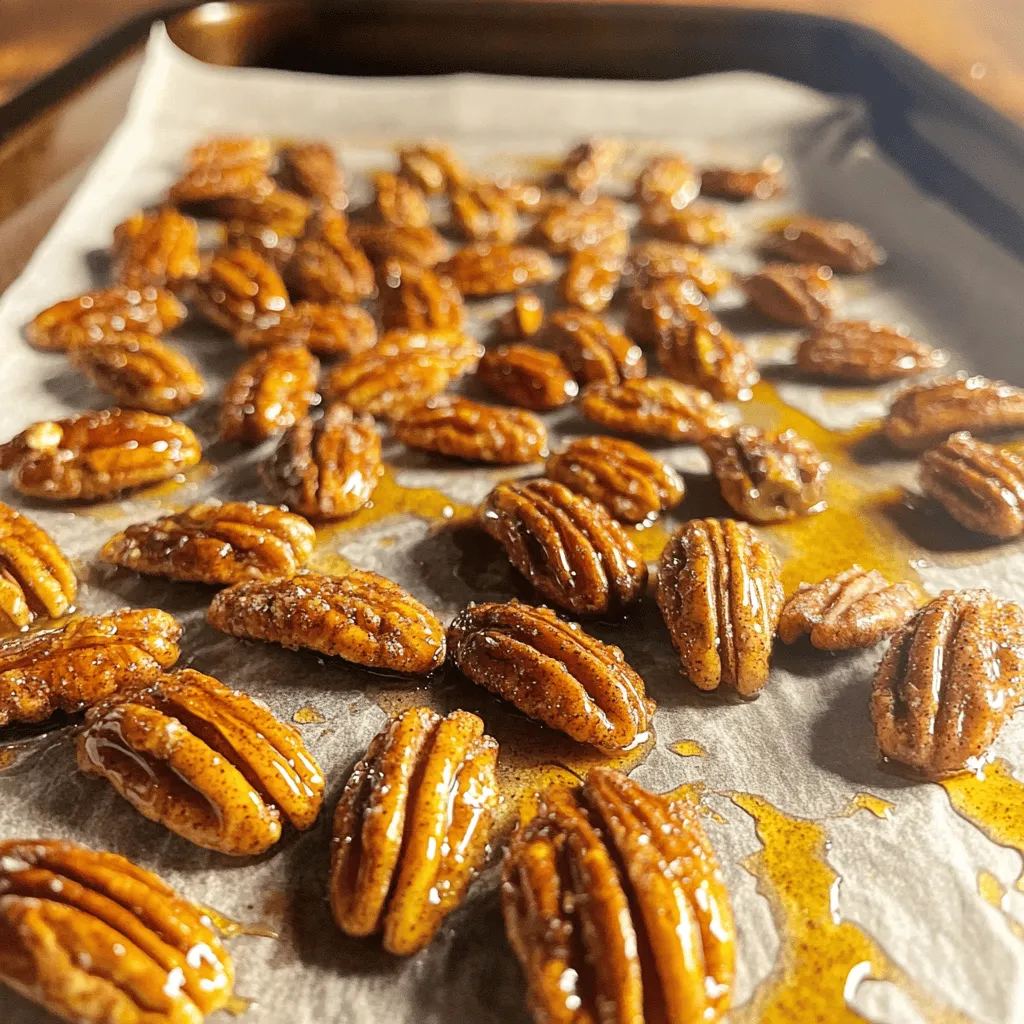 - 2 cups pecan halves - 1/4 cup pure maple syrup - 1 teaspoon ground cinnamon - 1/4 teaspoon nutmeg - 1/4 teaspoon sea salt - 1 tablespoon coconut oil (melted) - 1 tablespoon vanilla extract When measuring, use dry cups for the pecans. For the maple syrup, a liquid measuring cup works best. Always choose pure maple syrup for the richest taste. Check the labels to avoid additives. Ground spices should be fresh for the best flavor. Store them in a cool, dark place. - Pecan halves: Rich in healthy fats and protein. They support heart health. - Maple syrup: A natural sweetener, it has antioxidants and minerals. - Ground cinnamon: This spice may help lower blood sugar levels. - Nutmeg: Offers anti-inflammatory benefits and adds warmth to flavor. - Sea salt: Helps balance flavors and provides essential minerals. - Coconut oil: Contains medium-chain triglycerides, which can boost energy. - Vanilla extract: Adds a comforting flavor and can improve mood. These ingredients combine to make a tasty and healthy snack. Check out the Full Recipe for step-by-step instructions. Start by gathering your ingredients. You need 2 cups of pecan halves. Make sure they are fresh. Fresh nuts taste better and offer a great crunch. No one likes stale nuts! Next, preheat your oven to 350°F (175°C). This step is key for roasting. In a large mixing bowl, combine the pure maple syrup, melted coconut oil, and vanilla extract. Use 1/4 cup of maple syrup for sweetness. Add 1 teaspoon of ground cinnamon for warmth and flavor. Then, sprinkle in 1/4 teaspoon of nutmeg and sea salt. Whisk everything until it blends well. You want a smooth mix. Now, add your pecan halves. Stir gently but thoroughly. Ensure each pecan gets coated with the sweet syrup mix. Line a baking sheet with parchment paper. This keeps the pecans from sticking. Spread the coated pecans out in a single layer. Roast them in your preheated oven for 15 to 20 minutes. Make sure to stir them every 5 minutes. This helps them cook evenly. Watch them closely! They should turn golden brown and smell great. When they finish roasting, take them out and let them cool for about 10 minutes. Cooling makes them crunchier. Enjoy this savory and simple snack! For the full recipe, refer to the complete instructions. To get perfectly roasted pecans, start by using fresh nuts. Fresh nuts have better flavor and crunch. Preheat your oven to 350°F (175°C) to ensure even cooking. Make sure to coat the pecans well with the maple syrup mixture. Stir them every five minutes to promote even roasting. When they turn golden brown and smell great, they are ready. One common mistake is not stirring the pecans. If you don't stir, some can burn while others stay undercooked. Another mistake is using too much heat. If your oven is too hot, you risk burning the nuts quickly. Also, avoid overcrowding the baking sheet. If they are too close, they won’t roast evenly. You can enhance the flavor of your pecans by adding spices. Try a dash of cayenne pepper for some heat or a pinch of ginger for warmth. You might also add a splash of vanilla extract to the maple syrup mix. This makes the flavor richer and more complex. For a twist, consider adding a bit of cocoa powder. It pairs well with the sweet and spicy notes. For the full recipe, check out the earlier section! {{image_2}} You can spice up your maple cinnamon roasted pecans by adding heat. A pinch of cayenne or chili powder can bring a nice kick. Start with a small amount and taste as you go. This balance of sweet and spicy makes each bite exciting. You can also try smoked paprika for a smoky hint. It’s fun to experiment with flavors! If you want to change things up, you can use different nuts. Almonds and walnuts are great choices. They add unique flavors and textures. You can also mix nuts for a crunchy variety. Just keep in mind that different nuts may roast at different rates. Keep an eye on them to avoid burning. For a sweeter twist, consider adding chocolate or dried fruits. Dark chocolate chips can melt slightly and create a rich layer. Dried cranberries or raisins add a chewy texture. Mix them in after roasting for a fun contrast. These additions make your snack even more delightful! For the full recipe, check out the instructions. To keep your roasted pecans fresh, store them in an airtight container. This helps keep moisture out and preserves their crunch. Glass jars or sealed plastic bags work well. Place the container in a cool, dark place. Avoid heat and sunlight, as they can make the nuts spoil faster. If you want your pecans to last longer, consider refrigerating them. The cold slows down the aging process. You can also freeze them for up to three months. Just make sure they are in a sealed bag to prevent freezer burn. When you're ready to enjoy them, thaw them at room temperature. To regain that crunchy texture, reheat your pecans in the oven. Preheat it to 350°F (175°C). Spread the pecans on a baking sheet and heat for about 5-10 minutes. Keep an eye on them to prevent burning. This quick step brings back their delightful crunchiness, making them perfect for snacking again. For the full recipe, check out the instructions above. Maple cinnamon roasted pecans can last up to two weeks. Store them in an airtight container. Keep them away from heat and light. This helps keep them fresh and crunchy. After two weeks, they may lose their flavor and texture. Yes, you can make these pecans in advance. They are perfect for meal prep or special events. Just follow the Full Recipe, let them cool, and store them. They will stay tasty and crunchy for about two weeks. This makes them great for snacking later. You can enjoy these pecans in many ways. Here are some ideas: - Toss them on a salad for a sweet crunch. - Add them to oatmeal or yogurt for breakfast. - Serve them as a snack at parties. - Use them as a topping for desserts like ice cream or cakes. These options make them versatile and fun! Yes, this recipe is vegan-friendly. It uses pure maple syrup and coconut oil, which are plant-based. This means everyone can enjoy them, no matter their diet. They are a great snack for vegans and non-vegans alike. In this blog post, I covered everything you need for making roasted pecans. We explored the best ingredients, proper measurements, and their health benefits. I provided step-by-step instructions on preparing, mixing, and roasting. You learned tips for the perfect roast and ways to enhance flavors. I shared variations to try and storage tips to keep them fresh. Always remember, perfection comes from practice and good choices. Enjoy this snack knowing you made it right!