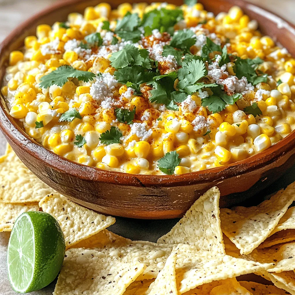 To make Spicy Mexican Street Corn Dip, gather these simple ingredients: - 2 cups corn kernels (fresh or canned) - 1 cup cream cheese, softened - ½ cup mayonnaise - 1 cup cotija cheese, crumbled - 1 teaspoon chili powder - 1 teaspoon smoked paprika - ½ teaspoon cayenne pepper (adjust to taste) - 1 lime, juiced - ¼ cup fresh cilantro, chopped - Salt to taste - Tortilla chips, for serving Each ingredient adds its own flavor. The corn brings sweetness, while the spices add warmth. Cream cheese and mayonnaise create a rich base. Cotija cheese adds a salty kick. The lime juice gives a fresh zing, and cilantro adds a burst of color. You can use fresh corn for the best taste, but canned corn works too. This dip is quick and easy. You can whip it up in just 15 minutes. For the full recipe, check the note above. Enjoy making this dip, and get ready for game day! - Step 1: Combine cream cheese and mayonnaise Start by placing 1 cup of softened cream cheese in a large bowl. Add ½ cup of mayonnaise. Use a hand mixer or a fork. Mix until it is smooth and creamy. - Step 2: Incorporate corn kernels Next, take 2 cups of corn kernels. You can use fresh or canned. Gently fold the corn into the cream mixture. Make sure it is well mixed. - Step 3: Add spices and cheese Now, stir in 1 cup of crumbled cotija cheese. Add 1 teaspoon of chili powder, 1 teaspoon of smoked paprika, and ½ teaspoon of cayenne pepper. Adjust the cayenne to your taste. Squeeze in the juice from 1 lime, and add ¼ cup of chopped cilantro. Mix everything until well combined. - Step 4: Season to taste Taste your dip now. If you want more flavor, add salt as needed. If you like it spicy, feel free to add more cayenne pepper. - Step 5: Transfer and garnish Finally, transfer your dip to a serving bowl. Sprinkle some extra cotija cheese and cilantro on top for a nice touch. You're now ready to enjoy this delicious Spicy Mexican Street Corn Dip with tortilla chips. For the full recipe, check the ingredients and steps above! - Use fresh corn for enhanced flavor. Fresh corn gives your dip a sweet crunch. If you can, buy corn on the cob and grill or boil it first. This adds a nice smoky taste. - Adjust spices based on heat preference. Start with less cayenne pepper if you don't like spice. You can always add more later. Taste as you go to find your perfect level of heat. - Make ahead and chill for better flavor. This dip tastes even better after it sits. Prepare it in advance and let it chill in the fridge for at least an hour. The flavors will blend nicely. - Best served with tortilla chips. Use crispy tortilla chips for scooping. They add the perfect crunch and flavor. - Pair with fresh veggies for a lighter option. Carrot sticks, cucumber slices, or bell pepper strips work well. They balance the dip's richness and add freshness. - Great for parties, barbecues, and game days. This dip is a crowd-pleaser. Serve it at your next gathering for a tasty, shareable snack. For the complete recipe, check out the Full Recipe section. {{image_2}} You can easily change this dip to fit your tastes. For a lighter version, swap cream cheese for Greek yogurt. It keeps the creaminess but cuts down on fat. If you want to try different cheeses, use feta cheese or cheddar cheese. Each option adds a unique twist to the dip while still tasting amazing. Want more heat? Add diced jalapeños for that extra kick. They bring a nice crunch and spice that enhances the flavor. For more texture, toss in diced red onion. It adds a tasty crunch and a bit of sweetness. These simple swaps make your Spicy Mexican Street Corn Dip even more exciting! You can find the full recipe [here](#). To keep your Spicy Mexican Street Corn Dip fresh, place it in an airtight container. This helps prevent it from absorbing other smells in your fridge. It tastes best when you eat it within three days. After that, the flavors may fade, and the dip might not be as creamy. If you have extra dip, you can freeze it. It stays good for up to a month. Just make sure to use a freezer-safe container. When you’re ready to enjoy it again, thaw the dip in the fridge overnight. This keeps the texture and flavor intact. How do I make Spicy Mexican Street Corn Dip vegan? To make this dip vegan, swap out the cream cheese and mayonnaise for vegan versions. You can use cashew cream or silken tofu as a base. Crumbled tofu works great as a cotija substitute. Adjust spices to taste. This way, you keep all the flavor without dairy. Can I use frozen corn instead of fresh? Yes, you can use frozen corn! Just thaw it and drain any excess water. Frozen corn is often picked at peak ripeness, so it can taste just as good as fresh. This makes it a convenient option for quick prep. What can I serve with Spicy Mexican Street Corn Dip? Serve this dip with tortilla chips for a classic pairing. Fresh veggies like carrot sticks and bell pepper strips also work well. If you want a twist, try pita chips or even nachos. Each option adds a fun crunch and complements the dip's creamy texture. For more ideas, check out the Full Recipe! This Spicy Mexican Street Corn Dip is simple and tasty. You mix cream cheese, corn, and spices, then serve it with chips or veggies. Fresh ingredients really boost the flavor. Remember to adjust the spices for your taste. Make it ahead to enhance the taste! Store leftovers well in the fridge or freeze for later. Dive into this fun dip at your next gathering. Enjoy every bite!