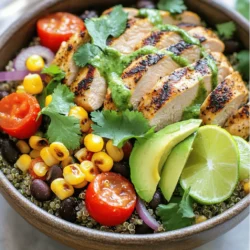 - 2 chicken breasts, boneless and skinless - 1 cup salsa verde - 1 cup cooked quinoa - 1 cup black beans, rinsed and drained - 1 avocado, sliced - 1 cup cherry tomatoes, halved - 1 tablespoon olive oil - 1/2 red onion, diced - 1 cup fresh cilantro, chopped - Juice of 1 lime - Salt and pepper to taste The main ingredients in this dish are simple yet packed with flavor. The chicken breasts get a burst of taste from the salsa verde. This sauce adds a tangy and zesty kick that makes every bite exciting. Quinoa serves as a great base. It adds texture and some protein, making the meal hearty. For additional ingredients, black beans bring fiber and richness. They pair well with the chicken and salsa. Fresh avocado adds creaminess. Sliced cherry tomatoes brighten the bowl with their sweetness. When it comes to seasoning, a few staples make all the difference. Olive oil helps cook the chicken perfectly. Fresh cilantro adds a pop of color and freshness. Lime juice gives a bright finish, bringing all the flavors together. Salt and pepper are essential to enhance the taste. For the full recipe, check out the detailed steps on how to create this delicious meal. Start by preparing the chicken. Place the chicken breasts in a bowl. Pour salsa verde over the chicken. Make sure each piece is fully coated. Cover the bowl and chill in the fridge. Marinate for at least 30 minutes. This step adds great flavor and helps keep the chicken juicy. Next, rinse the quinoa under cold water. This helps remove any bitterness. Then, follow the package instructions to cook it. Usually, you boil it in double the amount of water. Cook for about 15 minutes until the quinoa is fluffy. For fluffy quinoa, avoid stirring it too much while cooking. In a skillet, heat the olive oil over medium heat. Remove the chicken from the marinade and place it in the pan. Cook for about 6-7 minutes on each side. Check that the internal temperature reaches 165°F. After cooking, let the chicken rest for a few minutes. This makes it easier to slice. In a large bowl, mix the cooked quinoa, black beans, corn, cherry tomatoes, and diced red onion. Add half of the chopped cilantro for freshness. Squeeze lime juice over the mixture. Season with salt and pepper to taste. This combination adds color and texture to your dish. Now, divide the quinoa and black bean mixture into bowls. Slice the chicken and place it on top. Add sliced avocado and the remaining cilantro. This makes the dish look vibrant and inviting. You can also drizzle more salsa verde on top for extra flavor. For optional garnishes, consider adding more cilantro or a sprinkle of cheese. Serve fresh lime wedges on the side. The lime adds a zesty touch that brightens the dish. Enjoy your flavorful and simple meal! For the full recipe, check out the details provided. To get juicy chicken, marinate it well. Use salsa verde to add flavor. Let the chicken soak for at least 30 minutes. This helps it stay moist when cooked. Cook the chicken until it reaches an internal temperature of 165°F. Use a meat thermometer for best results. Remember, overcooking can make chicken dry. Adjust the seasoning to fit your taste. Add salt and pepper to the quinoa and bean mix. You can also sprinkle some chili powder for extra kick. If you like heat, add diced jalapeño or serrano peppers. This will spice up the dish nicely. Tasting as you go helps you find the right balance. Meal prep can save you time. Cook extra quinoa and beans for future meals. Store them in the fridge for quick use. You can also make the chicken in advance. Leftover chicken is great in salads or wraps. Use any leftover veggies to create other meals. This way, you reduce food waste and save time in the kitchen. For the full recipe, check out the details above. {{image_2}} You can switch out chicken for other proteins. Try pork or beef for a heartier meal. Both meats pair well with salsa verde. For a lighter option, use turkey. If you prefer seafood, shrimp works great too. Just adjust cooking times to ensure everything is cooked through. For plant-based options, consider using tofu or tempeh. Both absorb flavors well and add protein. You can marinate them in salsa verde just like chicken. Another choice is jackfruit, which has a meaty texture and soaks up the salsa flavor. Quinoa is a fantastic base, but you can use other grains too. Brown rice offers a nutty flavor and chewy texture. Farro or barley are also great alternatives. If you want something gluten-free, use millet or rice. For low-carb options, consider cauliflower rice. It cooks quickly and has a mild taste. Zucchini noodles, or “zoodles,” are another fun substitute. They add a fresh crunch to your bowl. Salsa verde is delicious, but feel free to experiment. Use mango salsa for a sweet twist. Peach salsa adds a nice touch of summer flavor. Try roasted tomatillo salsa for a smoky taste. You can also add spices and herbs to enhance flavor. Cumin and paprika give warmth. Fresh lime zest brightens everything up. Cilantro or fresh basil can elevate the dish further. Mix and match to find your perfect flavor profile. Keep leftovers in an airtight container. This helps keep food fresh. Store in the fridge. Salsa Verde Chicken Bowls last about 3 days. After that, they may lose flavor and texture. Always check for signs of spoilage before eating. You can freeze components of the dish. First, cool the chicken and quinoa completely. Then, place them in freezer bags. Remove as much air as possible. For best quality, use within 3 months. To reheat, defrost in the fridge overnight. Then, heat in a skillet until warm. You can also microwave for a quick meal. For easy storage, prep ingredients in advance. Chop veggies and cook grains ahead of time. Store them separately to keep them fresh. When ready to eat, just build your bowls! Layer quinoa, beans, chicken, and toppings. This makes meal planning simple and fun. For a full recipe, check out the complete steps! Yes, using store-bought salsa verde is easy and quick. Many brands offer tasty salsas. Look for ones with fresh ingredients and no added sugars. This way, you save time without losing flavor. You can still make your dish special with a good quality salsa. To make this dish gluten-free, check all your ingredients. Quinoa is naturally gluten-free and a great base. Ensure your salsa verde has no gluten ingredients. Most canned beans are gluten-free, but check the label. Fresh produce, like avocado and tomatoes, is also gluten-free. Yes, you can make parts of this recipe ahead of time. Cook the quinoa and beans a day before. Store them in the fridge. You can also marinate the chicken and keep it in the fridge for up to a day. This way, you save time on busy days. Just cook the chicken fresh for the best taste. You can serve many tasty sides with these bowls. Here are some ideas: - Tortilla chips for crunch - A green salad for freshness - Grilled veggies for a smoky flavor - A dollop of sour cream for creaminess These options add variety and balance to your meal. For the full recipe, check the details above. To wrap up, we explored how to make delicious salsa verde chicken bowls. We covered key ingredients like chicken, quinoa, and beans. I shared step-by-step instructions for cooking and assembling your bowls. You also learned tips for perfecting chicken and variations to keep things interesting. Remember, these bowls are easy to customize and great for meal prep. Enjoy experimenting with flavors and make this recipe your own!