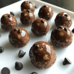 - 1 cup natural peanut butter - 1/2 cup honey or maple syrup - 1 cup rolled oats - 1/2 cup chocolate protein powder - 1/4 cup dark chocolate chips - 1/4 cup ground flaxseed - 1 tsp vanilla extract - A pinch of sea salt The ingredients for Peanut Butter Chocolate Protein Bites are simple and easy to find. Each one adds flavor, texture, and nutrition. Natural peanut butter offers healthy fats and protein. Honey or maple syrup gives sweetness. Rolled oats add fiber and bulk. Chocolate protein powder boosts protein content, making these bites a great snack. Dark chocolate chips add a rich chocolate flavor. Ground flaxseed provides omega-3 fatty acids, which are great for heart health. Vanilla extract enhances the flavor, while a pinch of sea salt balances the sweetness. - Protein content per serving: Each bite packs about 5 grams of protein. - Calories and macronutrients: One bite has around 100 calories, with fat, carbs, and protein in balance. - Health benefits of each ingredient: Together, these ingredients support energy, muscle repair, and heart health. The protein helps keep you full longer. The fiber from oats and flaxseed aids digestion. - Nut butter alternatives: Try almond butter or sunflower seed butter if you're nut-free. - Sweetener options: Use agave nectar or coconut sugar instead of honey. - Gluten-free ingredients: Ensure oats are certified gluten-free for those with gluten sensitivities. These substitutions make the recipe flexible. You can customize it to fit your tastes and dietary needs, making these protein bites a snack everyone can enjoy. Check out the Full Recipe for step-by-step instructions! Mixing the wet ingredients Start by grabbing a large mixing bowl. Add 1 cup of natural peanut butter. Then, pour in 1/2 cup of honey or maple syrup. Mix these two until they are smooth and creamy. This step is key for a tasty base. Incorporating dry ingredients Next, add 1 cup of rolled oats, 1/2 cup of chocolate protein powder, and 1/4 cup of ground flaxseed. Don’t forget a pinch of sea salt! Stir everything together until it looks well mixed. This will give your bites a great texture and flavor. Rolling the mixture into bites Now it’s time for the fun part! Take about a tablespoon of the mixture in your hands. Roll it into a ball. Repeat this step until you have used all the mixture. You should end up with about 12 to 15 bites. Recommended mixing tools I suggest using a sturdy spatula or your hands for mixing. This will help combine all the ingredients well. A large bowl is also a must for easy mixing. Avoiding common mistakes Watch out for dry spots in your mixture. Make sure all ingredients are well combined. If it feels too dry, add a little more honey or peanut butter. Adjusting consistency for preferred texture If you want softer bites, use a bit more honey. For firmer bites, add more oats. You can play around with the mix until you find your perfect texture. Refrigeration instructions Once your bites are formed, place them in an airtight container. Put this container in the fridge for at least 30 minutes. This will help them firm up and hold their shape well. Presentation tips for serving When ready to serve, arrange the bites on a nice plate. You can sprinkle some extra dark chocolate chips or crushed nuts on top. This not only looks great but adds a little extra crunch. Enjoy them with a glass of your favorite plant-based milk! Store your protein bites in an airtight container. Glass or plastic containers work well. Keep them in the fridge for the best taste and texture. They stay fresh for about one week. You can freeze them too. Just place the bites in a freezer bag. They last up to three months in the freezer. Add these bites to your daily snacks. They make a great pick-me-up anytime. Pair them with a glass of milk or your favorite smoothie. You can also pack them in lunchboxes for kids and adults. They fit well with fruit or yogurt for a complete meal. Boost the flavor of your bites by adding spices. A dash of cinnamon or a splash of vanilla extract can elevate them. You can also try different kinds of chocolate. Swap dark chocolate chips for white or milk chocolate for variety. Mixing in dried fruits or chopped nuts adds texture and taste. {{image_2}} When you make Peanut Butter Chocolate Protein Bites, you can switch things up for fun. Here are some tasty ideas. If you want to change the flavor, try using white chocolate or caramel chips instead of dark chocolate. These chips give a new twist. You can also use flavored protein powders, like vanilla or chocolate mint. This adds a unique taste and keeps things interesting. To cut down on sugar, you can reduce the honey or maple syrup. Try using mashed banana or unsweetened applesauce instead. These keep the bites sweet but healthier. For a vegan option, swap the honey with maple syrup and use plant-based protein powder. These changes make the protein bites fit different diets. Spice things up by adding cinnamon or a pinch of cayenne. These spices bring warmth and depth to the flavor. You can also add shredded coconut or dried fruits like cranberries or apricots. These add texture and make your bites even more exciting. These variations let you create your perfect Peanut Butter Chocolate Protein Bites. Explore the possibilities and enjoy your tasty treats! For the complete recipe, check the Full Recipe link above. Store your peanut butter chocolate protein bites in an airtight container. Keep them in the fridge at a temperature below 40°F (4°C). This helps them stay fresh and tasty. They can last about one week in the fridge. If you want to keep them longer, freezing is a great option. To freeze your protein bites, place them in a single layer on a baking sheet. Once they are frozen solid, transfer them to a freezer-safe bag. Remove as much air as possible before sealing. They can last up to three months in the freezer. To thaw, just take out the number of bites you want and leave them in the fridge overnight. This keeps their texture nice and chewy. Look for changes in smell or color. If they have an off smell or look dry, it’s time to toss them. Make sure to check for mold, too. To ensure freshness, always use clean utensils when taking bites from the container. This helps prevent contamination and keeps your snacks safe. Peanut Butter Chocolate Protein Bites can last about one week in the fridge. Store them in an airtight container to keep them fresh. If you want to keep them longer, freeze them. They can last up to three months in the freezer. Just remember to wrap them well before freezing. When you want to eat them, let them thaw in the fridge overnight. Yes, you can make these bites without protein powder. If you skip it, you can add more oats or nut butter for texture. You might also want to reduce the sweetener a bit since protein powder adds some sweetness. Another option is to use ground nuts or seeds for added nutrition. Absolutely! These protein bites offer great nutrition for kids. They contain healthy fats, fiber, and protein, which help keep them full. You can control the portion size easily, making them a perfect snack for children. Aim for one or two bites as a snack. This helps them enjoy the treat without too much sugar. Plus, kids love the chocolatey flavor! You can easily make delicious Peanut Butter Chocolate Protein Bites using simple ingredients. We discussed each ingredient's benefits, and I shared clear step-by-step instructions. You learned various tips for storage and meal prep, plus fun variations to try. These bites are not only tasty but also healthy. They give you great fuel for busy days. Enjoy getting creative with flavors and sharing these bites with family and friends!
