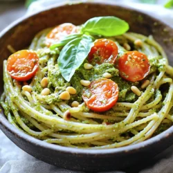 - 8 oz whole wheat pasta (spaghetti or fusilli) - 2 cups fresh basil leaves - 1/2 cup raw cashews, soaked in water for at least 2 hours - 3 cloves garlic, minced - Juice of 1 lemon In this recipe, I use whole wheat pasta. It adds fiber and nutrients. You can choose spaghetti or fusilli based on your taste. Fresh basil gives the pesto its bright flavor. I soak cashews to make the sauce creamy. Garlic brings a nice kick, while lemon juice adds freshness. - 1/4 cup olive oil - Cherry tomatoes, halved - Fresh basil leaves Garnishes enhance the dish's look and taste. A drizzle of olive oil adds richness. Halved cherry tomatoes give a pop of color and sweetness. Extra fresh basil leaves make the dish look lovely and fresh. - Nuts alternatives (walnuts or seeds) - Pasta alternatives (gluten-free options) If you can't have cashews, try walnuts or sunflower seeds. They work well in pesto too. For those needing gluten-free options, choose gluten-free pasta. It will still taste great in this creamy dish. You can find the full recipe [here](insert link). To boil pasta perfectly, fill a large pot with water. Use a generous amount of salt. The water should taste like the ocean. Bring it to a rolling boil. Add the whole wheat pasta, then stir to prevent sticking. Cook according to the package instructions until it is al dente, which means firm to the bite. Reserving pasta water is key. Before you drain the pasta, save about 1/2 cup of the water. This starchy water helps to thicken and bind the sauce later. Now, let’s make the pesto. In a blender or food processor, add the fresh basil leaves, pine nuts, nutritional yeast, minced garlic, soaked cashews, olive oil, lemon juice, salt, and pepper. Blend it all together until you reach a smooth and creamy texture. If the pesto is too thick, add a bit of the reserved pasta water. This helps achieve the right consistency for your vegan creamy pesto. It’s time to bring it all together. In the pot you used for the pasta, combine the cooked pasta with the creamy pesto sauce. Toss gently to coat the pasta evenly. If the sauce seems too thick, add more reserved pasta water a little at a time. This will help create a beautiful dish that tastes amazing. For the full recipe, check out the detailed steps. - Using fresh vs. dried ingredients: Fresh ingredients shine in pesto. Fresh basil gives a bright flavor. Dried herbs can lack depth. Choose fresh basil for best results. Use high-quality nuts, too, for added taste. - Soaking cashews for creaminess: Soak raw cashews for at least two hours. This step makes them soft and easy to blend. Soaked cashews will create a creamy texture. If you forget to soak, try boiling them for a few minutes. - Avoiding overcooked pasta: Cook pasta until just al dente. This keeps it firm and helps it hold sauce. Test a piece a minute early to avoid mushiness. Remember, pasta will continue to cook off the heat. - Balancing flavors in the sauce: Taste your pesto as you blend. Adjust with more lemon juice for brightness. Add salt slowly to enhance the flavors. If it tastes flat, a pinch of salt can make a big difference. - Creative serving suggestions: Serve the pasta in colorful bowls. A large platter for family style also works well. Mix in a handful of cherry tomatoes for a pop of color. - Garnishes to enhance visual appeal: Fresh basil leaves add a lovely touch. Halved cherry tomatoes not only look great, but they also taste fresh. Drizzle a bit of olive oil on top for shine and flavor. {{image_2}} You can change the flavor of your vegan creamy pesto pasta by adding sun-dried tomatoes or spinach. Sun-dried tomatoes bring a sweet and tangy taste. They add a nice color too. Spinach gives the dish a fresh and bright flavor. You can mix in a handful when you blend the pesto for extra nutrition. You can also try using other herbs like parsley or cilantro. These herbs can change the taste in fun ways. Parsley adds a mild flavor, while cilantro gives a bright, zesty kick. Feel free to get creative. Mix and match to find your favorite combination! If you are looking for low-carb options, you can swap the pasta for zucchini noodles or spaghetti squash. These options keep the dish light and fresh. They also add more veggies to your meal. For those with nut allergies, you can make nut-free variations. Use seeds like sunflower seeds or pumpkin seeds instead of nuts. You can also skip the nuts altogether. Just blend the other ingredients well. The creamy texture will still shine through! Pair your vegan creamy pesto pasta with grilled vegetables for a colorful plate. Grilled zucchini, bell peppers, or eggplant work well. They add flavor and texture to your meal. You can also serve the pasta with a side salad or crusty bread. A simple green salad with olive oil and lemon juice complements the pasta perfectly. If you like, serve it with fresh bread for dipping in extra pesto. Enjoy the mix of flavors and textures! For the full recipe, check out the Vegan Creamy Pesto Pasta section. To keep leftover vegan creamy pesto pasta fresh, place it in an airtight container. Make sure to cool the pasta to room temperature first. This prevents moisture build-up in the container. Store it in the fridge for up to 3 days. - Use glass or BPA-free plastic containers. - Avoid metal containers, as they can react with the ingredients. You can freeze both the pesto and the pasta. For the best taste, freeze the pesto separately. - Pesto Freezing Tips: Pour the pesto into ice cube trays. Once frozen, transfer to a freezer bag. This method makes it easy to take out just what you need. - Pasta Freezing Tips: Cool the pasta completely, then pack it in a freezer-safe container. To thaw, place the pesto in the fridge overnight. Reheat the pasta in the microwave or on the stove with a splash of water. When stored properly, vegan creamy pesto pasta stays fresh for a few days. - Refrigerated Pasta: Good for 3 days. - Frozen Pasta: Best used within 2-3 months for optimal flavor. Signs of spoilage include an off smell, changes in color, or mold. If you see any of these signs, it’s best to discard the pasta. This ensures you enjoy your meal safely. Vegan pesto uses simple ingredients. Here are the basics: - Fresh basil leaves: This is the star of the dish. - Garlic: Adds a strong, tasty flavor. - Nutritional yeast: Gives a cheesy taste without dairy. - Raw cashews: Adds creaminess and richness. - Olive oil: Helps blend everything smoothly. - Lemon juice: Brightens the flavors. - Salt and pepper: Enhances taste. These ingredients create a sauce that is rich and creamy. You can find the full recipe at the end. To make nut-free pesto, use these ingredients instead: - Sunflower seeds: A great replacement for nuts. - Pumpkin seeds: They add a nice crunch. - Hemp seeds: They are creamy and nutritious. You can blend these seeds just like cashews. This keeps your pesto rich and tasty without nuts. Yes, you can! Here are some tips for meal prep: - Cook the pasta: You can cook it a day before. - Store separately: Keep the pasta and pesto in different containers. - Reheat gently: Warm the pasta in a pan with a splash of water. - Mix just before serving: This keeps the flavors fresh. Making it ahead of time saves you effort later and keeps it delicious. Storing fresh basil can be easy. Here’s how: - In water: Place basil stems in a glass of water. Cover the leaves with a plastic bag. This keeps them fresh for days. - In the fridge: Wrap the basil in a damp paper towel and place it in a bag. This helps it last longer. - Freezing: Chop basil and mix it with olive oil. Freeze in ice cube trays for later use. These methods keep your basil fresh and tasty for all your cooking needs. In this blog post, I covered how to make vegan pesto pasta using simple ingredients like whole wheat pasta, fresh basil, and cashews. I shared step-by-step instructions for cooking, blending, and combining the pasta and pesto. You learned useful tips for making the best dish, exploring variations, and storing leftovers. Embrace the flavors and adapt this recipe to fit your needs. Enjoy this simple yet delicious pasta dish that everyone will love. Cooking can be fun and creative, so get started!