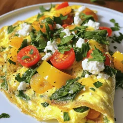 To make the Easy Veggie Omelette, gather these ingredients: - 3 large eggs - 2 tablespoons milk - 1/4 cup bell peppers (red, yellow, and green), finely chopped - 1/4 cup spinach, chopped - 1/4 cup cherry tomatoes, halved - 1/4 cup onion, finely chopped - 2 tablespoons feta cheese, crumbled - 1 tablespoon olive oil - Salt and pepper to taste - Fresh herbs (parsley or chives) for garnish You can use many fresh vegetables in your omelette. Bell peppers add color and crunch. Spinach gives a nice green touch and is healthy. Cherry tomatoes add a sweet burst. Onions offer great flavor. Feel free to mix and match your favorites. Use zucchini, mushrooms, or even kale for different tastes. Cheese makes your omelette creamy and rich. Feta cheese adds a salty flavor that pairs well with veggies. You can try cheddar for a sharper taste or mozzarella for a milder option. Goat cheese can also be a fun choice if you want something tangy. Just pick your favorite cheese for a tasty twist. To start, gather all your ingredients. You will need: - 3 large eggs - 2 tablespoons milk - 1/4 cup bell peppers (red, yellow, and green), finely chopped - 1/4 cup spinach, chopped - 1/4 cup cherry tomatoes, halved - 1/4 cup onion, finely chopped - 2 tablespoons feta cheese, crumbled - 1 tablespoon olive oil - Salt and pepper to taste - Fresh herbs (parsley or chives) for garnish First, crack the eggs into a bowl. Add the milk and whisk until frothy. This step is key to a fluffy omelette. Season with salt and pepper, then set it aside. Next, chop all the vegetables. Make sure the pieces are small for even cooking. This will help the veggies blend well with the eggs. Heat the olive oil in a non-stick frying pan over medium heat. This ensures the omelette won’t stick. Once hot, add the chopped onion. Sauté for about 2-3 minutes until the onion turns translucent. Then, stir in the chopped bell peppers. Cook them for another 2 minutes until they soften. Next, add the spinach and cherry tomatoes. Sauté everything for just one minute until the spinach wilts. Now, it’s time for the egg mixture. Pour it over the sautéed veggies. Gently swirl the pan so the eggs spread evenly. Cook undisturbed for 3-4 minutes. Watch for the edges to firm up and the bottom to turn golden. When the omelette is almost ready, sprinkle the feta cheese on one half. Carefully fold the other half over the cheese. Cook for another minute until the cheese starts to melt. Slide the omelette onto a plate and garnish with fresh herbs. You can use parsley or chives for a pop of color. Serve it hot for the best taste. This colorful veggie delight is perfect for breakfast or a light lunch. You can also pair it with toast or a side salad for a complete meal. Enjoy the fresh flavors and the beautiful look of your Easy Veggie Omelette! For the full recipe, visit the detailed instructions above. To get that soft, fluffy omelette, use fresh eggs. Crack the eggs into a bowl and whisk them well with milk. The milk adds creaminess and helps with the fluffiness. Whisk until it's all frothy. Cook the omelette on medium heat. Too high will burn it. Let it cook slowly for a perfect texture. One big mistake is overcooking the eggs. Watch for the edges firming up. If you cook too long, it turns dry. Also, don’t skip the oil. It helps prevent sticking and adds flavor. Lastly, avoid crowding the pan with too many veggies. This can make it soggy. Add some herbs for a fresh taste. Parsley or chives work great. You can also sprinkle some cheese on top. Feta gives a nice tang. If you like heat, try adding a pinch of chili flakes. This adds a kick to your omelette. For a different twist, serve with a side of salsa or avocado. These add creaminess and extra flavor to your meal. For the full recipe, check out the "Colorful Veggie Delight Omelette 🥚." {{image_2}} You can easily change your veggie omelette. Try adding mushrooms for a nice earthy flavor. Zucchini adds a fresh taste and pairs well with other veggies. Broccoli gives a crunch and is quite healthy. You can also mix in some kale for extra nutrients. Just chop any of these options small, so they cook quickly. Want to make your omelette more filling? You can add proteins like cooked chicken or turkey. They add great flavor and make it a full meal. If you're vegetarian, try adding beans or lentils. Tofu is another good option; it soaks up flavors well. Just be sure to cook any meat before adding it to the omelette. Cheese can change the taste a lot. If you want something creamy, go for goat cheese. It has a tangy flavor that brightens the dish. For a sharp taste, cheddar cheese works well. Mozzarella melts beautifully and gives a nice stretch. You can even use vegan cheese if you want a dairy-free choice. Each cheese brings its own unique flair to your omelette. For the full recipe, check out the Colorful Veggie Delight Omelette. To store leftovers, let the veggie omelette cool down first. Then, place it in an airtight container. You can keep it in the fridge for up to three days. If you want to keep it longer, consider freezing it. To reheat, take the omelette out of the fridge. Place it on a microwave-safe plate. Heat for about one minute, or until warm. If you freeze it, take it out and let it thaw in the fridge overnight. Then, reheat in the microwave or a pan. If you want to freeze your omelette, wrap it tightly in plastic wrap. Then, place it in a freezer-safe bag. It can stay in the freezer for up to two months. When you're ready to eat it, thaw it in the fridge. Then, reheat as needed. For the best taste, enjoy your leftover Colorful Veggie Delight Omelette soon! Yes, you can make an Easy Veggie Omelette ahead of time. Cook the omelette as usual, then let it cool. Store it in an airtight container in the fridge for up to two days. When you’re ready to eat, simply reheat it in a pan or microwave. This way, you save time during busy mornings. If you want to substitute eggs, try using a mix of silken tofu and nutritional yeast. Blend about 1/4 cup of silken tofu with a tablespoon of nutritional yeast. This mix mimics the texture of eggs. You can also use chickpea flour mixed with water. Combine 1/4 cup of chickpea flour with 1/4 cup of water and whisk until smooth. To make a dairy-free version, simply skip the feta cheese. Instead, use a dairy-free cheese or nutritional yeast for flavor. You can also add a splash of plant-based milk, like almond or soy milk, to the egg mixture. This keeps the omelette creamy and delicious. For more ideas, check the Full Recipe for options that suit your taste. To make the Easy Veggie Omelette, you need just a few simple ingredients. Here’s what you’ll need: - 3 large eggs - 2 tablespoons milk - 1/4 cup bell peppers (red, yellow, and green), finely chopped - 1/4 cup spinach, chopped - 1/4 cup cherry tomatoes, halved - 1/4 cup onion, finely chopped - 2 tablespoons feta cheese, crumbled - 1 tablespoon olive oil - Salt and pepper to taste - Fresh herbs (parsley or chives) for garnish These ingredients are not just tasty; they also make your omelette bright and colorful. The mix of veggies adds flavor and nutrients. You can find most of these items at your local grocery store. Fresh ingredients make a big difference in taste. Using eggs as the base gives you protein. The milk makes the omelette fluffy. The bell peppers add crunch and sweetness. Spinach packs in vitamins. Cherry tomatoes give a burst of juice. Onions add depth, while feta cheese gives a creamy finish. Feel free to change up the veggies based on what you have. You can use zucchini, mushrooms, or even kale. The full recipe gives you step-by-step guidance on how to whip up this delightful dish. In this blog post, I covered how to make a Colorful Veggie Delight Omelette. You learned about fresh ingredients, cooking steps, and serving tips. I shared common mistakes to avoid and ways to enhance flavors. You also discovered variations and storage advice. Now, you can whip up this tasty dish with ease. Enjoy it your way and experiment with flavors. You’ll impress everyone with your omelette skills!