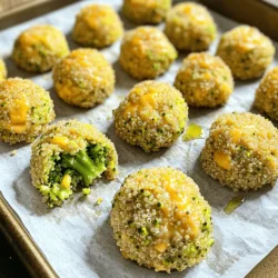 - 1 cup cooked quinoa - 1 cup finely chopped broccoli (steamed) - 1 cup shredded sharp cheddar cheese - 2 large eggs - 1/2 cup breadcrumbs (preferably whole wheat) - 2 tablespoons nutritional yeast (optional) - 1/2 teaspoon garlic powder - 1/4 teaspoon onion powder - Salt and pepper to taste - Olive oil spray for greasing Gathering these ingredients is the first step to making Broccoli Cheddar Quinoa Bites. Each item plays an important role in flavor and texture. You can swap ingredients to fit your needs. For cheese, you can use mozzarella or pepper jack. If you want a gluten-free option, choose gluten-free breadcrumbs. If you need an egg replacement, try using flaxseed meal mixed with water. This way, you can still enjoy these bites while catering to your diet. These bites are packed with nutrients. A serving has about 150 calories, making them a great snack. Each bite gives you protein from the quinoa and eggs. You also get fiber from the broccoli and whole wheat breadcrumbs. The cheese adds calcium, while nutritional yeast boosts the flavor and offers B vitamins. Eating these bites can help you stay full and satisfied. 1. Preheat the oven and prepare the baking sheet: Start by preheating your oven to 375°F (190°C). This step is key for getting a nice crisp on your bites. While the oven heats, line a baking sheet with parchment paper. This makes cleanup easy and helps the bites cook evenly. 2. Steam broccoli to retain nutrients: Next, take your finely chopped broccoli and steam it. Steaming keeps the nutrients intact and gives the broccoli a tender texture. You want the pieces small enough to mix well with the other ingredients. 1. Combine dry and wet ingredients effectively: In a large mixing bowl, combine your cooked quinoa, steamed broccoli, shredded cheddar cheese, eggs, breadcrumbs, nutritional yeast (if you use it), garlic powder, onion powder, salt, and pepper. Mixing these ingredients well ensures that every bite is full of flavor. 2. Achieving the right consistency for bites: Stir everything together until the mixture is thick and holds together. If the mix feels too dry, you can add a little water. If it’s too wet, just sprinkle in more breadcrumbs. You want it to be moldable without being sticky. 1. Forming the bites: ideal size and shape: Now comes the fun part! Use your hands to scoop about 2 tablespoons of the mixture. Shape this into small balls or patties. Place them on the lined baking sheet, making sure to leave some space between each bite for even cooking. 2. Baking time and tips for optimal crispness: Lightly spray the tops of the bites with olive oil. This helps them crisp up nicely in the oven. Bake for 20-25 minutes or until they are golden brown and firm. Keep an eye on them, as oven times can vary. To prevent your broccoli cheddar quinoa bites from falling apart, use the right ratios. Ensure you use enough binding agents like eggs and breadcrumbs. If your mix seems too wet, add more breadcrumbs until it holds together well. Use your hands to compact the mixture firmly when shaping the bites. This will help maintain their shape during baking. To get a crispy texture, lightly spray the tops with olive oil before baking. This small step makes a big difference. Bake at a high temperature, around 375°F, for 20-25 minutes until golden brown. Don't skip letting them cool for a few minutes; this helps them firm up. For the best dipping sauces, I recommend classic options like ranch or honey mustard. You can also try spicy sriracha or a tangy yogurt dip. These sauces add great flavor to your bites. Pair your bites with a fresh salad or steamed veggies for a complete meal. A simple mixed greens salad with lemon vinaigrette works well. For an appealing visual, plate the bites in a circular pattern on a vibrant plate. This draws the eye and makes them look inviting. Use fresh herbs like parsley or cilantro as garnishes. A sprinkle of extra cheese on top right before serving can add a nice touch. You can also drizzle a bit of sauce around the plate for color. For the full recipe, check out the details above! {{image_2}} Want to spice up your bites? You can add jalapeños or a splash of sriracha for heat. These ingredients bring a fun kick and blend well with the cheese and quinoa. If you prefer a milder flavor, fresh herbs like parsley or chives work wonders too. They add freshness and a pop of color, making your bites even more appealing. You can also change how these bites look and taste. Try making them into mini muffins or fritters. This gives you a new texture and can be great for parties or snack time. If you want a crispy outer layer, air frying is a fantastic option. It gives a crunchy finish while keeping the inside soft. Baking is easier and still makes a delightful treat. If you follow a vegan diet, you can still enjoy these bites. Swap the eggs with flaxseed meal or unsweetened applesauce. This keeps the mixture together while being plant-based. For those who need gluten-free options, use gluten-free breadcrumbs instead. This way, everyone can enjoy these tasty broccoli cheddar quinoa bites without worry. You can find the full recipe to get started! To store your broccoli cheddar quinoa bites, place them in an airtight container. This keeps them fresh and tasty. Refrigerate them within two hours of cooking. If you let them cool first, they will not create steam inside the container. Use glass or plastic containers that seal well. Avoid using containers that are too big, as this can let air in. If you want to keep the bites longer, freezing is a great option. Lay the bites on a baking sheet in a single layer. Freeze them for about an hour. Once frozen, move them to a freezer-safe bag or container. This helps to prevent them from sticking together. When you’re ready to eat, reheat them in the oven. Bake at 375°F (190°C) for 15-20 minutes. This keeps a nice texture and warms them through. In the fridge, these bites last for about 3-5 days. Check for any signs of spoilage. If they smell sour or look discolored, it’s best to toss them. Always trust your senses. If you’re unsure, it’s safer to discard them. Enjoy your broccoli cheddar quinoa bites fresh, and don’t hesitate to make more! For the full recipe, check out the details above. Can I make these ahead of time? Yes, you can make these bites ahead of time. You can prepare the mixture and shape the bites. Then, place them on a baking sheet and cover with plastic wrap. Store them in the fridge for up to 24 hours. This saves time on busy days. Just bake them when you are ready to enjoy! How do I know if they are cooked through? To check if they are cooked through, look for a golden-brown color. The bites should feel firm to the touch. You can also cut one open to see if they are hot inside. If they are warm and the cheese is melted, they are ready to eat! Can I use frozen broccoli? Yes, you can use frozen broccoli. Just make sure to thaw it first. Drain any excess water. This helps keep the bites from getting soggy. Chopping it finely will help it mix well with the other ingredients. What type of quinoa works best for this recipe? Any type of quinoa works well, but I prefer using white quinoa. It has a mild flavor and a fluffy texture. Red or black quinoa can add a nice color, but they may have a chewier texture. Just make sure it is cooked before mixing. Are these bites suitable for kids? Yes, these bites are great for kids! They are fun to eat and packed with nutrients. The cheese gives them a tasty flavor that kids love. Plus, they are easy to hold and dip into sauces. Can I omit cheese for a dairy-free version? You can omit the cheese for a dairy-free version. You may want to add extra nutritional yeast. This adds a cheesy flavor without dairy. You can also try using dairy-free cheese options if you want a similar taste. This blog post shared a tasty recipe for broccoli cheddar quinoa bites. You learned about ingredients, substitutes, and nutritional benefits. The step-by-step instructions helped you prepare these bites with ease. We also explored tips for cooking and serving, plus some fun variations. In closing, these bites are both healthy and easy to customize. Enjoy experimenting with flavors and making them your own! Happy cooking!