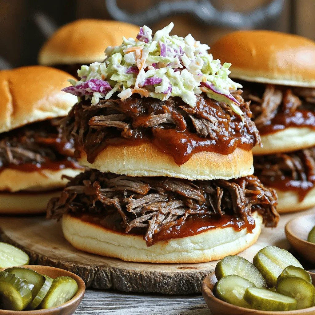 Here’s what you need for a great BBQ beef sandwich: - 2 pounds beef chuck roast - 1 large onion, sliced - 4 cloves garlic, minced - 1 cup beef broth - 1 cup barbecue sauce (your favorite) - 2 tablespoons apple cider vinegar - 1 tablespoon brown sugar - 1 teaspoon smoked paprika - 1 teaspoon chili powder - 1/2 teaspoon black pepper - 1/2 teaspoon salt - 6 hamburger buns - Fresh coleslaw (for topping, optional) - Pickles (for garnish, optional) These ingredients work together to create a tender and flavorful meal. The beef chuck roast is perfect for slow cooking. It becomes soft and juicy. The onion and garlic add depth to the dish. The BBQ sauce is the star. Choose your favorite to match your taste. Apple cider vinegar gives a nice tang. Brown sugar adds sweetness, while the spices give it warmth. You can top your sandwich with coleslaw for crunch and pickles for extra zest. This makes each bite exciting. Enjoy the mix of flavors and textures! To start, you need to prepare the beef and aromatics. First, place the 2 pounds of beef chuck roast in the slow cooker. Then, add the sliced onion and minced garlic on top. This step adds a lot of flavor to your dish. Next, let's mix the sauce ingredients. In a separate bowl, whisk together 1 cup of beef broth, 1 cup of barbecue sauce, 2 tablespoons of apple cider vinegar, 1 tablespoon of brown sugar, 1 teaspoon of smoked paprika, 1 teaspoon of chili powder, 1/2 teaspoon of black pepper, and 1/2 teaspoon of salt. Make sure everything blends well. Pour this mixture over the beef and onions in the slow cooker. Make sure the roast is well coated with the sauce. Now, cover your slow cooker with its lid. Cook on low for 8 hours, or until the beef is fork-tender. The longer it cooks, the better the flavors meld together. After cooking, it’s time to shred the beef. Carefully take the beef out of the slow cooker. Use two forks to shred the meat into bite-sized pieces. Return the shredded beef to the slow cooker, and mix it back into the sauce. This helps the meat soak up all those tasty flavors. Next, toast the buns. You can do this in an oven or on a skillet. Toast them until they turn golden brown. This adds a nice crunch. To assemble your sandwiches, take a bun and pile a generous amount of the BBQ beef on it. If you want, top it with fresh coleslaw for some crunch. You can also add pickles for extra flavor. Now, you have a delicious, savory meal ready to enjoy! To make sure your beef is fork-tender, choose a good cut. I recommend using beef chuck roast. It has great marbling, which adds flavor and moisture. Cook it on low for 8 hours. This allows the beef to break down and become tender. If you are short on time, you can cook it on high for 4 to 5 hours. Just keep an eye on it to avoid overcooking. For a fun twist, try garnishing your sandwiches with fresh coleslaw. It adds crunch and freshness. You can also add pickles for a tangy bite. When serving, place the sandwiches on a wooden board. Arrange extra coleslaw and pickles in small bowls nearby. This makes for an inviting spread. For drinks, iced tea or a light beer pairs nicely with BBQ flavors. Enjoy your meal with friends and family! {{image_2}} You can switch up the beef chuck roast for other meats. Pork shoulder works great for a different flavor. Chicken thighs also work well and cook faster. If you want a lighter meal, turkey breast is a solid choice. For vegetarian or vegan options, replace the meat with jackfruit. Jackfruit has a texture similar to pulled pork. You can also use mushrooms, like portobello or shiitake, for a hearty bite. BBQ sauce is key to great flavor, but you can mix it up! Try a mustard-based BBQ sauce for a tangy kick. For a smoky taste, add some liquid smoke or chipotle peppers. If you like heat, add hot sauce or cayenne pepper. For sweetness, include honey or maple syrup in your sauce mix. Each twist can create a new favorite! To store leftover BBQ beef, first let it cool down. Place it in an airtight container. Make sure to cover it well to keep the moisture in. This beef stays fresh in the fridge for up to four days. For freezing, divide the beef into portions. Use freezer bags or containers. Squeeze out as much air as possible. Label the bags with the date. Frozen BBQ beef can last for three months. To reheat BBQ beef safely, use the microwave or stovetop. If using the microwave, place the beef in a bowl. Add a splash of beef broth to keep it moist. Cover it with a microwave-safe lid or wrap. Heat in short bursts, checking often. For stovetop reheating, place the beef in a pan. Add a bit of water or broth to prevent drying. Heat on low to medium, stirring often. This keeps the flavor and texture nice. Enjoy your delicious BBQ beef sandwiches again! Can I use a different cut of beef? Yes, you can use other cuts of beef. Brisket or round roast works well. These cuts may have different cook times. Adjust the time based on how tender you want the beef. How long can I store leftovers? You can store leftovers in the fridge for up to four days. Make sure to keep it in an airtight container. For longer storage, freeze the BBQ beef for up to three months. Can I cook this on high instead of low? Yes, you can cook this on high. It should take about four hours. Check that the beef is fork-tender before serving. Cooking on low gives a richer flavor, so try both methods! This post gave you a clear guide on making BBQ beef, from ingredients to serving. You learned about prepping the meat and aromatics, cooking it in a slow cooker, and shredding it for tasty sandwiches. I shared tips for fork-tender beef and fun serving ideas. There are options for different meats and sauces, plus how to store leftovers safely. BBQ beef is versatile and can fit anyone's taste, even vegan diets. Keep these ideas handy for your next meal. Enjoy your cooking adventure!