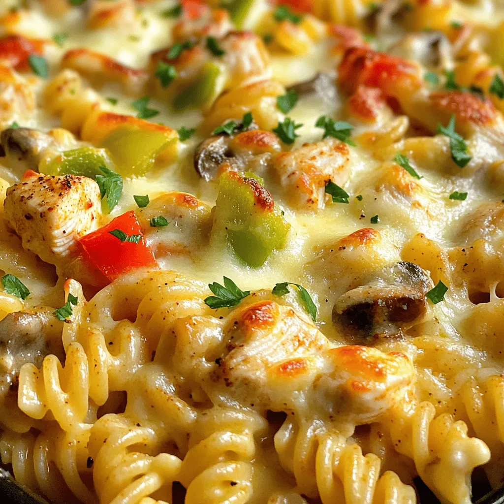 - 2 cups cooked rotini pasta - 2 tablespoons olive oil - 1 pound chicken breast, diced - 2 tablespoons Cajun seasoning - 1 cup diced bell peppers (red and green) - 1 cup sliced mushrooms - 3 cloves garlic, minced - 2 cups heavy cream - 1 cup grated Parmesan cheese - 1 cup shredded mozzarella cheese - Salt and pepper to taste - Fresh parsley, chopped (for garnish) For this dish, I use exact measurements to get great flavors. The rotini pasta should be cooked first. I recommend cooking it al dente. The chicken should be diced into small, even pieces for quick cooking. Use two tablespoons of olive oil to keep the chicken moist. Cajun seasoning adds heat and flavor. I like to use a mix of red and green bell peppers for color. The mushrooms add a nice texture, and fresh garlic gives a strong aroma. Heavy cream makes the sauce rich and smooth. Parmesan cheese adds saltiness and depth, while mozzarella gives that gooey goodness. Salt and pepper should be adjusted to your taste. If you want to add more flavor, consider using smoked paprika. It pairs well with the Cajun seasoning. You could also add some crushed red pepper flakes for extra heat. For a touch of zest, try squeezing in some fresh lemon juice before baking. Adding fresh spinach can also bring in a nice color and extra nutrients. If you enjoy herbs, consider adding thyme or oregano. These will enhance the overall taste of your bake. First, preheat your oven to 375°F (190°C). This step is key for a nice bake. While the oven heats, gather your ingredients. You will need cooked rotini pasta, diced chicken, and more. Next, heat two tablespoons of olive oil in a large skillet over medium heat. Add one pound of diced chicken. Sprinkle two tablespoons of Cajun seasoning on top. Cook until the chicken is browned, about 5 to 7 minutes. Then, add one cup of diced bell peppers and one cup of sliced mushrooms. Toss in three cloves of minced garlic, too. Sauté this mix for another 3 to 4 minutes. The vegetables should feel tender and fragrant. In a separate bowl, combine two cups of heavy cream and one cup of grated Parmesan cheese. Mix this well until it’s creamy and smooth. In a large mixing bowl, combine the cooked rotini pasta, the sautéed chicken, and the vegetables. Add the creamy cheese mixture to this bowl. Stir everything until the pasta is well coated. Transfer this mix to a greased 9x13 inch baking dish. Finish by topping it with one cup of shredded mozzarella cheese. Bake for 25 to 30 minutes until the cheese is bubbly and golden brown. Let it cool for a few minutes, then serve and enjoy! To get the best flavor in your Spicy Cajun Chicken Alfredo Bake, use fresh ingredients. Start with high-quality chicken and fresh bell peppers. The Cajun seasoning packs a punch, so don’t hold back. You can even mix your own blend for more control. A bit of lemon juice can brighten the dish too. Remember to taste as you go. This helps you balance the spice and cream. For a creamy Alfredo sauce, keep the heat low. High heat can cause the cream to separate. Mix the heavy cream and Parmesan cheese until smooth. This combines well with the pasta. When you add the sautéed chicken and veggies, stir gently. This keeps the cream smooth and thick. If it feels too thick, add a splash of chicken broth for better texture. When it comes to baking, cheese is key. Use a mix of mozzarella and Parmesan for depth. Spread the cheese evenly over the top. This ensures all parts get that lovely melt. Bake until golden brown, but check often. The cheese should bubble and look delicious. If you want a crunchy top, broil for a minute at the end. This adds a nice finish to your dish. {{image_2}} You can switch out chicken for other proteins. Shrimp works great with Cajun flavors. Just cook it until it turns pink and firm. If you want a beefy twist, use diced steak. Cook it until it's browned. Tofu is also a good choice for a plant-based option. Just make sure to season it well with Cajun spices. To make a vegetarian version, skip the meat. Load up on more veggies like zucchini, spinach, or broccoli. These add flavor and nutrients. You can also include plant-based protein like chickpeas or lentils. They give a nice texture and fill you up. Don’t forget to season your veggies with Cajun spices for that kick! While rotini is a great choice, feel free to use other pasta types. Penne or fusilli can hold the sauce well. If you prefer a lighter dish, try using whole wheat or gluten-free pasta. You’ll still get all the creamy goodness. Just adjust the cooking time based on the pasta you choose. Store your Spicy Cajun Chicken Alfredo Bake in an airtight container. Make sure it cools down first. You can keep it in the fridge for up to three days. This helps keep the flavor fresh and tasty. If you want to eat it later, storing is easy! To reheat, preheat your oven to 350°F (175°C). Place the leftovers in a baking dish. Add a splash of milk or cream to keep it moist. Cover with foil to prevent drying out. Bake for about 20 minutes or until hot. You can also use a microwave. Heat in short bursts, stirring in between. You can freeze this dish for up to three months. First, let it cool completely. Then, place it in a freezer-safe container. Label it with the date for easy tracking. When you’re ready to eat, thaw it in the fridge overnight. Reheat as mentioned above for the best results. Yes, you can make this dish ahead. Cook the chicken and veggies first. Mix everything up but do not bake it yet. Cover the dish and store it in the fridge. When you are ready, just bake it straight from the fridge. You may need to add a few extra minutes to the baking time. If you want to skip heavy cream, you can use half-and-half. You might also try using whole milk mixed with a bit of butter. These options will give you a creamy texture but may be a bit lighter. For a dairy-free option, use coconut cream or a cashew cream. Both will still keep the dish rich and tasty. To make the dish milder, use less Cajun seasoning. You can also use a milder blend or skip it entirely. Adding more cream can tone down the heat as well. For more spice, add extra Cajun seasoning or some red pepper flakes. Taste as you go to find the right balance for you. This blog covered the essential ingredients for your dish. You learned how to measure, prep, and cook chicken and vegetables effectively. Mixing tips help you get great flavor and texture. We explored variations using different proteins and pasta types. Lastly, I shared storage tips to keep leftovers fresh. Remember, you can tweak the recipe to suit your taste. Cooking is about having fun and being creative!