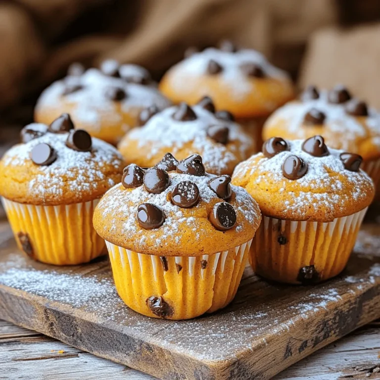 For these chocolate chip pumpkin muffins, you need simple, tasty ingredients. Each item adds a unique touch to the muffins. Here’s what you will need: - 1 cup canned pumpkin puree - 1/2 cup brown sugar - 1/4 cup granulated sugar - 1/3 cup vegetable oil - 2 large eggs - 1 teaspoon vanilla extract - 1 1/2 cups all-purpose flour - 1 teaspoon baking soda - 1/2 teaspoon baking powder - 1 teaspoon ground cinnamon - 1/2 teaspoon ground nutmeg - 1/4 teaspoon ground ginger - 1/2 teaspoon salt - 1 cup chocolate chips The pumpkin puree gives moisture and a rich taste. Brown sugar adds a deep sweetness, while granulated sugar balances it. The spices, like cinnamon and nutmeg, bring warmth and depth. Chocolate chips melt into gooey goodness, making each bite special. The eggs and oil keep the muffins soft and fluffy. You can swap some ingredients based on your needs. For a healthier option, use applesauce instead of oil. If you want less sugar, try reducing the amount of brown and granulated sugar. For gluten-free muffins, you can use a gluten-free flour blend. If you don’t have chocolate chips, nuts or dried fruit work well too. Start by preheating your oven to 350°F (175°C). This step warms the oven for even baking. Next, grab a large mixing bowl. In it, combine 1 cup of canned pumpkin puree, 1/2 cup of brown sugar, 1/4 cup of granulated sugar, and 1/3 cup of vegetable oil. Crack in 2 large eggs and add 1 teaspoon of vanilla extract. Mix these ingredients until they are smooth and well blended. In a separate bowl, whisk together 1 1/2 cups of all-purpose flour, 1 teaspoon of baking soda, 1/2 teaspoon of baking powder, 1 teaspoon of ground cinnamon, 1/2 teaspoon of ground nutmeg, 1/4 teaspoon of ground ginger, and 1/2 teaspoon of salt. This mix gives your muffins a warm, spiced flavor. Gradually add the dry mix to your wet ingredients, stirring gently. Be careful not to overmix. Finally, fold in 1 cup of chocolate chips. Make sure they are evenly distributed. This will give each muffin a sweet, chocolatey surprise. Now, it’s time to fill your muffin tin. Use a scoop to fill each cup about two-thirds full with the batter. This allows the muffins room to rise. Place the muffin tin in your preheated oven. Bake for 18 to 20 minutes. To check if they are done, insert a toothpick into the center of a muffin. If it comes out clean, your muffins are ready! Once baked, remove the tin from the oven. Allow the muffins to cool in the tin for 5 minutes. This short cooling time helps them set. After that, transfer them to a wire rack to cool completely. Serve the muffins warm or at room temperature. For an extra treat, dust them lightly with powdered sugar or top with whipped cream. Enjoy these tasty Chocolate Chip Pumpkin Muffins with friends or family! To keep your muffins fluffy, avoid overmixing the batter. When you add the dry ingredients to the wet ones, stir gently. Use a spatula and mix just until you see no dry flour. It’s okay if there are a few lumps. Overmixing makes the muffins tough. Accurate measuring is key. Use dry measuring cups for flour and sugar. Spoon the flour into the cup, then level it off with a knife. Do not pack it down. For liquid ingredients like pumpkin puree or oil, use a liquid measuring cup. This helps ensure your muffins turn out right. You can make these muffins your own! Add nuts for crunch or swap chocolate chips for dried fruit. Try using pumpkin pie spice instead of individual spices for a quicker mix. For a sweeter muffin, add a bit more sugar. Just remember to keep the balance, so they bake well! {{image_2}} You can add nuts for crunch. Chopped walnuts or pecans work well. Mix in about half a cup when you fold in the chocolate chips. Nuts add flavor and texture. They make the muffins feel heartier and more filling. To make these muffins gluten-free, switch to gluten-free flour. There are many good options available. Almond flour or a gluten-free all-purpose blend works great. Use the same amount as regular flour. The muffins will still be soft and tasty. For vegan muffins, replace eggs with flaxseed meal. Mix one tablespoon of flaxseed meal with two and a half tablespoons of water. Let it sit for a few minutes to thicken. You should also use plant-based oil and non-dairy chocolate chips. The muffins will stay moist and delicious. Enjoy the sweet pumpkin flavor without any animal products! To keep your chocolate chip pumpkin muffins fresh, store them in an airtight container. This helps prevent them from drying out. Place a paper towel at the bottom of the container. This absorbs any moisture and keeps the muffins light and fluffy. You can store them at room temperature for up to three days. If you want to keep them longer, consider freezing them. Freezing muffins is simple. First, let the muffins cool completely. Then, wrap each muffin in plastic wrap. This keeps them from getting freezer burn. After wrapping, place them in a freezer-safe bag or container. Make sure to label them with the date. You can freeze them for up to three months. When you’re ready to enjoy them, just thaw them overnight in the fridge. Reheating muffins is key to enjoying their texture and taste. You can microwave them for about 15-20 seconds. This warms them up and makes them soft. If you prefer a crispier muffin, use the oven. Preheat it to 350°F (175°C) and warm the muffins for about 5-7 minutes. This method brings back their fresh-baked flavor and aroma. Yes, you can use homemade pumpkin puree. Just make sure it’s thick and smooth. If it's too watery, your muffins might turn out soggy. To make homemade puree, roast a small pumpkin until soft. Then, scoop out the flesh and blend it until smooth. You can check if your muffins are done by using a toothpick. Insert the toothpick into the center of a muffin. If it comes out clean, your muffins are ready. The tops should also be golden brown. Keep an eye on them, as baking times may vary. If you prefer, you can use other mix-ins. Nuts, dried fruits, or white chocolate can work well. You can even use butterscotch chips for a different flavor. Just remember to keep the amount the same, about one cup. This article covered everything you need for making perfect pumpkin muffins. We explored key ingredients that boost flavor and alternative options to suit your taste. I shared simple steps for preparation, baking, and serving, plus tips to avoid mistakes. You learned about fun variations, smart storage, and answered common questions. My final thought is to experiment. Be bold in the kitchen and enjoy the process. Happy baking!