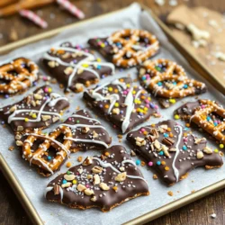 - 2 cups pretzel sticks - 1 cup semi-sweet chocolate chips - 1 cup white chocolate chips - 1/2 cup crushed nuts (almonds, peanuts, or walnuts) - 1/4 cup sprinkles (optional) - Sea salt to taste The key to making chocolate covered pretzel bark is using simple, tasty ingredients. First, gather your pretzel sticks, as they add crunch. You will need semi-sweet chocolate chips for rich flavor. White chocolate chips add a sweet contrast. Optional add-ins can make your bark special. I love adding crushed nuts for extra texture. Almonds, peanuts, or walnuts work well. If you want some fun, sprinkle colorful sprinkles on top. A dash of sea salt enhances the taste. These ingredients make a great base for your bark. Feel free to mix and match to suit your taste! - Prepare the Baking Sheet: Line a baking sheet with parchment paper. This helps the bark not stick. - Melt the Chocolate: In a microwave-safe bowl, melt the semi-sweet chocolate chips. Heat in 30-second bursts. Stir between each burst until smooth. Repeat this for the white chocolate chips in a separate bowl. - Combine Pretzels and Chocolate: Take a large bowl and pour the melted semi-sweet chocolate over the pretzel sticks. Use a spatula to mix gently. Make sure all the pretzels get coated well. - Spread on the Baking Sheet: Pour the chocolate-covered pretzels onto your prepared baking sheet. Spread them out evenly. This ensures every bite has the right balance. - Drizzle White Chocolate: Use a spoon or piping bag to drizzle melted white chocolate over the pretzel layer. Create a fun zigzag pattern for a pretty look. - Add Toppings: While the chocolate is still warm, sprinkle crushed nuts and optional sprinkles on top. A light touch of sea salt adds a nice contrast. - Chill Until Set: Place the baking sheet in the fridge for about 30 minutes. Wait until the chocolate is hard. - Break into Pieces: Once set, take the bark out of the fridge. Break it into pieces that are the size you like. Enjoy your tasty treat! To melt chocolate well, use a microwave-safe bowl. Microwave the chocolate chips in short bursts. Start with 30 seconds, then stir. Repeat this until smooth. Stirring helps the heat spread evenly. Be careful not to overheat the chocolate. If it gets too hot, it can seize. Seizing happens when chocolate cools too quickly. It will become thick and clumpy. To avoid this, use low heat and stir often. Another way to melt chocolate is a double boiler. Fill a pot with water and heat it. Place a bowl on top, making sure it does not touch the water. Stir the chocolate until it melts smoothly. You can make different flavors of bark. Use dark chocolate or milk chocolate instead of semi-sweet. Each type of chocolate gives a unique taste. Add nuts for crunch. Almonds, peanuts, or walnuts all work well. You can also mix in candies, like M&Ms or Reese's Pieces. Dried fruits, such as cranberries or raisins, add a sweet twist. Feel free to sprinkle in spices, like cinnamon or sea salt, for extra flavor. These little changes can make your bark special and unique. {{image_2}} You can easily change the flavor of your chocolate covered pretzel bark. One fun option is dark chocolate pretzel bark. Just swap the semi-sweet chocolate chips for dark chocolate chips. Dark chocolate gives a richer taste. It pairs perfectly with the saltiness of the pretzels. Another great twist is the peanut butter chocolate variation. Simply mix in some peanut butter with your melted chocolate. This adds a creamy texture and nutty flavor. You can also drizzle some peanut butter on top for extra fun. Make your bark festive with holiday-themed toppings. Use red and green sprinkles for Christmas or pastel colors for Easter. These sprinkles bring a cheerful look to your treats. For festive packaging ideas, consider using small clear bags tied with a ribbon. You can also use decorative boxes. Adding a personal note can make your treats feel even more special. These small touches make great gifts for friends and family. To keep your chocolate covered pretzel bark fresh, store it in an airtight container. I recommend using a glass or plastic container with a tight lid. Layer pieces of bark with parchment paper to prevent sticking. This method also helps keep the bark from breaking. If you have a lot, consider breaking it into smaller portions and storing them separately. This way, you can grab a piece whenever you want a treat! Chocolate covered pretzel bark stays fresh for about two weeks at room temperature. If you store it in the fridge, it can last up to a month. Watch for signs of spoilage. If the chocolate looks dull or white, it may have bloomed. While it’s still safe to eat, the texture and taste may change. If you notice any off smells or odd textures, it’s best to toss it. To make chocolate covered pretzel bark, start with a baking sheet. Line it with parchment paper. This helps the bark not stick. Next, melt your semi-sweet chocolate chips in a bowl. Do this in 30-second bursts, stirring until smooth. Do the same with white chocolate chips in another bowl. In a large bowl, mix the pretzel sticks with the melted semi-sweet chocolate. Spread this mixture on your baking sheet. Drizzle the white chocolate over the top in a zigzag pattern. Add crushed nuts and sprinkles if you like. Finally, sprinkle some sea salt and chill it in the fridge for 30 minutes. Once it sets, break it into pieces. Yes, you can use different types of chocolate! Dark chocolate offers a richer flavor. Milk chocolate will make it sweeter. You can even mix chocolates for a unique taste. Each type of chocolate melts differently, so keep an eye on it. Dark chocolate may need less time to melt, while milk chocolate can be creamier. Choose what you enjoy most! You can find pre-made chocolate covered pretzel bark in stores and online. Look at local candy shops or gourmet grocery stores. These places often have high-quality options. For online shopping, check sites like Amazon or specialty food websites. They usually have a variety of flavors. Don't forget to read reviews to find the best quality! You now know how to make delicious chocolate-covered pretzel bark. We covered key ingredients, step-by-step instructions, and tips for a drool-worthy treat. You can easily customize your bark to fit your taste. Remember to store it well to keep it fresh. Whether it's a snack or gift, your pretzel bark will impress. Enjoy your sweet creation and share it with others!