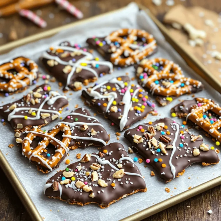 - 2 cups pretzel sticks - 1 cup semi-sweet chocolate chips - 1 cup white chocolate chips - 1/2 cup crushed nuts (almonds, peanuts, or walnuts) - 1/4 cup sprinkles (optional) - Sea salt to taste The key to making chocolate covered pretzel bark is using simple, tasty ingredients. First, gather your pretzel sticks, as they add crunch. You will need semi-sweet chocolate chips for rich flavor. White chocolate chips add a sweet contrast. Optional add-ins can make your bark special. I love adding crushed nuts for extra texture. Almonds, peanuts, or walnuts work well. If you want some fun, sprinkle colorful sprinkles on top. A dash of sea salt enhances the taste. These ingredients make a great base for your bark. Feel free to mix and match to suit your taste! - Prepare the Baking Sheet: Line a baking sheet with parchment paper. This helps the bark not stick. - Melt the Chocolate: In a microwave-safe bowl, melt the semi-sweet chocolate chips. Heat in 30-second bursts. Stir between each burst until smooth. Repeat this for the white chocolate chips in a separate bowl. - Combine Pretzels and Chocolate: Take a large bowl and pour the melted semi-sweet chocolate over the pretzel sticks. Use a spatula to mix gently. Make sure all the pretzels get coated well. - Spread on the Baking Sheet: Pour the chocolate-covered pretzels onto your prepared baking sheet. Spread them out evenly. This ensures every bite has the right balance. - Drizzle White Chocolate: Use a spoon or piping bag to drizzle melted white chocolate over the pretzel layer. Create a fun zigzag pattern for a pretty look. - Add Toppings: While the chocolate is still warm, sprinkle crushed nuts and optional sprinkles on top. A light touch of sea salt adds a nice contrast. - Chill Until Set: Place the baking sheet in the fridge for about 30 minutes. Wait until the chocolate is hard. - Break into Pieces: Once set, take the bark out of the fridge. Break it into pieces that are the size you like. Enjoy your tasty treat! To melt chocolate well, use a microwave-safe bowl. Microwave the chocolate chips in short bursts. Start with 30 seconds, then stir. Repeat this until smooth. Stirring helps the heat spread evenly. Be careful not to overheat the chocolate. If it gets too hot, it can seize. Seizing happens when chocolate cools too quickly. It will become thick and clumpy. To avoid this, use low heat and stir often. Another way to melt chocolate is a double boiler. Fill a pot with water and heat it. Place a bowl on top, making sure it does not touch the water. Stir the chocolate until it melts smoothly. You can make different flavors of bark. Use dark chocolate or milk chocolate instead of semi-sweet. Each type of chocolate gives a unique taste. Add nuts for crunch. Almonds, peanuts, or walnuts all work well. You can also mix in candies, like M&Ms or Reese's Pieces. Dried fruits, such as cranberries or raisins, add a sweet twist. Feel free to sprinkle in spices, like cinnamon or sea salt, for extra flavor. These little changes can make your bark special and unique. {{image_2}} You can easily change the flavor of your chocolate covered pretzel bark. One fun option is dark chocolate pretzel bark. Just swap the semi-sweet chocolate chips for dark chocolate chips. Dark chocolate gives a richer taste. It pairs perfectly with the saltiness of the pretzels. Another great twist is the peanut butter chocolate variation. Simply mix in some peanut butter with your melted chocolate. This adds a creamy texture and nutty flavor. You can also drizzle some peanut butter on top for extra fun. Make your bark festive with holiday-themed toppings. Use red and green sprinkles for Christmas or pastel colors for Easter. These sprinkles bring a cheerful look to your treats. For festive packaging ideas, consider using small clear bags tied with a ribbon. You can also use decorative boxes. Adding a personal note can make your treats feel even more special. These small touches make great gifts for friends and family. To keep your chocolate covered pretzel bark fresh, store it in an airtight container. I recommend using a glass or plastic container with a tight lid. Layer pieces of bark with parchment paper to prevent sticking. This method also helps keep the bark from breaking. If you have a lot, consider breaking it into smaller portions and storing them separately. This way, you can grab a piece whenever you want a treat! Chocolate covered pretzel bark stays fresh for about two weeks at room temperature. If you store it in the fridge, it can last up to a month. Watch for signs of spoilage. If the chocolate looks dull or white, it may have bloomed. While it’s still safe to eat, the texture and taste may change. If you notice any off smells or odd textures, it’s best to toss it. To make chocolate covered pretzel bark, start with a baking sheet. Line it with parchment paper. This helps the bark not stick. Next, melt your semi-sweet chocolate chips in a bowl. Do this in 30-second bursts, stirring until smooth. Do the same with white chocolate chips in another bowl. In a large bowl, mix the pretzel sticks with the melted semi-sweet chocolate. Spread this mixture on your baking sheet. Drizzle the white chocolate over the top in a zigzag pattern. Add crushed nuts and sprinkles if you like. Finally, sprinkle some sea salt and chill it in the fridge for 30 minutes. Once it sets, break it into pieces. Yes, you can use different types of chocolate! Dark chocolate offers a richer flavor. Milk chocolate will make it sweeter. You can even mix chocolates for a unique taste. Each type of chocolate melts differently, so keep an eye on it. Dark chocolate may need less time to melt, while milk chocolate can be creamier. Choose what you enjoy most! You can find pre-made chocolate covered pretzel bark in stores and online. Look at local candy shops or gourmet grocery stores. These places often have high-quality options. For online shopping, check sites like Amazon or specialty food websites. They usually have a variety of flavors. Don't forget to read reviews to find the best quality! You now know how to make delicious chocolate-covered pretzel bark. We covered key ingredients, step-by-step instructions, and tips for a drool-worthy treat. You can easily customize your bark to fit your taste. Remember to store it well to keep it fresh. Whether it's a snack or gift, your pretzel bark will impress. Enjoy your sweet creation and share it with others!