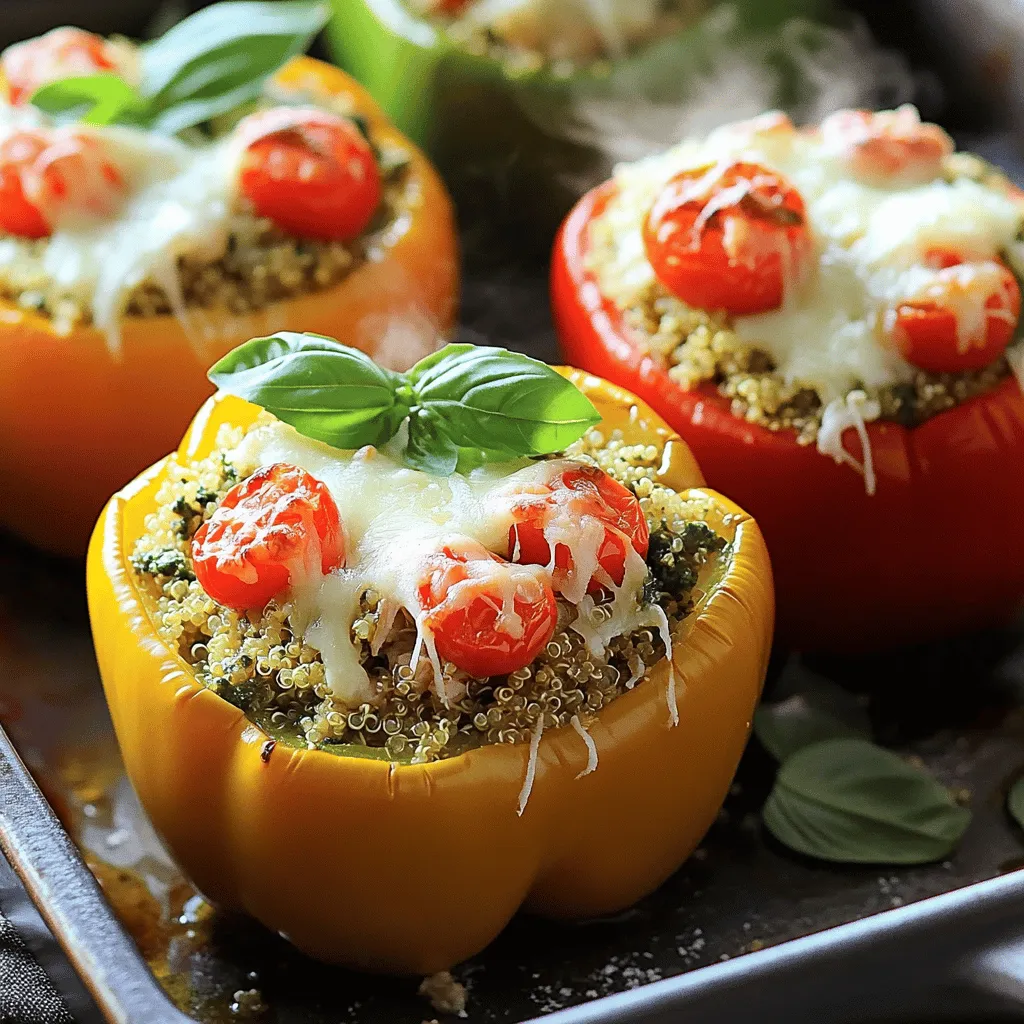 - 4 large bell peppers (any color) - 2 cups cooked chicken, shredded - 1 cup basil pesto - 1 cup cooked quinoa or rice - 1 cup cherry tomatoes, halved - 1 cup mozzarella cheese, shredded - 1/4 cup grated Parmesan cheese - Salt and pepper to taste - Fresh basil leaves (optional) When I make Pesto Chicken Stuffed Peppers, I love using bright bell peppers. They add color and taste. You can choose red, yellow, green, or orange peppers. Each has its own flavor. The cooked chicken is key for a hearty filling. Shredding it makes it mix well with the other ingredients. I always use fresh basil pesto. It gives a rich, herby taste that shines in this dish. I like to add quinoa or rice for extra texture. Both options work great. The cherry tomatoes add a sweet burst of flavor. For that cheesy goodness, I use mozzarella and Parmesan. They melt beautifully on top. After all, who doesn’t love cheese? Don't forget to season with salt and pepper. This step makes all the flavors pop. You can also garnish with fresh basil if you want. It adds a lovely touch and extra flavor. - Step 1: Preheat the oven to 375°F (190°C). - Step 2: Cut the tops off the bell peppers and remove seeds and membranes. Place them upright in a baking dish. - Step 3: In a large bowl, combine shredded chicken, basil pesto, cooked quinoa or rice, halved cherry tomatoes, half of the mozzarella cheese, and Parmesan cheese. Mix well. - Step 4: Season this filling with salt and pepper to taste. - Step 5: Carefully stuff each bell pepper with the chicken mixture. Press down gently to pack it in. - Step 6: Sprinkle the remaining mozzarella cheese on top of each stuffed pepper. - Step 7: Pour a small amount of water into the bottom of the baking dish to help steam the peppers. Cover the dish with aluminum foil. Bake for 25 minutes. After 25 minutes, remove the foil and bake for an additional 10-15 minutes. The peppers should be tender and the cheese bubbly and golden. - Ensure peppers are upright in the baking dish for even cooking. - Compact the filling for a more satisfying bite. Packing the filling tightly helps keep all the flavors together. When you bite into the pepper, you want to taste all the goodness inside. Using a spoon or your fingers works well for this. Make sure the peppers stand straight so they cook evenly. This way, each pepper gets that nice, tender texture. - Substitute quinoa with rice or couscous. - Use different cheeses based on preference. You can switch the quinoa for rice or couscous. Each option gives a different taste and texture. Choose the cheese you love best. Mozzarella is creamy, but cheddar or feta can add unique flavors. Don't hesitate to mix and match until you find your favorite! - Add spices or herbs to the stuffing mix. - Drizzle with balsamic glaze before serving. To boost the flavor, try adding spices like garlic powder or Italian seasoning. Fresh herbs like parsley or thyme can brighten the dish. A drizzle of balsamic glaze adds a nice sweet-tangy finish. It makes the peppers look fancy and taste great! {{image_2}} You can easily make this dish vegetarian. Just replace the chicken with chickpeas or tofu. Both options add protein and a nice texture. Chickpeas give a slightly nutty taste, while tofu absorbs the flavors of pesto well. Want to switch things up? Try different pesto flavors. Sun-dried tomato pesto adds a rich, sweet taste. Spinach pesto offers a fresh and vibrant flavor. Each version will give your stuffed peppers a unique twist. Feel free to get creative with your stuffing. Incorporate vegetables like spinach, mushrooms, or zucchini. These additions bring extra nutrients and flavor. Mixing in these veggies can also add color and freshness to your dish. To store leftovers, let the stuffed peppers cool first. Then, place them in an airtight container. You can keep them in the refrigerator for up to four days. This keeps the flavors fresh and tasty. For freezing, wrap each stuffed pepper in plastic wrap. Then, put them in a freezer-safe bag. They freeze well for up to three months. When you’re ready to eat, thaw them overnight in the fridge. To reheat, bake them at 350°F (175°C) for about 25 minutes until hot. These pesto chicken stuffed peppers pair great with a simple green salad. You can also serve them with a side of garlic bread for a hearty meal. For a light touch, a drizzle of balsamic glaze adds a nice flavor contrast. Yes, you can prep them early. Just stuff the peppers and cover them. Store in the fridge for up to 24 hours. This way, the flavors will blend nicely. When ready, bake them as directed. You have many options for pesto alternatives. Try sun-dried tomato pesto for a richer flavor. Spinach or arugula pesto also works well. You can even make a nut-free pesto with avocado. Each option brings a unique taste to your dish. To keep peppers firm, follow these tips: - Bake them upright in a shallow dish. - Add a bit of water to the dish for steam. - Don’t overcook them; check for tenderness. - Consider parboiling the peppers for a few minutes before stuffing. These steps help maintain a great texture. In this post, we explored how to make Pesto Chicken Stuffed Peppers. We covered key ingredients like chicken, pesto, and quinoa, along with additional flavors such as cherry tomatoes and cheese. You learned step-by-step instructions for preparation and baking, plus helpful tips for stuffing and cooking. Remember, you can adapt the recipe for vegetarian options or different flavor profiles. Enjoy this nutritious dish, and share it with friends for a fun cooking experience! Your meals can be delicious and simple, so get started today!