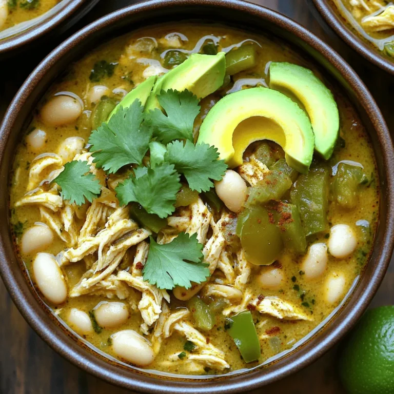 For this tasty dish, you need these ingredients: - 1.5 lbs boneless, skinless chicken thighs - 2 cups white beans (canned or soaked overnight) - 1 medium onion, finely chopped - 3 cloves garlic, minced - 1 green bell pepper, diced - 1 jalapeño, minced (optional: adjust for spice) - 2 cups tomatillo salsa or green salsa - 4 cups chicken broth - 2 teaspoons ground cumin - 1 teaspoon smoked paprika - Salt and pepper to taste - 1 cup cilantro, chopped (for garnish) - Avocado slices (for serving) - Lime wedges (for serving) You can swap some ingredients to make this chili your own. Here are a few ideas: - Chicken Thighs: Use chicken breasts if you prefer leaner meat. - White Beans: Any white beans work, like navy or cannellini. - Tomatillo Salsa: Try green salsa or homemade green sauce if needed. - Jalapeño: Use bell pepper for no heat or a serrano for more spice. - Cilantro: If you dislike cilantro, parsley is a good substitute. Choosing fresh, high-quality ingredients makes a big difference. Here’s how to pick the best: - Chicken: Look for bright pink meat with no dark spots. - Beans: If using dried beans, soak them overnight for best texture. - Vegetables: Choose firm onions and bell peppers with smooth skin. - Salsa: Select a salsa with fresh ingredients for a bright flavor. - Spices: Check the expiration date to ensure they are fresh and potent. These tips will help you create a delicious and satisfying chili verde. To start, gather all your ingredients. You will need: - 1.5 lbs boneless, skinless chicken thighs - 2 cups white beans (canned or soaked overnight) - 1 medium onion, finely chopped - 3 cloves garlic, minced - 1 green bell pepper, diced - 1 jalapeño, minced (optional: adjust for spice) - 2 cups tomatillo salsa or green salsa - 4 cups chicken broth - 2 teaspoons ground cumin - 1 teaspoon smoked paprika - Salt and pepper to taste - 1 cup cilantro, chopped (for garnish) - Avocado slices (for serving) - Lime wedges (for serving) Next, chop the onion and garlic. Dice the green bell pepper, too. If you want some heat, mince the jalapeño. I like to add it for a nice kick. Now, place the chicken thighs at the bottom of your slow cooker. Add the white beans, chopped onion, minced garlic, diced green bell pepper, and jalapeño on top. Pour the tomatillo salsa over everything. Then, add the chicken broth. Sprinkle cumin, smoked paprika, salt, and pepper on top. Stir gently to mix. Make sure the chicken is covered in the liquid. Cover the slow cooker. Cook on low for 6-8 hours or on high for 3-4 hours. The chicken should be tender and cooked through. After cooking, it's time to shred the chicken. Use two forks to pull the chicken apart right in the pot. Stir everything together until mixed well. Taste your chili and adjust the seasoning if needed. You can add more salt or spices to enhance the flavor. Serve your chili hot. Top it with chopped cilantro, avocado slices, and lime wedges. Enjoy your delicious Slow Cooker White Bean Chicken Chili Verde! To get the most flavor from your white bean chicken chili verde, use fresh ingredients. Fresh garlic and onions make a big difference. If you want more heat, add a bit more jalapeño. I love using tomatillo salsa because it gives a bright flavor. You can taste the blend of spices with cumin and smoked paprika. If you want a richer taste, add some lime juice right before serving. This little touch brightens everything. Slow cookers can be tricky, but they are great tools. Always cut your veggies and meat to a similar size. This helps them cook evenly. Make sure to layer ingredients in the right order. Start with the chicken at the bottom, then add beans and veggies. Pour salsa and broth on top. Keep the lid on during cooking. Every time you lift it, heat escapes. This can make your dish take longer to cook. Serve your chili in deep bowls for a cozy feel. Top each bowl with fresh cilantro for color. Add creamy avocado slices for a smooth texture. Lime wedges on the side add a zesty kick. You can also serve it with tortilla chips. They give a nice crunch and balance the soft beans. For a special touch, add a dollop of crema on top. This makes it look and taste gourmet. {{image_2}} You can easily adjust the heat in your Slow Cooker White Bean Chicken Chili Verde. If you like spice, add more jalapeños or even a pinch of cayenne pepper. For a milder version, skip the jalapeños or use a sweet bell pepper instead. You can also serve hot sauce on the side. This way, everyone can customize their bowl. While white beans are great, you can swap them for other beans. Try using black beans or pinto beans for a twist. You can also mix different beans for added texture and flavor. Just make sure to adjust cooking time if you use dried beans. Soaked beans need more time to cook than canned beans. Storing leftovers is simple. Place the chili in an airtight container. It will last in the fridge for about 3 to 5 days. For longer storage, freeze the chili in freezer-safe bags or containers. It stays fresh for up to three months. When reheating, warm it on the stove or in the microwave. Add a splash of broth if it’s too thick. Enjoy your chili again with ease! To store your chili verde, let it cool first. Once cool, pour it into a sealed container. Use glass or plastic containers with lids. This keeps the chili fresh and safe. Store it in the fridge for up to four days. Keep an eye on it. If it smells off or looks strange, toss it out. If you want to freeze chili verde, it’s easy! Use freezer-safe containers or bags. Make sure to leave some space at the top. Chili expands when it freezes. You can freeze it for up to three months. When you’re ready to eat, let it thaw in the fridge overnight. Reheating chili verde is simple. You can use the microwave or the stove. If using a microwave, heat it in short bursts. Stir in between to heat evenly. If using the stove, heat it in a pot over low heat. Add a splash of chicken broth if it’s too thick. Stir until hot. Enjoy your delicious chili! Yes, you can! Chicken is great, but try pork or turkey too. Each meat adds a unique taste. If you use a different meat, adjust the cooking time. For example, pork may need a bit longer. Always ensure the meat reaches a safe temperature. Your chili can last up to four days in the fridge. Store it in an airtight container. Make sure it cools before you seal it. If you want to keep it longer, consider freezing it. Frozen chili lasts for three months. This chili pairs well with many sides. Try serving it with rice, cornbread, or tortilla chips. You can also add a side salad for crunch. For a fun twist, top with avocado or sour cream. Lime wedges add a fresh kick! In this blog post, we covered essential ingredients for making Chili Verde, including the complete list and helpful substitutions. I shared step-by-step instructions, cooking tips, and variations to suit your taste. You learned how to store leftovers and answers to common questions. Embrace these tips to create a tasty meal. Enjoy your cooking journey, and have fun exploring flavors! The right choices can make your Chili Verde shine!