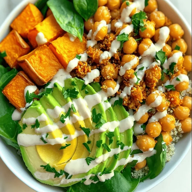 To make your Sweet Potato Chickpea Buddha Bowl, you will need the following ingredients: - 1 large sweet potato, peeled and diced - 1 can (15 oz) chickpeas, drained and rinsed - 2 cups cooked quinoa - 1 cup baby spinach - 1 avocado, sliced - 2 tablespoons olive oil - 1 teaspoon smoked paprika - 1 teaspoon cumin - Salt and pepper to taste - 2 tablespoons tahini - 1 tablespoon lemon juice - Chopped fresh parsley for garnish You can enhance your Buddha Bowl with these tasty toppings: - Sliced radishes for crunch - Cherry tomatoes for sweetness - Cucumber slices for freshness - Feta cheese for a creamy touch - Nuts or seeds for added texture This bowl is a powerhouse of nutrients. Here's why each key ingredient is a winner: - Sweet Potatoes: They are high in fiber and rich in vitamins A and C. - Chickpeas: Packed with protein and iron, they help keep you full. - Quinoa: A complete protein, it contains all nine essential amino acids. - Spinach: This leafy green is full of iron, calcium, and vitamins. - Avocado: Full of healthy fats, it supports heart health. This combination gives you a balanced meal that fuels your body well. First, you will want to prep your ingredients. Start by peeling the large sweet potato. Once peeled, dice it into small cubes. This helps them cook evenly. Next, grab your can of chickpeas. Drain them in a colander and rinse them under cold water. This removes extra salt and preserves their flavor. Lastly, gather your other ingredients, like quinoa, spinach, avocado, and spices. Having everything ready makes cooking easier and faster. To cook the sweet potatoes, preheat your oven to 425°F (220°C). In a large bowl, toss the diced sweet potatoes with 1 tablespoon of olive oil. Add the smoked paprika, cumin, salt, and pepper. Mix well to coat every piece. Spread the sweet potatoes on a baking sheet in a single layer. Roast them for 25-30 minutes. Flip them halfway through to ensure even cooking. They should come out tender and slightly caramelized. While the sweet potatoes are roasting, heat a pan over medium heat. Add 1 tablespoon of olive oil and the rinsed chickpeas. Sprinkle in a pinch of salt and pepper. Sauté the chickpeas for about 5-7 minutes until they turn slightly crispy. This adds a nice texture to your bowl. Now it's time to assemble your Buddha bowl. Start with the cooked quinoa. Divide it among your serving bowls. Next, top each bowl with the roasted sweet potatoes and sautéed chickpeas. Add a handful of fresh baby spinach to each bowl. Then, place a few slices of avocado on top for creaminess. Drizzle the tahini dressing over everything. To make the dressing, whisk together tahini, lemon juice, and water in a small bowl. Finally, garnish with chopped fresh parsley for a pop of color. For a great look, arrange each ingredient neatly to create a colorful display. To get sweet potatoes just right, start by cutting them into even pieces. This helps them cook evenly. Toss the sweet potatoes with olive oil, smoked paprika, cumin, salt, and pepper. Lay them flat on a baking sheet. Roast them at 425°F (220°C) for 25-30 minutes. Flip them halfway to achieve that golden caramelization. For crispy chickpeas, pat them dry after rinsing. Heat olive oil in a pan over medium heat, add the chickpeas, and cook for 5-7 minutes. This will give them a nice crunch. When serving your Buddha bowl, make it colorful and fun. Start with a base of cooked quinoa. Then, add a layer of roasted sweet potatoes and crispy chickpeas. Next, pile on fresh baby spinach and avocado slices. You can sprinkle chopped parsley on top for a fresh touch. Pair your bowl with a side of lemon wedges for an extra zing. You might also enjoy some crusty bread or a light salad with it. While tahini dressing is a star, you can mix it up! Try a yogurt-based dressing for a creamy twist. Combine Greek yogurt, lemon juice, and a pinch of salt for a fresh taste. You can also use a simple vinaigrette. Mix olive oil, lemon juice, salt, and pepper for a tangy option. For a spicy kick, add some sriracha or chili flakes to your tahini. Each dressing brings its own flavor to your Buddha bowl! {{image_2}} You can easily switch ingredients to fit your taste. If you want a different base, use rice or farro instead of quinoa. For a creamy touch, try using roasted butternut squash in place of sweet potatoes. If you're not a fan of chickpeas, swap them for black beans or lentils. These swaps keep the bowl fresh and fun. This Buddha bowl can fit many diets. To make it gluten-free, ensure your grains are certified gluten-free. For nut-free options, check your tahini or try sunflower seed butter instead. If you want a lower-carb meal, replace quinoa with cauliflower rice. These simple changes make the dish suitable for everyone. Want to boost the flavor? Add fresh herbs like cilantro or dill. A sprinkle of feta or goat cheese can give a tangy kick. For a spicy twist, try adding cayenne pepper or red pepper flakes. You can also drizzle some sriracha or a spicy sauce to add heat. Experiment with these flavors to make your bowl truly yours. To keep your Sweet Potato Chickpea Buddha Bowl fresh, store leftovers in an airtight container. Put the bowl in the fridge within two hours after cooking. This helps prevent germs. Keep the quinoa, sweet potatoes, chickpeas, and spinach separate if you can. This way, each part stays fresh longer. You can enjoy your meal for up to three days. When it's time to eat, reheating is easy. Use the microwave for quick warming. Place the quinoa, sweet potatoes, and chickpeas in a bowl. Heat for 1-2 minutes, stirring halfway. This helps them warm evenly. If you prefer the oven, set it to 350°F (175°C). Spread the components on a baking sheet. Bake for about 10-15 minutes. This keeps the texture nice and crispy. You can freeze the components for later meals. First, let them cool completely. Then, put each part in freezer-safe bags. Label the bags with dates. You can freeze them for up to three months. To enjoy later, thaw the components overnight in the fridge. Reheat them as described above. This way, you can enjoy a healthy meal anytime! Yes, you can make this recipe ahead of time. Start by roasting the sweet potatoes and sautéing the chickpeas. Let them cool, then store them separately in the fridge. You can keep them for up to four days. Cook your quinoa and store it in an airtight container as well. When ready to eat, just reheat the sweet potatoes and chickpeas. Assemble your bowl with fresh spinach, avocado, and tahini dressing. This method saves time and keeps your meals fresh. To add spice to your bowl, try using cayenne pepper or red pepper flakes. You can sprinkle these on the sweet potatoes before roasting. If you like sauces, drizzle some hot sauce over the finished bowl. Another option is to mix sriracha into your tahini dressing for a creamy, spicy kick. Adjust the spice level to your taste. Enjoy exploring different heat levels! If you don't have tahini, you can use almond butter or peanut butter. They give a nice creaminess too. Another option is to blend sunflower seeds with a bit of water and lemon juice. This will mimic tahini's texture and flavor. Greek yogurt also works if you want a tangy taste. Feel free to experiment with these options to find what you love best! This blog post covered how to make a delicious Buddha bowl. We discussed key ingredients like sweet potatoes, chickpeas, and quinoa. You learned preparation and cooking steps for perfect results. We shared tips for serving and dressing variations. You can adapt the recipe for different diets and flavors. In the end, Buddha bowls are fun and healthy meals. Enjoy experimenting with your favorite ingredients!