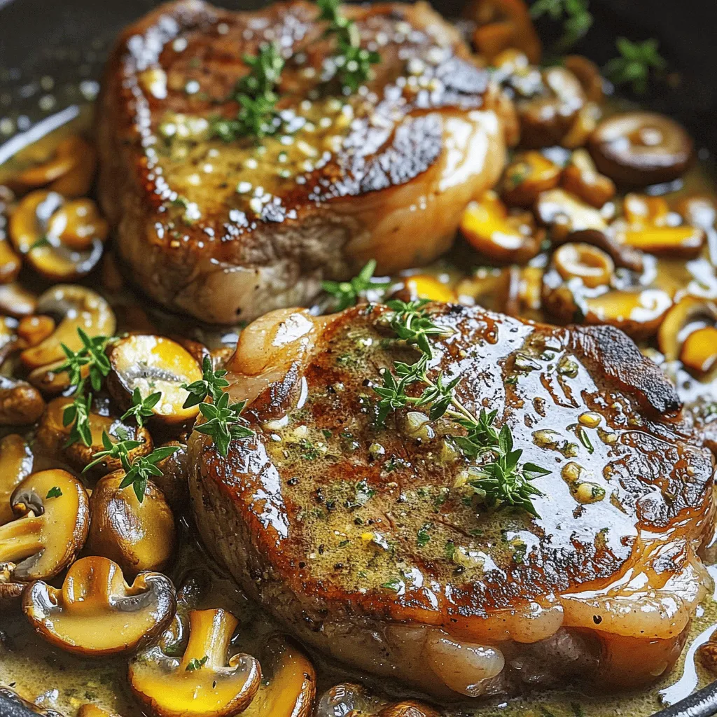 - 2 ribeye steaks (about 1-inch thick) - 8 oz cremini mushrooms, sliced - 4 cloves garlic, minced - 4 tablespoons unsalted butter - 2 tablespoons olive oil Ribeye steaks are rich and juicy. They bring great flavor to this dish. Choose steaks about one inch thick for best results. Cremini mushrooms add earthiness and depth. They pair well with the garlic and butter. Fresh garlic gives a bold taste. It adds aroma while cooking. Butter provides richness and helps create a lovely sauce. Olive oil is perfect for searing. It has a high smoke point, which is ideal for cooking steaks. - Salt and pepper to taste - 1 teaspoon fresh thyme leaves (or ½ teaspoon dried thyme) - Fresh parsley, chopped, for garnish Salt and pepper are key for flavor. They enhance the taste of the steak and mushrooms. Fresh thyme adds a hint of herbal notes. It brings brightness to the dish. Fresh parsley is a great garnish. It adds color and freshness to the plate. Always taste as you cook to adjust the seasoning. This will help ensure a delicious meal every time. Bringing to Room Temperature Take the ribeye steaks out of the fridge. Let them sit for about 30 minutes. This helps the meat cook evenly. Seasoning the Steaks Pat the steaks dry with a paper towel. Generously season both sides with salt and pepper. This simple step adds great flavor. Searing Technique Heat olive oil in a large skillet over medium-high heat. Once hot, carefully place the steaks in the skillet. Sear one side for 4-5 minutes. Look for a golden crust. Adjusting for Doneness Flip the steaks and sear the other side for 3-4 minutes for medium-rare. If you like it more done, adjust cooking times. Remove the steaks and cover them with foil to keep warm. Cooking Method In the same skillet, reduce heat to medium. Add the sliced cremini mushrooms. Sauté them for about 5 minutes until they soften and release moisture. Timing and Texture You want the mushrooms to be tender but not mushy. Stir them occasionally for even cooking. Adding Garlic and Thyme Push the mushrooms to one side of the skillet. Add the butter and minced garlic to the empty side. Let the butter melt, then mix the garlic with the mushrooms. Sprinkle in the thyme. Final Cooking Steps Cook for an additional 2-3 minutes. This allows the garlic to become fragrant. Return the steaks to the skillet and spoon some mushroom mixture over them. Let it cook for another minute on low heat to meld the flavors. Using a Meat Thermometer A meat thermometer helps you cook steak just right. For medium-rare, aim for 130°F. Insert the thermometer in the thickest part of the steak. This step ensures juicy and tender meat every time. Choosing the Right Thickness Select ribeye steaks that are about 1-inch thick. This thickness gives you a nice sear while keeping the inside tender. Thicker steaks need more time, while thinner steaks cook faster. Choosing Fresh vs. Dried Herbs Fresh thyme adds a bright flavor that dried herbs can't match. Use 1 teaspoon of fresh thyme leaves. If you only have dried thyme, use ½ teaspoon. Fresh herbs give depth to your dish. Cooking Time Recommendations Sauté mushrooms for about 5 minutes until soft. This time allows them to release moisture. After that, add garlic and thyme. Cook for 2-3 more minutes to build flavor. Recommended Side Dishes Pair your steak with roasted vegetables or mashed potatoes. A simple green salad adds freshness. These sides complement the rich flavors of the steak and mushrooms. Pairing with Wine Choose a bold red wine, like Cabernet Sauvignon. It matches the richness of the steak. A glass of this wine enhances your meal and makes it feel special. {{image_2}} If you want to switch things up, try using other cuts of steak. Ribeye is great, but you can use sirloin or flank steak. These cuts may be leaner but still hold flavor. Sirloin has a nice beefy taste, while flank is perfect for marinating. Each option brings a unique texture and flavor. You can swap out cremini mushrooms for other types. Button mushrooms are mild and tender. They are easy to find and work well in this dish. Portobello mushrooms add a meaty texture and a rich flavor. Slice them thick for a hearty bite. Both options will still taste fantastic with garlic and butter. Feel free to add more veggies to your skillet. Asparagus or bell peppers can add color and crunch. Zucchini or spinach can bring a fresh twist. Just sauté them along with the mushrooms. This adds flavor and nutrition. You can create a colorful and tasty meal with these additions. To keep your Garlic Butter Mushroom Steak Skillet fresh, store leftovers in the fridge. Place the steak and mushrooms in an airtight container. Make sure to cool them to room temperature first. They will stay good for up to three days. Label the container with the date to track freshness. When it's time to enjoy your leftovers, reheating is key. Use a skillet for best results. Warm it on low heat to avoid drying out the steak. Add a splash of broth or water to keep moisture. Stir the mushrooms gently. This helps maintain flavor and texture. If you want to save some for later, freezing works well. Wrap the steak and mushrooms tightly in plastic wrap. Then, place them in a freezer bag. Remove as much air as possible. They can freeze for up to three months. When ready to eat, thaw in the fridge overnight before reheating. To know if your steak is done, use these cooking times: - Rare: 120°F internal temperature, about 2-3 minutes per side. - Medium Rare: 130°F, about 4-5 minutes per side. - Medium: 140°F, about 6-7 minutes per side. - Medium Well: 150°F, about 8-9 minutes per side. - Well Done: 160°F, about 10-11 minutes per side. You can also use a meat thermometer for accuracy. This tool helps you get perfect doneness every time. Yes, you can make this dish without mushrooms. Some alternatives include: - Zucchini slices - Bell peppers - Asparagus - Spinach These options add flavor and texture. Choose what you like best or have on hand. Here are some ideal side dishes to serve: - Mashed potatoes - Roasted vegetables - Garlic bread - A fresh salad These sides balance the rich flavors of the steak and mushrooms. They also help round out your meal. To keep your steak juicy, follow these tips: - Let the steak rest after cooking. This helps the juices redistribute. - Avoid cutting into the steak right away. Let it sit for about 5-10 minutes. - Use a meat thermometer for perfect doneness. Overcooking can dry it out. These methods ensure a tender, juicy steak every time. In this blog post, I covered key ingredients like ribeye steak, cremini mushrooms, and garlic. I shared step-by-step instructions for preparing, cooking, and combining flavors. You learned tips for perfectly cooked steak and enhancing mushroom taste. I also offered variations and best storage practices. Cooking can be simple and fun. With these steps, you can enjoy a great meal. Happy cooking!